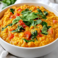 - 1 cup red lentils, rinsed - 1 onion, finely chopped - 3 cloves garlic, minced - 1-inch piece of ginger, grated - 1 can (14 oz) coconut milk - 1 can (14 oz) diced tomatoes - 2 tablespoons curry powder - 1 teaspoon turmeric - 1 teaspoon cumin - 1 tablespoon vegetable oil - 2 cups vegetable broth - 1 cup spinach leaves - Salt and pepper to taste - Fresh cilantro for garnish For this creamy red lentil curry, the ingredients are very important. Each one adds a unique flavor. The red lentils give protein and texture. Coconut milk adds creaminess and a hint of sweetness. Diced tomatoes add acidity and balance. Spices like curry powder, turmeric, and cumin bring warmth and depth. Aromatics such as onion, garlic, and ginger build a strong base for the dish. Vegetable broth makes the curry rich and hearty. Fresh spinach adds color and nutrients. Salt and pepper bring out all the flavors. Finally, cilantro makes a lovely garnish, adding freshness. Gather these ingredients to create a delicious and comforting meal. Each one plays a role in making this curry both tasty and satisfying. You can find most of these ingredients in your local grocery store or pantry. Enjoy the cooking process! {{ingredient_image_1}} - Sautéing the onion First, heat vegetable oil in a large pot over medium heat. Add the finely chopped onion. Sauté for about 5 minutes until it turns soft and clear. This step builds the base flavor for your curry. - Adding garlic and ginger Next, stir in the minced garlic and grated ginger. Cook them for 2 minutes. The smell will fill your kitchen and get your taste buds excited. - Toasting spices Now, add the curry powder, turmeric, and cumin. Stir them into the onion mix. Let it cook for about 1 minute. Toasting the spices brings out their rich flavors. - Incorporating tomatoes and broth Pour in the diced tomatoes with their juices. Add the vegetable broth next. Mix everything well. This makes a flavorful liquid for the lentils. - Adding red lentils Rinse the red lentils and add them to the pot. Stir to combine. Lentils will soak up all those tasty flavors as they cook. - Simmering the mixture Bring the mix to a boil, then lower the heat. Let it simmer uncovered for 20 minutes. Stir occasionally until the lentils are soft and the curry thickens. - Finishing touches with coconut milk and spinach Once the lentils are tender, mix in the coconut milk and spinach leaves. Cook for another 5 minutes until the spinach wilts. This adds creaminess and a pop of color to your dish. - Plating suggestions Serve the creamy red lentil curry hot in a bowl. Top it with fresh cilantro for a burst of freshness. - Accompaniments Pair your curry with fluffy rice or warm naan. These sides soak up the delicious sauce and complete the meal. Enjoy! - Achieving the right consistency: To get the perfect texture, let the curry simmer. The lentils should cook until soft but not mushy. If it’s too thick, add more broth or water. If too thin, simmer longer. - Adjusting spice levels: Start with the amount of curry powder in the recipe. Taste as you cook. Add more spices for heat or flavor. A pinch of chili powder can add warmth without overwhelming the dish. - Enhancing flavors with herbs: Fresh herbs make a big difference. Add cilantro at the end for a fresh taste. You can also use fresh mint for a unique twist. - Alternative legumes: If you don’t have red lentils, try yellow lentils or split peas. They will cook similarly, but may change the color and taste a little. - Dairy-free options: The coconut milk gives creaminess. If you need it lighter, swap with almond milk. It will still taste great but will be less rich. - Spice variances: If you want to try different flavors, use garam masala instead of curry powder. It adds a warm, complex taste. - Garnishing suggestions: A sprinkle of fresh cilantro on top adds color and flavor. You can also add a slice of lime for a zesty touch. - Best serving dishes: Serve your curry in a shallow bowl for a beautiful look. A wide plate can be nice too, especially with rice or naan alongside. Pro Tips Rinse Lentils: Always rinse red lentils before cooking to remove any dust or impurities, ensuring a cleaner final dish. Adjust Consistency: If the curry is too thick, add a little more vegetable broth or coconut milk to reach your desired consistency. Spice Level: For more heat, consider adding chopped chili peppers or a pinch of cayenne pepper when sautéing the onions. Fresh Garnish: Top the curry with fresh cilantro just before serving to enhance flavor and add a pop of color to the dish. {{image_2}} You can easily adapt your creamy red lentil curry to fit your taste. Here are some fun ideas: - Adding vegetables: Toss in diced carrots, bell peppers, or zucchini. They add color and nutrition. Try adding them early so they cook well. - Protein additions: For more heartiness, add cooked chicken or tofu. Tofu works great for a vegan option. Just cube it and add it with the lentils. - Different curry styles: Change the flavor by using different curry styles. For a Thai twist, use Thai curry paste instead of curry powder. Coconut milk pairs well with both styles. This recipe is very flexible and can meet different dietary needs: - Vegan and vegetarian options: This dish is already vegan and vegetarian. You can enjoy it without any changes! - Gluten-free modifications: All the ingredients are gluten-free. Be sure to check labels on packaged items. - Low-carb alternatives: For a low-carb version, skip the lentils. Use cauliflower rice instead to keep it filling without the carbs. To keep your creamy red lentil curry fresh, store it in an airtight container. Place the container in the refrigerator. It’s best to eat the leftovers within four to five days. If you have more than you can eat, freezing is a great option. Divide the curry into smaller portions. Use freezer-safe bags or containers. Label them with the date and freeze. Your curry can last up to three months in the freezer. When you’re ready to enjoy your curry again, reheating is easy. You can use the microwave or a pot on the stove. For the microwave, heat in short bursts, stirring in between. If using the stove, warm it over low heat. Add a splash of vegetable broth or coconut milk to keep it creamy. This will help maintain the right consistency. In the fridge, your creamy red lentil curry lasts about four to five days. Always check for signs of spoilage before eating. If you see mold or a strange smell, it’s time to throw it out. Freshness is key to enjoying its great flavor! Can I use dried lentils instead of canned? Yes, you can use dried lentils. Just rinse them well. You will need to cook them longer. Add them to the pot with the broth. Can I make this curry in advance? Absolutely! You can make this curry a day ahead. Just store it in the fridge. Reheat it when ready to serve. What is the best way to serve creamy red lentil curry? Serve it hot over rice or with naan. Top it with fresh cilantro for extra flavor. Caloric content per serving Each serving has about 300 calories. The curry is filling and satisfying. Key vitamins and minerals This dish is rich in fiber, iron, and vitamins A and C. It is good for your health. Why is my curry too thick? If your curry is too thick, add more vegetable broth. Stir well to combine the liquid. How to fix overly spicy curry? To reduce the spice, add a bit of coconut milk. You can also add more lentils or veggies to balance it out. In this blog post, we explored how to make a creamy red lentil curry. We covered essential ingredients like red lentils, coconut milk, and spices. The step-by-step instructions made it easy to prepare, cook, and serve this dish. I shared tips on consistency, flavor enhancement, and ingredient substitutions. Various recipe adaptations cater to different tastes and needs. Remember, storing leftovers properly extends their shelf life. This curry is versatile, healthy, and satisfying. Get ready to enjoy your next meal with these simple steps!