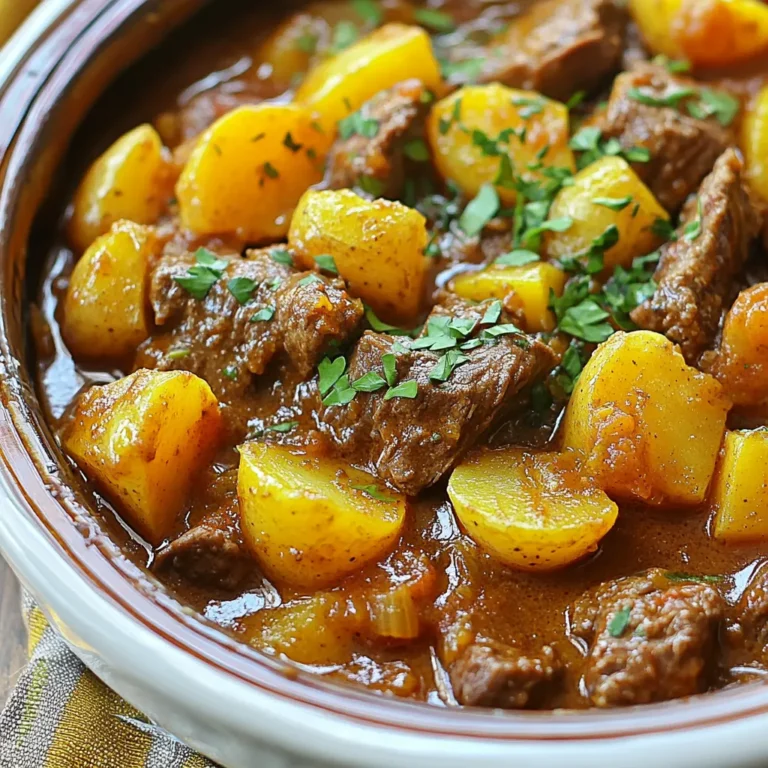- 1.5 lbs beef stew meat - 2 medium potatoes - 1 large onion - 3 cloves garlic For this dish, I use beef stew meat. It cooks well and becomes tender. Potatoes add a nice texture and flavor. Onions and garlic bring out the rich taste in the stew. - 2 teaspoons ground cumin - 1 teaspoon ground coriander - 1 teaspoon ground cinnamon - 1 teaspoon paprika - 1/2 teaspoon cayenne pepper (optional) The spices are key to making the tagine special. Cumin and coriander add warmth. Cinnamon gives a sweet note, while paprika adds color. If you like heat, cayenne is a great choice. - 1 can (14 oz) diced tomatoes - 1 cup beef broth - 1 cup dried apricots - 2 tablespoons olive oil - Salt and pepper to taste - Fresh cilantro or parsley for garnish Diced tomatoes and beef broth create a rich base. Dried apricots add sweetness and balance the spices. Olive oil helps with cooking, and fresh herbs brighten the dish. Adjust salt and pepper to your taste for the perfect finish. {{ingredient_image_1}} First, you need to brown the beef cubes. Heat the olive oil in your pot over medium heat. Once hot, add the beef cubes. Make sure to season them with salt and pepper. Brown the meat on all sides. This should take about 5 to 7 minutes. This step adds great flavor to your dish. Now it's time to sauté the aromatics. Add the finely chopped onion and minced garlic to the pot. Cook these until the onion looks translucent. This will take about 3 to 4 minutes. The smell will be amazing as the onion and garlic cook together. Next, you will add the spices. Stir in the ground cumin, coriander, cinnamon, paprika, and cayenne pepper if you like some heat. Cook the spices for 1 to 2 minutes until they become fragrant. This step brings warmth and depth to your tagine. Now, pour in the diced tomatoes along with their juice and the beef broth. Stir everything well, scraping any brown bits from the bottom of the pot. Bring this mixture to a simmer. This will help combine all the flavors together. After the mixture is simmering, add your diced potatoes and halved dried apricots. Stir them in gently. Cover the pot with a lid and reduce the heat to low. This allows the flavors to meld beautifully. Let the tagine cook slowly for about 1.5 to 2 hours. You want the beef to be tender and the flavors to blend well. Check on it occasionally and stir if needed. If it looks like it’s drying out, add a little water. Once the beef is tender, it's time for final touches. Taste the tagine and adjust the seasoning if needed. You can add more salt or pepper to fit your taste. This final step ensures your dish is just right before serving. How do you brown meat properly? Start by heating olive oil in your pot. Make sure the oil is hot before adding the beef. This helps create a nice crust. Place the beef in a single layer. Don’t overcrowd the pot. Brown the meat for about 5 to 7 minutes, turning to cook all sides. This step locks in flavor. How do you maintain flavor throughout cooking? Use fresh spices. Add them at the right time. Stir in spices after sautéing the onions and garlic. This releases their oils and enhances the taste. Also, scrape the brown bits from the pot when adding tomatoes and broth. This adds depth to your stew. What are some alternative meats or vegetables? You can use lamb or chicken instead of beef. Both give great flavor. For a vegetarian option, try chickpeas or lentils. They bring protein and texture. If you don’t have potatoes, sweet potatoes work well. They add sweetness and nutrition. What are the best sides to pair with tagine? Couscous is a classic choice. Its fluffy texture soaks up the sauce well. Crusty bread is another great option. It’s perfect for dipping. Serve a simple salad on the side for freshness. What are some garnishing ideas? Fresh herbs like cilantro or parsley brighten the dish. Add a few dried apricots on top for color. You can also sprinkle some toasted nuts for crunch. These small touches make your dish stand out. Pro Tips Marinate for Flavor: For enhanced flavor, consider marinating the beef in the spices and olive oil for a few hours or overnight before cooking. Adjust Sweetness: If you prefer a sweeter tagine, add a tablespoon of honey or more dried apricots to balance the savory flavors. Use Fresh Herbs: Experiment with fresh herbs like mint or cilantro to add a vibrant finish to your dish just before serving. Cook Low and Slow: For the best texture, ensure you cook the tagine on low heat for a longer time; this will make the beef incredibly tender. {{image_2}} You can use many types of meat in this dish. Lamb is a great choice. It adds a rich taste. Chicken works well too. It cooks quicker and is lighter. If you want a vegetarian option, try chickpeas or lentils. These add protein and texture. Each option changes the dish but keeps it tasty. Adjusting spice levels can change your tagine. If you like it spicy, add cayenne pepper. For a milder dish, skip it. You can also play with dried fruits. Try using raisins or dates instead of apricots. These fruits add sweetness and depth. Mixing fruits and spices can make your tagine unique. You can cook this dish in different ways. A slow cooker is perfect for busy days. Just add all the ingredients and let it cook. In about 6-8 hours, you will have a warm meal. If you use an Instant Pot, it will take less time. Cook on high pressure for about 35 minutes. This method keeps the meat tender and the flavors strong. You can keep leftover Moroccan beef and potato tagine in the fridge. It lasts about 3 to 4 days. Make sure to store it in an airtight container. This keeps the flavors fresh and safe to eat. If you want to freeze the tagine, let it cool first. Place it in a freezer-safe container or bag. It can stay in the freezer for up to 3 months. For best taste, try to remove as much air as possible. This helps prevent freezer burn. When you're ready to eat, thaw the tagine in the fridge overnight. To reheat, place it in a pot over medium heat. Stir often to help it warm evenly. If it's too thick, add a splash of beef broth or water. This keeps the flavors rich and delicious. A tagine is a special cooking pot from Morocco. It has a round base and a tall, conical lid. This shape helps steam cook the food. The lid keeps moisture inside, making dishes tender and flavorful. Tagines are often made from clay or ceramic. They are perfect for slow-cooking stews like Moroccan Beef and Potato Tagine. Yes, you can cook this dish without a tagine. Use a heavy pot or Dutch oven instead. These pots hold heat well and work just as good. Just make sure to cover the pot while cooking. This helps keep moisture in, just like a tagine does. You will know the beef is tender when it easily pulls apart with a fork. It should not be tough or chewy. Check the beef after two hours of cooking. If it feels soft, it's ready. The meat should also be juicy and flavorful at this point. You can serve this dish with warm couscous or crusty bread. Both soak up the delicious sauce well. You can also add a fresh salad or steamed vegetables for balance. Fresh herbs like cilantro or parsley make a great garnish too. This blog post covered how to make a delicious Moroccan beef and potato tagine. We discussed the main ingredients, including beef, potatoes, and spices. I shared step-by-step instructions to ensure your dish turns out perfect. As you cook, remember to adjust the flavors and explore variations. Don't hesitate to try new proteins or herbs. Making this dish is simple and rewarding. Enjoy the warm, rich flavors of your tagine with loved ones!