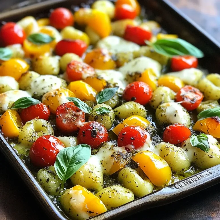 - 1 pound gnocchi (store-bought or homemade) - 1 cup cherry tomatoes, halved - 1 zucchini, sliced into half-moons - 1 bell pepper, diced (red or yellow for sweetness) - 1 cup green beans, trimmed and halved - 1 cup fresh basil pesto (store-bought or homemade) - 1 tablespoon olive oil - 1 cup mozzarella cheese, shredded - Salt and pepper to taste - Fresh basil leaves for garnish When choosing gnocchi, you can go for store-bought or make your own. Store-bought gnocchi offers convenience. It cooks quickly, and you can find many brands. If you choose to make your own, you can control the taste and texture. Homemade gnocchi is light and fluffy. For pesto, I recommend brands like Giovanni Rana or Barilla. They have great flavor and quality. If you want to make pesto, you’ll need fresh basil, garlic, pine nuts, Parmesan, and olive oil. You can add more veggies to your bake. Broccoli and asparagus work well. They add crunch and flavor. You can also boost the cheesy goodness by adding Parmesan. It melts nicely and gives a rich flavor. These add-ins can make your dish even more fun and tasty! {{ingredient_image_1}} 1. Start by preheating your oven to 400°F (200°C). This heat will bring out the best in the gnocchi and veggies. 2. Line a large baking sheet with parchment paper. This makes for easy cleanup. 3. In a mixing bowl, combine 1 pound of gnocchi, 1 cup of halved cherry tomatoes, 1 sliced zucchini, 1 diced bell pepper, and 1 cup of trimmed green beans. This mix brings color and flavor. 4. Drizzle 1 tablespoon of olive oil over the mixture. Add salt and pepper to taste. Toss everything to coat well. 5. Spread the gnocchi and vegetables evenly on your prepared baking sheet. This step allows them to roast nicely. 6. Bake in the preheated oven for 15 minutes. This phase softens the veggies and warms the gnocchi. 7. After 15 minutes, take the baking sheet out. Stir in 1 cup of fresh basil pesto until everything is coated. This adds a burst of flavor. 8. Next, sprinkle 1 cup of shredded mozzarella cheese over the top. 9. Return the sheet pan to the oven. Bake for another 10 to 15 minutes until the cheese is melted and bubbly. You want the cheese slightly golden for that perfect finish. 10. Check for doneness by ensuring the gnocchi is tender and the veggies are cooked. Once done, let it cool slightly before serving. 11. For garnish, add fresh basil leaves on top for a pop of color and flavor. To keep your gnocchi from being mushy, cook them just until they float. This means they are ready to be used. If you buy gnocchi, check the package for cooking times. When roasting vegetables, cut them into similar sizes. This helps them cook evenly. Spread them out on the pan, so they don't steam. A single layer works best for roasting. To boost flavor, add extra salt and pepper. You can also sprinkle garlic powder or onion powder for more taste. For a bit of heat, try crushed red pepper flakes. To bring in more herbs, toss in fresh parsley or thyme. These can add bright notes. You might also consider lemon zest for a fresh twist. Serve your gnocchi bake right from the sheet pan. It looks rustic and inviting. For a fancier touch, transfer it to a large platter. Drizzle some extra pesto on top for color. Pair this dish with a crunchy salad or garlic bread. A simple green salad balances the meal well. You can also add a light vinaigrette for zing. Pro Tips Use Fresh Ingredients: For the best flavor, opt for fresh vegetables and high-quality pesto. Fresh basil and ripe tomatoes will enhance the overall taste of your dish. Customize Your Veggies: Feel free to swap in your favorite vegetables or whatever you have on hand. Broccoli, asparagus, or spinach can be great additions to this dish. Adjust the Cheese: If you prefer a different type of cheese, try using feta, goat cheese, or a dairy-free alternative to cater to your taste or dietary needs. Make Ahead: You can prepare the gnocchi and vegetables in advance, toss them with olive oil and seasoning, and store them in the fridge until ready to bake for a quick weeknight meal. {{image_2}} For a gluten-free option, use gluten-free gnocchi. Many brands offer this now. You can find it in most grocery stores. Just check the package for the right cooking times. If you want a vegan dish, swap the mozzarella cheese for a vegan cheese. Look for shreds that melt well. Nutritional yeast can also add a cheesy flavor. You can switch up the pesto for a new taste. Try sun-dried tomato pesto for a rich flavor. This will give your dish a unique twist. You can also use arugula pesto for a peppery kick. Adding proteins can make this meal even heartier. Cooked chicken or shrimp works well. Just toss them in with the other ingredients. This will add extra flavor and nutrition. Feel free to use other seasonal vegetables. Broccoli, asparagus, or spinach can work great. They add color and nutrients to your bake. You can even mix different vegetables for variety. If you don’t have fresh veggies, frozen ones are fine. Just thaw them first and drain any excess water. This makes it easy and quick to prepare. To store leftovers in the fridge, let the dish cool first. Then, place it in an airtight container. This keeps the gnocchi fresh and tasty. Use the leftovers within three days for the best flavor. For freezing, let the dish cool completely. Transfer it to a freezer-safe container. You can freeze it for up to three months. When ready to eat, thaw it in the fridge overnight. Reheat in the oven at 350°F for about 20 minutes. This keeps the gnocchi soft and cheese melty. After cooking, the Pesto Gnocchi Sheet Pan Bake lasts about three to four days in the fridge. Always check for any signs of spoilage before eating. If it looks or smells off, it’s best to toss it out. This dish is quick and easy. It takes about 10 minutes to prep. The cooking process takes about 30 minutes. So, in total, you will spend around 40 minutes from start to finish. You can have a tasty meal ready in no time! Absolutely! Homemade pesto adds a fresh touch. Making your own pesto lets you control the taste. You can adjust the garlic, nuts, and cheese to fit your liking. To make it, blend fresh basil, garlic, nuts, olive oil, and cheese. Use a food processor for a smooth mix. Store it in the fridge for up to a week. This way, you always have great pesto on hand! Yes, it is very customizable! You can swap out veggies based on what you have. Try using broccoli or asparagus for a different taste. You can also add proteins like chicken or shrimp for extra heartiness. If you prefer a different cheese, feel free to change it up. You can even use a vegan cheese if you want a dairy-free option. This dish can fit anyone's taste! This blog post covers a tasty Pesto Gnocchi Sheet Pan Bake. We explored key ingredients, preparation, and cooking steps. I shared tips to improve texture and flavor, plus ideas for variations and storage. You have many ways to make this meal your own. Whether you opt for homemade pesto or add proteins, it’s all about personalizing your dish. Embrace the creativity in cooking and enjoy your next meal!