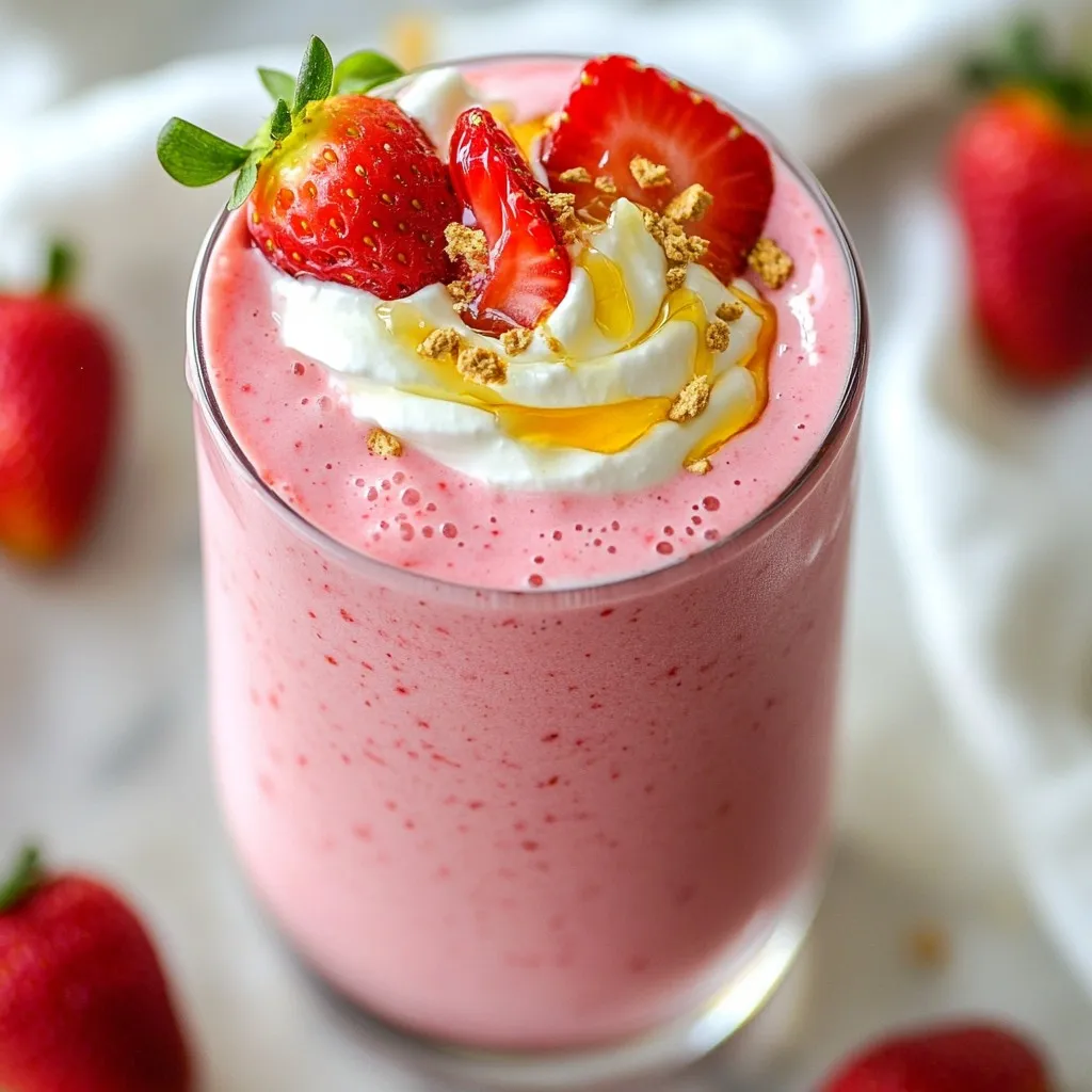 To make a Strawberry Cheesecake Smoothie, you'll need the following ingredients: - 1 cup fresh strawberries, hulled - 1/2 cup cream cheese, softened - 1/2 cup Greek yogurt - 1/2 cup milk (dairy or non-dairy) - 2 tablespoons honey or maple syrup (adjust to taste) - 1 teaspoon vanilla extract - A pinch of salt - Ice cubes (optional, for a chilled smoothie) These ingredients come together to create a rich and creamy drink. Fresh strawberries bring a bright flavor and natural sweetness. Cream cheese adds that cheesecake taste and creaminess. Greek yogurt gives a nice texture and boosts protein. Milk helps blend everything smoothly, while honey or maple syrup sweetens it just right. Vanilla extract adds warmth and depth, and a pinch of salt balances the flavors. Ice cubes are optional but can chill your smoothie for a refreshing treat. Gather these ingredients for a delightful smoothie that feels like dessert! {{ingredient_image_1}} - Blending strawberries: Start by adding one cup of fresh strawberries to your blender. Blend them until smooth. If you want some chunks, save a few pieces for later. This gives your smoothie a fun texture. - Adding additional ingredients: Next, add half a cup of softened cream cheese and half a cup of Greek yogurt. Pour in half a cup of milk, which can be dairy or non-dairy. Then, add two tablespoons of honey or maple syrup for sweetness. Don’t forget one teaspoon of vanilla extract and a pinch of salt to enhance the flavor. - Adjusting consistency with ice: Blend all the ingredients on high until they are creamy and smooth. If you want your smoothie colder, toss in some ice cubes. Blend again until you reach your desired thickness. - Serving suggestions: Once blended, taste your smoothie. If you want it sweeter, add more honey or syrup and pulse to mix. Pour the smoothie into a glass. If you saved strawberry pieces, stir them in now. Serve immediately for the best taste and enjoy! - Achieving the perfect texture: Start with fresh strawberries. Blend them until smooth for a creamy base. If you like some bits in your smoothie, save a few strawberry pieces to mix in later. This adds a nice texture and makes it more fun to drink. - Adjusting sweetness levels: Taste your smoothie before serving. If it isn’t sweet enough, add more honey or maple syrup. Blend again until mixed well. This lets you control the sweetness based on your taste. - Incorporating flavors: Don’t be shy to add extra flavors! A dash of cinnamon or a small scoop of nutmeg can add warmth. You can also use flavored yogurt for a twist. Experimenting makes your smoothie even more special! - Garnishing ideas: Serve your smoothie in a tall glass. Add a few whole strawberries on top for a pretty touch. You can also sprinkle some crushed graham crackers for that cheesecake vibe. This makes your drink look tasty and fun. - Pairing with snacks or meals: This smoothie makes a great breakfast or snack. Pair it with whole-grain toast or a light salad. It also goes well with yogurt or oatmeal for a filling meal. Enjoy it anytime you want a tasty treat! Pro Tips Choose Ripe Strawberries: Ensure your strawberries are perfectly ripe for the best flavor. Look for bright red berries with a sweet aroma. Customize Sweetness: Adjust the amount of honey or maple syrup based on your preference. Taste as you go to find your perfect balance. Chill the Ingredients: For a refreshing smoothie, chill your cream cheese and yogurt beforehand or use frozen strawberries instead of ice. Blend Smoothly: Blend on high speed until completely smooth. If you see chunks, continue blending and scrape the sides as needed. {{image_2}} To make a vegan strawberry cheesecake smoothie, you can swap out dairy ingredients. Use plant-based cream cheese for a creamy texture. For yogurt, choose coconut or almond yogurt. These options give you that rich flavor without dairy. For sweeteners, consider using agave syrup or date syrup. Both are vegan and add natural sweetness. You can also use maple syrup, but check if it's pure to ensure it's vegan-friendly. If you want a lower sugar smoothie, reduce the honey or maple syrup. Start with one tablespoon and taste before adding more. You can also use stevia or monk fruit as natural sweeteners. These options offer sweetness without adding extra calories. You can get creative with flavors by adding other fruits. Bananas or blueberries mix well with strawberries. They add a new twist to the smoothie. You can also infuse your drink with spices like cinnamon or nutmeg. A pinch of either can enhance the taste and add warmth. To store any leftover strawberry cheesecake smoothie, put it in a sealed jar. Place it in the fridge. It stays fresh for up to two days. When you want to drink it, shake the jar well. This helps mix the ingredients again. The smoothie may separate a bit, but that’s normal. If you want to save some smoothie for later, freezing is a great option. Pour the smoothie into ice cube trays or freezer-safe bags. This way, you can enjoy it later. The smoothie keeps well for up to three months. Just make sure to seal it tightly to prevent freezer burn. When it's time to enjoy your frozen smoothie, take it out of the freezer. Let it sit in the fridge overnight to thaw. If you need it faster, you can run warm water over the bag. Once thawed, blend it again for a smooth texture. If it seems too thick, add a bit of milk to adjust. Enjoy the fresh taste just like when you first made it! Can I make this smoothie ahead of time? Yes, you can make this smoothie ahead of time. However, it tastes best when fresh. If you prepare it early, store it in the fridge. Drink it within 24 hours for the best flavor. How can I make it dairy-free? To make this smoothie dairy-free, swap cream cheese for dairy-free cream cheese. Use coconut yogurt or almond yogurt instead of Greek yogurt. For milk, choose almond milk, oat milk, or any other non-dairy milk. What are some healthy add-ins? You can add spinach for extra nutrients. Chia seeds add fiber and healthy fats. Flaxseed is another great option for added health benefits. Try adding a scoop of protein powder for a boost. Is it possible to use frozen strawberries? Yes! Frozen strawberries work well in this smoothie. They add a nice chill and a thicker texture. Just blend them straight from the freezer. No need to thaw them first. This article covered how to make a delicious strawberry cheesecake smoothie. We explored fresh ingredients, step-by-step instructions, and helpful tips. Variations offer options for vegan, low-sugar, and flavored versions. Storage info helps you keep the smoothie fresh for later. In the end, this smoothie is easy and tasty, perfect for any time. Try it out and enjoy your homemade treat!