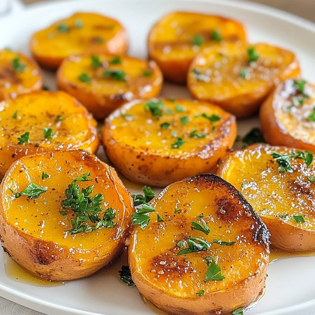 To make honey roasted sweet potato rounds, you'll need: - 2 large sweet potatoes, sliced into 1/2 inch rounds - 4 tablespoons honey - 3 tablespoons olive oil - 1 teaspoon ground cinnamon - 1/2 teaspoon nutmeg - Salt and pepper to taste - Chopped fresh parsley for garnish If you lack any ingredients, don’t worry! Here are some swaps: - Maple syrup can replace honey for a vegan option. - Coconut oil works well instead of olive oil. - You can use pumpkin pie spice if you don’t have cinnamon or nutmeg. - Fresh herbs like thyme or rosemary can replace parsley for a different taste. When choosing sweet potatoes, look for ones that feel firm and heavy. The skin should be smooth, with no bruises or soft spots. For honey, opt for raw or pure honey. This type has more flavor and nutrients. Check the label for any added sugars or fillers. Quality ingredients make your dish taste better! {{ingredient_image_1}} Start by washing the sweet potatoes well. Peel them if you prefer. Slice the sweet potatoes into 1/2 inch rounds. This size helps them cook evenly. In a large bowl, mix the sweet potato rounds with honey, olive oil, cinnamon, nutmeg, salt, and pepper. Make sure every piece is coated well. This step adds flavor and sweetness. Preheat your oven to 400°F (200°C). Line a baking sheet with parchment paper. Spread the sweet potato rounds in a single layer on the sheet. Do not crowd them. Roast for 25-30 minutes. Halfway through, flip the rounds to ensure they cook evenly. Look for a golden brown color and a tender texture when they are done. Once out of the oven, let the sweet potatoes cool for a few minutes. Serve them warm to keep the flavors fresh. For a nice touch, sprinkle chopped fresh parsley on top. This adds color and a hint of freshness. Enjoy these sweet potato rounds as a side dish with your favorite main course. To make sweet potato rounds crisp on the outside and soft inside, slice them evenly. I aim for 1/2 inch thickness. This size helps them cook through without burning. Toss the rounds well with honey and olive oil. This mix creates a nice caramelization in the oven. Remember, flipping them halfway through is key. You can boost the flavor of your sweet potatoes with spices. Ground cinnamon and nutmeg work well together. Try adding a pinch of cayenne pepper for a kick. If you love herbs, fresh rosemary or thyme can add a unique taste. Drizzle with balsamic glaze after roasting for a tangy twist. One common mistake is overcrowding the baking sheet. This can lead to steaming instead of roasting. Make sure the rounds are in a single layer. Also, don’t skip the salt and pepper. They balance the sweetness of the honey. Lastly, avoid using cold sweet potatoes. Let them sit at room temperature for even cooking. Pro Tips Choose the Right Sweet Potatoes: Look for firm, smooth-skinned sweet potatoes without any blemishes or soft spots for the best flavor and texture. Uniform Slices: Ensure your sweet potato rounds are all cut to 1/2 inch thickness for even roasting; this helps them cook uniformly. Honey Alternatives: If you're looking for a different flavor, try using maple syrup or agave nectar instead of honey for a unique twist. Storage Tips: Leftover roasted sweet potatoes can be stored in an airtight container in the fridge for up to 3 days; reheat in the oven for best results. {{image_2}} You can make honey roasted sweet potato rounds even more exciting by adding spices. Try using smoked paprika for a smoky taste. A pinch of cayenne pepper gives a nice kick. You can also mix in fresh herbs like rosemary or thyme for a fresh flavor. Just toss them in with the honey and olive oil. This adds depth to each bite. If you want a twist, swap sweet potatoes for other veggies. Carrots or butternut squash work great too. You can even use beets for a colorful plate. Each option offers its own unique taste and texture. The roasting method stays the same, so you won’t lose any of that yummy flavor. Honey roasted sweet potato rounds shine as a side dish or an appetizer. Serve them next to grilled chicken or fish for a tasty meal. They also make a great snack at parties. Just place them on a platter with toothpicks. Everyone will love grabbing them! Add a dip like yogurt or spicy mayo for extra fun. Store leftover honey roasted sweet potato rounds in an airtight container. Let them cool first. Keep them in the fridge for up to three days. If you want to keep them longer, freezing is a good choice. To reheat, use an oven or an air fryer. Preheat your oven to 350°F (175°C). Place the sweet potato rounds on a baking sheet. Heat for about 10-15 minutes until warm. In an air fryer, cook at 350°F (175°C) for about 5-7 minutes. This will keep them crispy and tasty. You can freeze honey roasted sweet potato rounds. First, let them cool completely. Then, place them in a single layer on a baking sheet. Freeze for about an hour, then transfer them to a freezer-safe bag. They can stay frozen for up to three months. When ready to eat, thaw in the fridge overnight before reheating. Yes, you can make Honey Roasted Sweet Potato Rounds ahead of time. Prepare the sweet potatoes as directed and roast them. After they cool, store them in an airtight container in the fridge. They will last 3 to 5 days. When ready to eat, just reheat them in the oven. This brings back the crispiness and flavor. To make this recipe vegan, simply replace honey with maple syrup or agave nectar. Both will give a nice sweetness. The rest of the recipe stays the same. You can still enjoy the great flavors while keeping it plant-based. Honey Roasted Sweet Potato Rounds are very versatile. They pair well with grilled chicken, fish, or roasted vegetables. You can also serve them with a fresh salad. Their sweetness complements savory dishes nicely. In this post, we covered how to create delicious honey roasted sweet potato rounds. You learned about essential ingredients, useful substitutions, and tips for selecting the best sweet potatoes and honey. I shared step-by-step instructions for preparation and roasting, along with serving ideas. We explored tips for texture and flavor, common mistakes, and variations for your dish. Finally, I provided storage tips and answered common questions. With these insights, you can enjoy tasty sweet potato rounds any time. Experiment with flavors and enjoy!