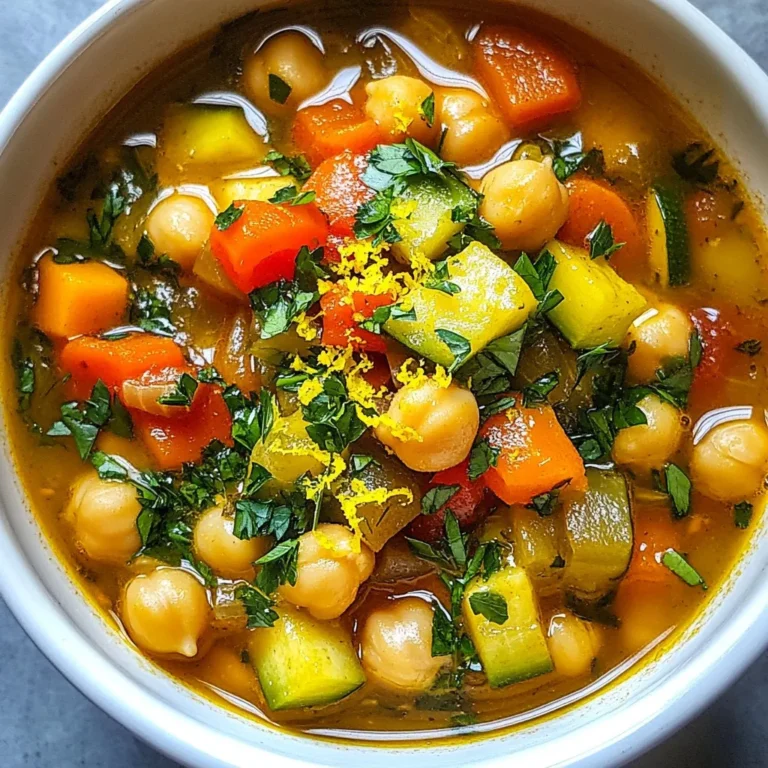 To make a tasty Mediterranean chickpea stew, you will need: - 2 cans (15 oz each) chickpeas, drained and rinsed - 1 tablespoon olive oil - 1 medium onion, chopped - 3 cloves garlic, minced - 1 red bell pepper, diced - 2 medium carrots, chopped - 1 zucchini, diced - 1 can (14 oz) diced tomatoes with juices - 2 cups vegetable broth - 1 teaspoon ground cumin - 1 teaspoon smoked paprika - 1 teaspoon dried oregano - Salt and pepper to taste - Fresh parsley, chopped (for garnish) - Lemon zest (for garnish) This recipe serves four. You can easily double it for a crowd. If you want to make less, just cut the amounts in half. The stew is great for meal prep. You can store leftovers for later. Try adding more veggies for a heartier dish. Consider spinach or kale for extra nutrients. If you love spicy food, add some red pepper flakes. This will give the stew a nice kick. If you have allergies, there are easy swaps. You can use low-sodium vegetable broth if salt is a concern. For a nut-free option, the recipe is already safe. Just be sure to check your spices for hidden allergens. If you can't have tomatoes, try using coconut milk. This will change the flavor, but it will be tasty. You can also swap chickpeas for lentils. They will cook faster and still add protein. {{ingredient_image_1}} Start by gathering all your fresh veggies. You need a medium onion, garlic, a red bell pepper, carrots, and zucchini. Chop the onion into small pieces. This helps it cook faster. Mince the garlic; it adds great taste. Dice the red bell pepper and chop the carrots into small bits. The zucchini should be diced too. This mix of colors will make your stew shine! Heat one tablespoon of olive oil in a large pot over medium heat. Add the chopped onion. Sauté it for about five minutes until it turns soft and clear. Next, stir in the minced garlic and cook for one more minute. Now, add the red bell pepper, carrots, and zucchini. Sauté these for five to seven minutes, stirring often. You want them to soften but not mush. Once the veggies are ready, sprinkle in one teaspoon each of ground cumin, smoked paprika, and dried oregano. Stir well so the spices coat the veggies. It's time to add the diced tomatoes and vegetable broth. Bring it all to a boil. After it boils, lower the heat and add the drained chickpeas. Season with salt and pepper to your taste. Cover the pot and let it simmer for 20 to 25 minutes. Stir it occasionally. This lets all the flavors blend perfectly. To make your stew even better, use fresh herbs. Fresh parsley on top adds brightness. A little lemon zest also gives a nice kick. If you want more spice, add a pinch of cayenne or red pepper flakes. For a thicker stew, let it simmer a bit longer. Taste as you go to find the right balance for you. Enjoy your tasty Mediterranean chickpea stew! One common mistake is not sautéing the onions enough. You want them to be soft and sweet. If you rush this step, the stew lacks depth. Another mistake is adding too much salt early. Wait until the end to adjust flavors. Lastly, avoid overcooking the vegetables. They should stay tender, not mushy. You can make this stew a day ahead. Just follow the recipe and let it cool. Store it in an airtight container in the fridge. The flavors will deepen overnight. When you’re ready to eat, just reheat it on the stove. This saves time on busy days. If you need a gluten-free version, this stew is naturally gluten-free. For a vegan option, it already fits that too since it has no meat or dairy. If you're avoiding legumes, try using roasted vegetables instead of chickpeas. This way, you can still enjoy a hearty meal without changing much of the recipe. Pro Tips Enhance Flavor with Fresh Herbs: Adding fresh herbs like basil or cilantro at the end of cooking can elevate the dish and add a vibrant flavor profile. Customize Your Veggies: Feel free to substitute or add other vegetables based on what you have on hand; vegetables like spinach or kale work well in this stew. Make It Spicier: If you enjoy a bit of heat, consider adding a pinch of red pepper flakes or a diced jalapeño when sautéing the vegetables. Perfect Make-Ahead Meal: This stew keeps well in the fridge and can be made a day in advance, allowing the flavors to develop even more. {{image_2}} Mediterranean Chickpea Stew is already vegan and gluten-free. You can enjoy it as is. Use canned chickpeas, as they are easy and quick to work with. This dish fits well into a plant-based diet. If you want more fiber, feel free to add more veggies like spinach or kale. You can boost this stew by adding grains or proteins. Quinoa or brown rice makes a great base. Simply cook them separately and stir them in before serving. If you want to add protein, try tofu or tempeh. Cook them in the pot with the vegetables for extra flavor. This gives you a more filling meal while keeping it healthy. Enhance your stew with fresh herbs and spices. Try adding a bay leaf while it simmers. Fresh basil or thyme can add a lovely touch. For a spicy kick, consider adding red pepper flakes or a pinch of cayenne. These additions can change the whole flavor profile and make the dish your own. Don't be afraid to experiment! To keep your Mediterranean chickpea stew fresh, store it in an airtight container. Let the stew cool to room temperature before sealing it. This helps prevent bacteria and keeps the stew tasty. You can store it in the fridge for up to four days. Make sure to label the container with the date for easy tracking. When it's time to enjoy the stew again, reheat it on the stove. Pour the stew into a pot and heat it over medium heat. Stir it often to ensure even heating. If the stew seems thick, add a splash of vegetable broth or water. You can also use the microwave. Place the stew in a microwave-safe bowl and heat it in short bursts, stirring between each burst. This method helps avoid hot spots. If you want to save some stew for later, freezing works great. Transfer the cooled stew into freezer-safe bags or containers. Leave some space at the top since liquids expand when frozen. Label each bag with the date and contents. You can freeze the stew for up to three months. When you’re ready to eat, thaw it in the fridge overnight and reheat it as mentioned above. Enjoy a tasty meal any time! You can enjoy this stew with many sides. Here are some great options: - Crusty bread for dipping - Rice or quinoa for a filling meal - A fresh green salad for crunch - Roasted vegetables for extra flavor These sides add texture and balance to the meal. Each option pairs well with the stew's rich flavors. The stew lasts in the fridge for about 4 to 5 days. Make sure to store it in an airtight container. It tastes even better the next day as the flavors meld. Just reheat it on the stove or in the microwave. Yes, you can use dried chickpeas! However, you need to soak them overnight. After soaking, cook them until soft before adding them to the stew. This may take about 1 to 2 hours. Using dried chickpeas can add a richer taste to your dish. This blog post shared key tips for making a flavorful Mediterranean Chickpea Stew. We covered essential ingredients, helpful cooking steps, and crucial tips to enhance your dish. You learned about variations, storage, and common questions to guide your cooking. Remember, cooking should be fun and easy! With these pointers, you can make a tasty stew that everyone will enjoy. Dive in, experiment, and create a dish that reflects your style. Happy cooking!