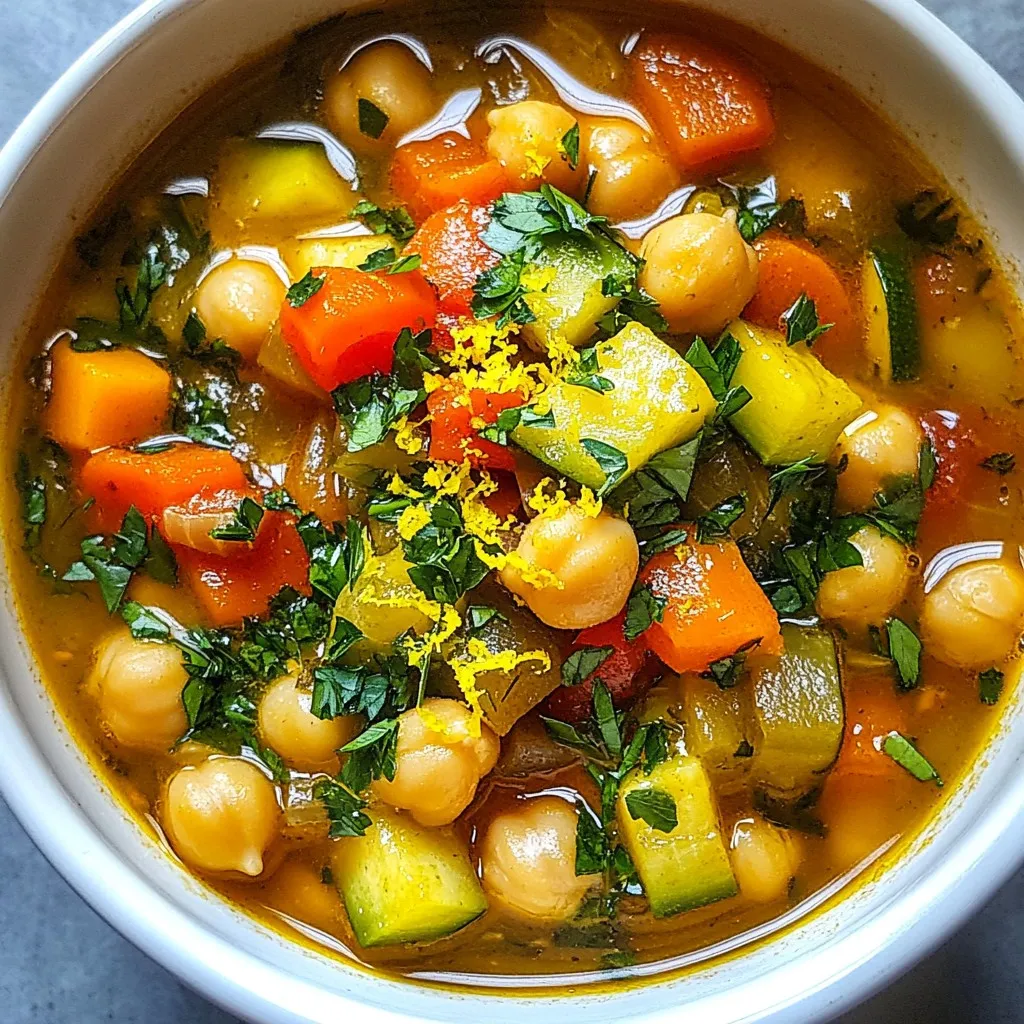 To make a tasty Mediterranean chickpea stew, you will need: - 2 cans (15 oz each) chickpeas, drained and rinsed - 1 tablespoon olive oil - 1 medium onion, chopped - 3 cloves garlic, minced - 1 red bell pepper, diced - 2 medium carrots, chopped - 1 zucchini, diced - 1 can (14 oz) diced tomatoes with juices - 2 cups vegetable broth - 1 teaspoon ground cumin - 1 teaspoon smoked paprika - 1 teaspoon dried oregano - Salt and pepper to taste - Fresh parsley, chopped (for garnish) - Lemon zest (for garnish) This recipe serves four. You can easily double it for a crowd. If you want to make less, just cut the amounts in half. The stew is great for meal prep. You can store leftovers for later. Try adding more veggies for a heartier dish. Consider spinach or kale for extra nutrients. If you love spicy food, add some red pepper flakes. This will give the stew a nice kick. If you have allergies, there are easy swaps. You can use low-sodium vegetable broth if salt is a concern. For a nut-free option, the recipe is already safe. Just be sure to check your spices for hidden allergens. If you can't have tomatoes, try using coconut milk. This will change the flavor, but it will be tasty. You can also swap chickpeas for lentils. They will cook faster and still add protein. {{ingredient_image_1}} Start by gathering all your fresh veggies. You need a medium onion, garlic, a red bell pepper, carrots, and zucchini. Chop the onion into small pieces. This helps it cook faster. Mince the garlic; it adds great taste. Dice the red bell pepper and chop the carrots into small bits. The zucchini should be diced too. This mix of colors will make your stew shine! Heat one tablespoon of olive oil in a large pot over medium heat. Add the chopped onion. Sauté it for about five minutes until it turns soft and clear. Next, stir in the minced garlic and cook for one more minute. Now, add the red bell pepper, carrots, and zucchini. Sauté these for five to seven minutes, stirring often. You want them to soften but not mush. Once the veggies are ready, sprinkle in one teaspoon each of ground cumin, smoked paprika, and dried oregano. Stir well so the spices coat the veggies. It's time to add the diced tomatoes and vegetable broth. Bring it all to a boil. After it boils, lower the heat and add the drained chickpeas. Season with salt and pepper to your taste. Cover the pot and let it simmer for 20 to 25 minutes. Stir it occasionally. This lets all the flavors blend perfectly. To make your stew even better, use fresh herbs. Fresh parsley on top adds brightness. A little lemon zest also gives a nice kick. If you want more spice, add a pinch of cayenne or red pepper flakes. For a thicker stew, let it simmer a bit longer. Taste as you go to find the right balance for you. Enjoy your tasty Mediterranean chickpea stew! One common mistake is not sautéing the onions enough. You want them to be soft and sweet. If you rush this step, the stew lacks depth. Another mistake is adding too much salt early. Wait until the end to adjust flavors. Lastly, avoid overcooking the vegetables. They should stay tender, not mushy. You can make this stew a day ahead. Just follow the recipe and let it cool. Store it in an airtight container in the fridge. The flavors will deepen overnight. When you’re ready to eat, just reheat it on the stove. This saves time on busy days. If you need a gluten-free version, this stew is naturally gluten-free. For a vegan option, it already fits that too since it has no meat or dairy. If you're avoiding legumes, try using roasted vegetables instead of chickpeas. This way, you can still enjoy a hearty meal without changing much of the recipe. Pro Tips Enhance Flavor with Fresh Herbs: Adding fresh herbs like basil or cilantro at the end of cooking can elevate the dish and add a vibrant flavor profile. Customize Your Veggies: Feel free to substitute or add other vegetables based on what you have on hand; vegetables like spinach or kale work well in this stew. Make It Spicier: If you enjoy a bit of heat, consider adding a pinch of red pepper flakes or a diced jalapeño when sautéing the vegetables. Perfect Make-Ahead Meal: This stew keeps well in the fridge and can be made a day in advance, allowing the flavors to develop even more. {{image_2}} Mediterranean Chickpea Stew is already vegan and gluten-free. You can enjoy it as is. Use canned chickpeas, as they are easy and quick to work with. This dish fits well into a plant-based diet. If you want more fiber, feel free to add more veggies like spinach or kale. You can boost this stew by adding grains or proteins. Quinoa or brown rice makes a great base. Simply cook them separately and stir them in before serving. If you want to add protein, try tofu or tempeh. Cook them in the pot with the vegetables for extra flavor. This gives you a more filling meal while keeping it healthy. Enhance your stew with fresh herbs and spices. Try adding a bay leaf while it simmers. Fresh basil or thyme can add a lovely touch. For a spicy kick, consider adding red pepper flakes or a pinch of cayenne. These additions can change the whole flavor profile and make the dish your own. Don't be afraid to experiment! To keep your Mediterranean chickpea stew fresh, store it in an airtight container. Let the stew cool to room temperature before sealing it. This helps prevent bacteria and keeps the stew tasty. You can store it in the fridge for up to four days. Make sure to label the container with the date for easy tracking. When it's time to enjoy the stew again, reheat it on the stove. Pour the stew into a pot and heat it over medium heat. Stir it often to ensure even heating. If the stew seems thick, add a splash of vegetable broth or water. You can also use the microwave. Place the stew in a microwave-safe bowl and heat it in short bursts, stirring between each burst. This method helps avoid hot spots. If you want to save some stew for later, freezing works great. Transfer the cooled stew into freezer-safe bags or containers. Leave some space at the top since liquids expand when frozen. Label each bag with the date and contents. You can freeze the stew for up to three months. When you’re ready to eat, thaw it in the fridge overnight and reheat it as mentioned above. Enjoy a tasty meal any time! You can enjoy this stew with many sides. Here are some great options: - Crusty bread for dipping - Rice or quinoa for a filling meal - A fresh green salad for crunch - Roasted vegetables for extra flavor These sides add texture and balance to the meal. Each option pairs well with the stew's rich flavors. The stew lasts in the fridge for about 4 to 5 days. Make sure to store it in an airtight container. It tastes even better the next day as the flavors meld. Just reheat it on the stove or in the microwave. Yes, you can use dried chickpeas! However, you need to soak them overnight. After soaking, cook them until soft before adding them to the stew. This may take about 1 to 2 hours. Using dried chickpeas can add a richer taste to your dish. This blog post shared key tips for making a flavorful Mediterranean Chickpea Stew. We covered essential ingredients, helpful cooking steps, and crucial tips to enhance your dish. You learned about variations, storage, and common questions to guide your cooking. Remember, cooking should be fun and easy! With these pointers, you can make a tasty stew that everyone will enjoy. Dive in, experiment, and create a dish that reflects your style. Happy cooking!