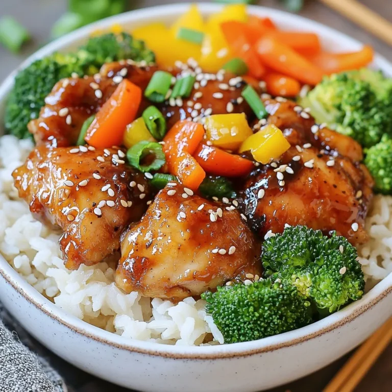 - 1 lb (450g) boneless, skinless chicken thighs, cut into bite-sized pieces - 1 cup jasmine rice, rinsed - 1 ¼ cups chicken broth - 1 cup broccoli florets - ½ cup carrots, sliced thin - ½ cup bell pepper, sliced The main ingredients are simple. You start with chicken thighs. They are juicy and tender. Next is jasmine rice, which adds a nice texture. The chicken broth gives flavor and moisture. Broccoli, carrots, and bell peppers bring color and crunch. - ¼ cup soy sauce - ¼ cup honey - 2 tablespoons rice vinegar - 1 tablespoon sesame oil - 2 cloves garlic, minced - 1 teaspoon ginger, freshly grated The sauce makes this dish shine. Soy sauce gives it a salty kick. Honey adds sweetness, balancing the salt. Rice vinegar adds tang and brightness. Sesame oil brings a nutty flavor, while garlic and ginger add depth. This mix creates a well-rounded taste. - 2 green onions, chopped (for garnish) - Sesame seeds (for garnish) Garnishes are key to finishing the dish. Green onions add freshness and a bit of crunch. Sesame seeds bring a nice nutty flavor and a lovely look. These simple touches make your meal not just tasty but also beautiful. {{ingredient_image_1}} - First, gather your marinade ingredients. You need soy sauce, honey, rice vinegar, sesame oil, garlic, and ginger. - Cut your chicken thighs into bite-sized pieces. In a large bowl, mix the chicken with the marinade. Make sure all the pieces are coated well. Let it marinate for at least 15 minutes. This step adds great flavor. - Set your Instant Pot to sauté mode. Once hot, add the marinated chicken. Reserve the marinade for later. - Cook the chicken for about 3-4 minutes. Stir until it turns lightly brown. This gives the chicken a nice texture. - Now, add the rinsed jasmine rice. Pour in the chicken broth and gently mix everything together. The rice will soak up all the flavors. - Next, layer the broccoli florets, sliced carrots, and bell peppers on top of the rice. Do not stir this layer! This helps keep the rice from burning. - Close the lid of the Instant Pot and set it to high pressure for 10 minutes. Make sure the valve is in the sealing position. - Once done, let it sit for 5 minutes for a natural pressure release. Then, quick release any remaining pressure. This step is key to keeping your rice fluffy. - Open the lid and fluff the rice and chicken gently with a fork. Drizzle the reserved marinade over everything and mix well. - Finally, serve your dish in bowls. Top with chopped green onions and a sprinkle of sesame seeds for a beautiful finish. Enjoy your meal! To prevent burning the rice, always layer the vegetables on top of the rice. Do not stir them in. This helps keep the rice moist. Also, make sure to rinse the jasmine rice well before cooking. This washes off excess starch, which can cause sticking or burning. Natural pressure release is very important. After the cooking time ends, let the Instant Pot sit for five minutes. This helps the dish cook evenly and keeps the rice fluffy. Quick releasing the pressure too soon can lead to mushy rice. Adjusting the soy sauce and honey can change the taste. If you like it sweeter, add more honey. For a saltier flavor, use more soy sauce. You can also mix in other sauces, like teriyaki or even chili sauce, for a kick. Adding different vegetables can also enhance the dish. Try snap peas, zucchini, or even mushrooms. Each vegetable brings its unique taste and texture. Feel free to get creative with what you have on hand! Pro Tips Marinate for Flavor: Allowing the chicken to marinate for at least 15 minutes enhances the flavor, but for a deeper taste, marinate it for a few hours in the refrigerator. Use Fresh Ingredients: Fresh garlic and ginger will give your Teriyaki chicken a more vibrant flavor compared to pre-minced or ground versions. Layering Vegetables: Placing vegetables on top of the rice prevents them from becoming mushy and helps them retain their color and texture. Adjusting Sweetness: If you prefer a sweeter Teriyaki sauce, feel free to increase the amount of honey or add a dash of brown sugar to the marinade. {{image_2}} You can switch up the main protein in this dish. Using chicken breasts is a great choice. They are lean and cook well in the Instant Pot. Just cut them into bite-sized pieces like the thighs. If you want a plant-based option, try substituting with tofu. Firm tofu works best. Cut it into cubes and press it to remove extra water. Marinate it just like the chicken. This will let the tofu soak up all the tasty flavors. The type of rice you use can change the dish. Jasmine rice is fragrant and soft. It's perfect for soaking up the teriyaki sauce. But you can also use brown rice. It adds a nutty taste and more fiber. Just remember, brown rice takes longer to cook. You will need to adjust the time in the Instant Pot. Quinoa is another great substitute. It cooks quickly and is packed with protein. Rinse it well before adding it to the pot. This helps remove any bitterness. Each rice option brings its own flavor and texture. Experiment to find your favorite! To store leftovers, let the chicken and rice cool first. Place them in a container with a tight lid. I suggest using glass containers or BPA-free plastic ones. The dish will stay fresh for up to four days in the fridge. If you want to freeze, allow the dish to cool completely. Use freezer-safe bags or containers to store it. Squeeze out as much air as you can from the bags. This helps prevent freezer burn. It can last for up to three months in the freezer. When ready to eat, thaw it overnight in the fridge. Reheat in the microwave or on the stove. Add a splash of chicken broth for moisture. Stir well to make sure it heats evenly. This way, you can enjoy your tasty teriyaki chicken rice anytime! Yes, you can use frozen chicken for this recipe. Just remember to add extra time. If the chicken is still frozen, cook it for 5 to 10 minutes longer. Make sure to check that the chicken is fully cooked before serving. Cooking brown rice in an Instant Pot takes about 22 to 28 minutes. You need to set it for high pressure. Also, allow for a natural pressure release for best results. This makes the rice fluffy and tender. Teriyaki Chicken Rice can be a healthy choice. It includes lean chicken and fresh vegetables. You can adjust the soy sauce and honey to lower sugar and sodium. Use brown rice for extra fiber and nutrients. Overall, it can fit nicely into a balanced diet. This blog post covered key ingredients for making delicious Teriyaki Chicken Rice. We reviewed how to marinate the chicken and the step-by-step cooking process using an Instant Pot. I shared tips to enhance flavors and storage advice for leftovers. In closing, you can enjoy making your own Teriyaki Chicken Rice at home. It’s simple, tasty, and offers many variations. Give it a try and savor the flavors!