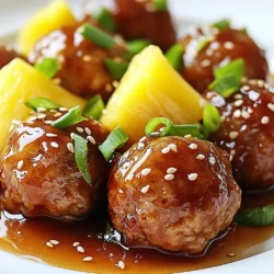 For tasty pineapple teriyaki meatballs, you need fresh and simple ingredients. Here’s what you'll use: - 1 lb ground chicken or turkey - 1 cup breadcrumbs - 1/4 cup green onions, finely chopped - 1/2 cup fresh pineapple, finely diced - 2 cloves garlic, minced - 1 egg, beaten - 1 tablespoon soy sauce - 1 tablespoon ginger, grated - 1 teaspoon sesame oil - Salt and pepper to taste These ingredients create juicy meatballs with a burst of flavor. The fresh pineapple adds sweetness, while the garlic and ginger give a nice kick. Next, you’ll make a delicious teriyaki sauce. Gather these items: - 1/3 cup soy sauce - 1/3 cup pineapple juice - 2 tablespoons brown sugar - 1 teaspoon cornstarch mixed with 2 tablespoons water (for thickening) - 1 tablespoon sesame seeds (for garnish) - Additional chopped green onions (for garnish) This sauce enhances the meatballs and gives them a glossy finish. The mix of soy sauce and pineapple juice creates a sweet and salty balance. Garnishes can elevate your dish. Consider adding: - Sesame seeds - Chopped green onions You can serve the meatballs over rice or noodles. This adds bulk and makes your meal more filling. Enjoy the vibrant colors and flavors that come with these garnishes! {{ingredient_image_1}} Start with a large mixing bowl. Add 1 lb of ground chicken or turkey. Next, mix in 1 cup of breadcrumbs. Chop 1/4 cup of green onions and add them to the bowl. Finely dice 1/2 cup of fresh pineapple, then toss it in. Mince 2 cloves of garlic and add them too. Beat 1 egg and pour it in the mixture. Finally, stir in 1 tablespoon of soy sauce, 1 tablespoon of grated ginger, and 1 teaspoon of sesame oil. Don’t forget to season with salt and pepper. Mix everything until well blended and sticky. Now, preheat your oven to 400°F (200°C). Line a baking sheet with parchment paper. Shape the mixture into small meatballs, about 1 inch in size. Place each meatball on the prepared baking sheet, leaving space between them. Bake the meatballs for 15 to 20 minutes. They should turn golden brown and be fully cooked. While the meatballs bake, it’s time to make the teriyaki sauce. Grab a small saucepan and combine 1/3 cup of soy sauce with 1/3 cup of pineapple juice. Add 2 tablespoons of brown sugar and bring this mix to a simmer over medium heat. Once it simmers, stir in a mix of 1 teaspoon of cornstarch and 2 tablespoons of water. Cook for an additional 1 to 2 minutes until the sauce thickens. Remove it from heat when done. Once the meatballs are out of the oven, toss them in the teriyaki sauce until they are fully coated. To shape meatballs, start with clean hands. Use a small scoop or your hands to grab a bit of the meat mixture. Roll it gently into a ball about 1 inch wide. Keep the size even for cooking. This helps them cook evenly. If the mixture feels sticky, wet your hands with water. This will stop the meat from sticking to your hands. Baking meatballs gives a nice, even cook. Preheat your oven to 400°F (200°C). Lay them out on parchment paper to avoid sticking. Bake for 15-20 minutes. They will turn golden brown and stay juicy. Frying can give a crisp outside but may use more oil. If you choose to fry, cook them in a hot pan and turn them often. Both methods work well, but baking is simpler. To keep meatballs juicy, add moisture to the mix. Fresh pineapple is great for this! The egg helps bind and adds moisture, too. Don’t overmix the meat; this can make them tough. Use ground chicken or turkey, as they are leaner meats. Cook them just until done. Overcooking can dry them out. Tossing them in teriyaki sauce after baking also adds more flavor and moisture. Pro Tips Use Fresh Ingredients: For the best flavor, use fresh pineapple and high-quality ground chicken or turkey. Fresh ingredients enhance the overall taste of the meatballs. Mix Gently: When combining the meatball ingredients, mix gently to avoid overworking the meat, which can make the meatballs tough. Adjust the Sauce: If you prefer a sweeter sauce, add a little more brown sugar. For a spicier kick, consider adding a dash of sriracha or crushed red pepper flakes to the teriyaki sauce. Perfect Meatball Size: Aim for uniform meatball sizes to ensure even cooking. Using a cookie scoop can help achieve consistent portions. {{image_2}} You can swap ground chicken or turkey with other meats. Ground beef adds a rich flavor. Ground pork brings a savory touch. You can also use ground lamb for a unique twist. If you prefer poultry, try ground duck. Each option changes the flavor but keeps it tasty. For a vegetarian version, use plant-based meat alternatives. Look for brands that mimic ground meat. You can also use finely chopped mushrooms and lentils as a base. This mix adds texture and flavor. For a vegan option, replace the egg with flaxseed or chia seeds. This keeps your meatballs binding well. You can enhance the teriyaki sauce with different flavors. Add chili flakes for some heat. A splash of sriracha brings a spicy kick. For a sweeter sauce, mix in honey or maple syrup. You can also use coconut aminos for a soy-free option. Each variation makes the dish uniquely yours. To store leftover meatballs, first let them cool. Place them in an airtight container. You can keep them in the fridge for up to three days. Make sure to cover them well to keep them fresh. This helps maintain their flavor and texture. When you want to eat the leftovers, you can heat them in a few ways. The best way is to use the oven. Preheat your oven to 350°F (175°C). Place the meatballs on a baking sheet and cover them with foil. Heat for about 10-15 minutes. You can also microwave them. Place them on a microwave-safe plate and cover them. Heat for about 1-2 minutes, checking often. If you want to freeze meatballs, let them cool completely first. Place them in a freezer-safe bag or container. They can last for up to three months in the freezer. For the sauce, let it cool, then pour it into a separate container. You can freeze the sauce for about two months. To use, thaw both in the fridge overnight before reheating. This keeps your dish tasty and ready for another meal. Yes, you can use different meats. Ground beef or pork works well. You can even try lamb for a unique flavor. Each meat brings its own taste. Just note that cooking times may vary a bit. Adjust your cooking time based on the meat you choose. To thicken the sauce, use cornstarch. Mix one teaspoon of cornstarch with two tablespoons of water. Stir it into the sauce while it simmers. This will help it become glossy and thick. Let it simmer for a minute or two after adding the mix. If it's still too thin, add a bit more cornstarch mix. Pineapple teriyaki meatballs pair well with rice. White rice, brown rice, or jasmine rice work great. You can also serve them with steamed vegetables. Broccoli or snap peas add nice color and crunch. For a fresh touch, try a simple salad. A side of coleslaw can also be a tasty choice. In this blog post, we covered the main ingredients for Pineapple Teriyaki Meatballs, including the teriyaki sauce and optional garnishes. I shared step-by-step instructions to help you prepare the meatballs, bake them, and make the sauce. I also provided tips for perfect meatballs and some tasty variations. Now, you can enjoy this dish in many ways, whether you're cooking for family or a crowd. Dive in, experiment, and savor the flavors of your creation!
