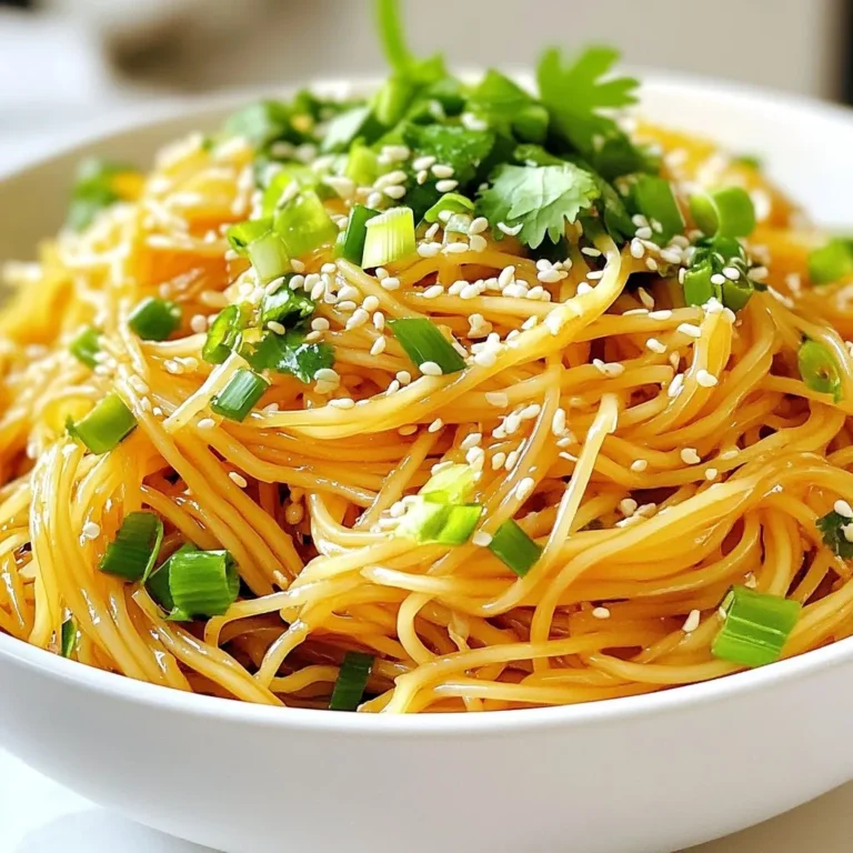 To make Minute Garlic Sesame Noodles, gather these items: - 8 ounces of noodles (your choice: spaghetti, udon, or rice noodles) - 3 tablespoons sesame oil - 4 cloves garlic, minced - 2 tablespoons soy sauce - 1 tablespoon tahini or peanut butter - 2 teaspoons honey or maple syrup - 1 teaspoon chili flakes (optional, for spice) - 2 green onions, thinly sliced - 1 tablespoon sesame seeds - Fresh cilantro for garnish You can use different types of noodles for this recipe. Here are some options: - Spaghetti: This is easy to find and cooks quickly. - Udon: These thick noodles add a nice chew. - Rice noodles: Great for a gluten-free option. Each type brings its own texture and flavor, so choose what you like best! To make your noodles even tastier, consider adding these items: - Protein: Shrimp, chicken, or tofu can make this dish more filling. - Vegetables: Add snap peas, bell peppers, or carrots for crunch and color. - Herbs: Fresh basil or mint can brighten the dish. These add-ins allow you to customize the dish for your taste and make it unique! {{ingredient_image_1}} Start by boiling a pot of water. You will want enough water to cover the noodles. Add 8 ounces of your chosen noodles. I like spaghetti or udon for this dish. Cook them according to the package instructions until they are al dente. This usually takes about 6 to 8 minutes. Once done, drain the noodles and rinse them under cold water. This stops the cooking and keeps them firm. While the noodles cook, you can make the sauce. Grab a large mixing bowl. In this bowl, add 3 tablespoons of sesame oil. Next, add 4 minced cloves of garlic. Then, pour in 2 tablespoons of soy sauce. For creaminess, choose either 1 tablespoon of tahini or peanut butter. Add 2 teaspoons of honey or maple syrup for a touch of sweetness. If you like spice, toss in 1 teaspoon of chili flakes. Whisk everything together until it is smooth and well mixed. Now, it’s time to combine everything. Take the drained noodles and add them to the bowl with the sauce. Toss the noodles gently. You want them to be fully coated with the sauce. Next, fold in 2 sliced green onions and half of the 1 tablespoon of sesame seeds. Mix well to combine all the flavors. To serve, divide the noodles into bowls. Top with the remaining sesame seeds and fresh cilantro for a nice touch. Enjoy your quick meal! To make the best noodles, start with a big pot of boiling water. Add salt to the water to help the noodles taste great. Cook the noodles just until they are al dente. This means they should still have a bit of bite. Drain the noodles and rinse them under cold water. This stops the cooking and keeps them from sticking. When you mix the sauce, do it in a large bowl. Combine the sesame oil, minced garlic, soy sauce, tahini, honey, and chili flakes. Whisk until the mixture is smooth. When you add the noodles, toss them gently. Make sure every noodle is coated evenly. This gives you the best flavor in every bite. For a beautiful finish, add some fun garnishes. Fresh cilantro brings a burst of color and flavor. You can also sprinkle extra sesame seeds on top. Thinly sliced green onions add a nice crunch. These simple touches make your dish look and taste amazing. Pro Tips Perfect Noodle Texture: Make sure to cook the noodles until just al dente, as they will continue to soften when tossed with the sauce. Custom Sauce Variations: Experiment with different nut butters or add a splash of rice vinegar for a tangy twist to the sauce. Fresh Herbs Matter: Adding fresh herbs like basil or mint can enhance the flavor and freshness of the dish. Spice it Up: Adjust the level of chili flakes based on your heat preference, or add a drizzle of sriracha for an extra kick. {{image_2}} You can change the flavor of your dish by swapping the sauce. Try using hoisin sauce for a sweeter taste. You can also use sriracha for some heat. If you want a tangy kick, mix in some rice vinegar. Each sauce brings a unique twist, making the noodles fun. For a filling meal, add protein. Cooked chicken, shrimp, or tofu works well. Just toss them in with the noodles and sauce. You can also add edamame for a plant-based boost. This makes the dish more satisfying and keeps you full longer. To make the dish vegetarian, skip the honey and use maple syrup instead. For a vegan option, ensure your noodles do not contain eggs. You can use any plant-based protein to fit your diet. These simple swaps keep the flavors while fitting your needs. If you have extra Minute Garlic Sesame Noodles, store them in an airtight container. This keeps them fresh and tasty. Place the noodles in the fridge for up to three days. Avoid adding green onions and sesame seeds until you serve them again. This keeps the flavors bright and fresh. When it's time to eat your leftovers, reheat them gently. You can use the microwave or a pan on low heat. If using the microwave, heat for 30 seconds at a time. Stir between each interval to make sure they warm evenly. If using a pan, add a splash of water or sesame oil. This helps to loosen the noodles and keep them from drying out. You can freeze Garlic Sesame Noodles if you want to save them for later. Place the cooled noodles in a freezer-safe container. Make sure to leave some space at the top. The sauce can also freeze well. When ready to eat, thaw the noodles overnight in the fridge. Reheat as noted above for the best taste. Garlic sesame noodles last about three days in the fridge. Store them in an airtight container. If you want them fresh, eat them within this time. After three days, they may lose flavor and texture. Yes, you can use different noodles! Spaghetti, udon, or rice noodles all work well. Each type gives a unique taste and feel. Experiment with what you have on hand for a fun twist. If you don’t have tahini or peanut butter, use almond butter or sunflower seed butter. These options add creaminess and flavor too. You can also skip it if you want a lighter sauce. To spice up your garlic sesame noodles, add more chili flakes. You can also stir in sriracha or hot sauce. Start with a little and taste as you go. Find the spice level that you enjoy! This blog post covered how to make garlic sesame noodles step-by-step. You learned about the ingredients needed and saw tips to cook perfect noodles. I shared tasty variations and how to store leftovers too. Remember, you can customize this dish with different sauces or proteins. Enjoy your cooking adventure! Keep experimenting for delicious meals. The kitchen is a great place to show your creativity. Happy cooking!