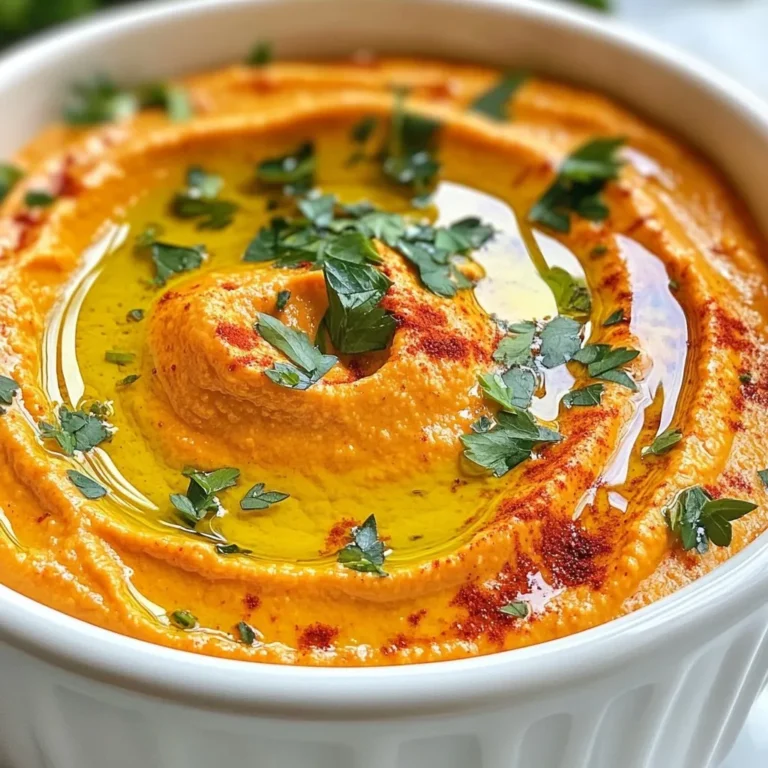 To make creamy roasted red pepper hummus, you need these key ingredients: - 1 cup canned chickpeas, drained and rinsed - 1 large roasted red pepper (jarred or freshly roasted) - 3 tablespoons tahini - 2 tablespoons olive oil - 2 tablespoons lemon juice - 1 garlic clove, minced - 1/2 teaspoon ground cumin - Salt to taste - Water as needed for consistency These main ingredients create a rich and flavorful dip. Chickpeas give it protein and fiber. The roasted red pepper adds sweetness and a smoky taste. Tahini brings creaminess, while olive oil and lemon juice brighten the dish. Garlic and cumin add depth and warmth. You can add some optional ingredients for a twist: - Fresh herbs like parsley or cilantro for garnish - A pinch of chili powder for heat - A squeeze of lime juice for extra zing - Additional spices like smoked paprika or sumac These extras let you personalize your hummus. Feel free to experiment! To make this hummus, you will need: - A food processor - A spatula for scraping down the sides - Measuring cups and spoons - A serving bowl Using a food processor helps blend the ingredients smoothly. A spatula ensures you mix everything well. Having these tools makes the process easy and fun! {{ingredient_image_1}} To make creamy roasted red pepper hummus, start with fresh peppers. If you choose fresh, roast them first. Place the peppers under a broiler. Turn them often until the skins blister and turn black. This usually takes about 10-15 minutes. Once roasted, let them cool. Peel off the skins, then remove the seeds and stems. Next, gather your ingredients. In a food processor, add: - 1 cup canned chickpeas, drained and rinsed - 1 large roasted red pepper - 3 tablespoons tahini - 2 tablespoons olive oil - 2 tablespoons lemon juice - 1 garlic clove, minced - 1/2 teaspoon ground cumin - Salt to taste Blend these together until smooth. Make sure to scrape down the sides of the bowl as needed. Once blended, check the texture. If the hummus is too thick, add water. Start with one tablespoon at a time. Blend again until you reach your desired creaminess. Taste the hummus and add salt as needed. Blend once more to mix in the salt. The hummus should be smooth and flavorful. To get a smooth and creamy hummus, start with good chickpeas. Use canned chickpeas for ease. Rinse them well before adding them to the food processor. Roasted red peppers add a nice, rich flavor. If you want a creamier texture, add water slowly. Blend the mixture well after each addition. This helps you reach your desired thickness. Scraping down the sides of the bowl ensures everything mixes evenly. You can boost the flavor of your hummus easily. Try adding extra garlic for a stronger taste. A sprinkle of smoked paprika gives it a nice kick. You can also mix in some chopped fresh herbs. Parsley or cilantro adds freshness. For a zesty twist, add more lemon juice. Adjust the salt to your liking. Taste as you go to find your perfect blend. Serve your creamy roasted red pepper hummus with various dippers. Pita chips are a classic choice. Fresh veggies, like carrots and cucumbers, offer a healthy option. You can also use it as a spread in wraps or sandwiches. For a fun twist, top the hummus with roasted nuts or seeds. This adds a crunchy texture. Serve it at parties or as a quick snack. Your friends and family will love it! Pro Tips Roasting Peppers: For the best flavor, roast your peppers until they are charred and blistered. This enhances the sweetness and smokiness of the hummus. Consistency Control: Add water gradually to adjust the hummus consistency. Start with a tablespoon and blend until you reach your desired creaminess. Flavor Boost: Experiment with additional spices like smoked paprika or cayenne pepper for a unique twist on traditional hummus. Serving Suggestions: Pair the hummus with a variety of dippers like pita bread, fresh veggies, or use it as a spread in wraps for added flavor. {{image_2}} To make spicy roasted red pepper hummus, add some heat. Use a jalapeño or a pinch of cayenne pepper. This twist gives your dip a fiery kick. Blend it in with the other ingredients. You can adjust the spice level to your taste. If you like it hot, add more. If not, keep it mild. Herb-infused hummus is fresh and flavorful. Add herbs like basil, dill, or oregano. Chop them finely and mix them in before blending. This adds a nice herbal note to the hummus. You can also use a mix of herbs for a unique taste. Fresh herbs brighten the flavors and make it special. For a nutty flavor, try adding nuts or seeds. Toasted pine nuts or sunflower seeds work well. Add about two tablespoons of your chosen nuts. Blend them in with the other ingredients. This adds crunch and depth to your hummus. You can experiment with different nuts for various flavors. Each nut gives a unique twist to the classic recipe. To keep your creamy roasted red pepper hummus fresh, store it in an airtight container. This container will keep out air and moisture, which can spoil the hummus. Always use a clean spoon when serving to avoid contamination. If you notice any change in color or smell, it is best to throw it away. When stored properly in the fridge, your hummus can last about five to seven days. The flavors may deepen over time, which can be nice. However, always check for signs of spoilage before eating. If you see mold or if it smells off, do not eat it. Yes, you can freeze creamy roasted red pepper hummus! Place it in a freezer-safe container. Leave some space at the top, as it will expand when frozen. It can last for up to three months in the freezer. To thaw, place it in the fridge overnight. Stir well before serving to restore its creamy texture. If it seems too thick after thawing, add a little water and blend again. Yes, you can use canned roasted red peppers. They save time and add great flavor. Just drain and rinse them before using. This option is simple and quick for busy cooks. Yes, this creamy roasted red pepper hummus is both gluten-free and vegan. It uses chickpeas, tahini, and fresh veggies. Enjoy it without worry about allergens or animal products. You can serve hummus with various tasty items. Here are some great options: - Pita chips - Fresh veggies like carrots, cucumber, and bell peppers - Toasted bread or crackers - As a spread in wraps or sandwiches These pairings enhance your snack or meal! To make creamy roasted red pepper hummus, use fresh ingredients and the right tools. We covered how to prepare peppers, blend to the right texture, and add flavors. Try variations like spicy or herb-infused hummus for new tastes. Store your hummus properly for the best taste over time. You can enjoy this dip with many snacks. Now, it's time to create your perfect hummus. Enjoy every bite and share your tasty results!