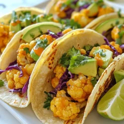 To make the perfect Buffalo Cauliflower Tacos, you'll need these key ingredients: - 1 medium head of cauliflower, cut into bite-sized florets - 1 cup all-purpose flour - 1 cup plant-based milk (almond or soy) - 1 cup breadcrumbs (panko works well) - 1 cup buffalo sauce (store-bought or homemade) - 1 tablespoon olive oil - 8 small corn tortillas - 1 avocado, sliced - 1 cup shredded cabbage (green or purple) - 1/2 cup cilantro, chopped - 1 lime, cut into wedges - Salt and pepper to taste Each ingredient plays a vital role in creating tasty tacos. The cauliflower serves as the main star, soaking up all the bold flavors. The flour and plant-based milk make a smooth batter that sticks well. Breadcrumbs add that satisfying crunch. Buffalo sauce brings the heat and flavor that you crave. You can elevate your tacos with some fun toppings. Here are a few ideas: - Extra buffalo sauce for a spicy kick - Fresh lime juice to brighten the flavors - Sliced jalapeños for added heat - Vegan sour cream for creaminess - Chopped green onions for fresh taste Feel free to mix and match toppings based on your taste! If you have dietary needs, you can easily customize this recipe. Here are some substitutions: - For gluten-free tacos, use gluten-free flour and gluten-free breadcrumbs. - Swap the plant-based milk for regular milk if you prefer dairy. - Use a different protein, like chickpeas or lentils, instead of cauliflower. These swaps make the recipe friendly for various diets while keeping it delicious! {{ingredient_image_1}} Start by cutting your cauliflower into bite-sized florets. Make sure they are all about the same size. This helps them cook evenly. Wash the florets under cold water to clean them. Dry them well with a towel. A dry floret helps the batter stick better. In a mixing bowl, whisk together 1 cup of all-purpose flour and 1 cup of plant-based milk. Stir until it’s smooth. Add salt and pepper to taste. Next, pour 1 cup of breadcrumbs into a separate bowl. This is where the fun begins! Take each floret, dip it into the batter, and let the extra drip off. Then, coat it in breadcrumbs. Place each coated floret on a baking sheet lined with parchment paper. Preheat your oven to 450°F (230°C). Drizzle 1 tablespoon of olive oil over the coated florets. Bake them for 20-25 minutes. Make sure to turn them halfway through. You want them to be golden brown and crispy. After baking, toss the cauliflower in 1 cup of buffalo sauce until they’re well coated. Now, they are ready to fill your tacos! To get your cauliflower crispy, you need the right coating. First, the batter should be thick but smooth. Use equal parts flour and plant-based milk. This makes it stick well. Next, after dipping the flour-coated cauliflower in breadcrumbs, press down a bit. This helps the crumbs adhere. Bake at 450°F (230°C) for 20-25 minutes. Flip halfway for even crispiness. The result? Crunchy bites that hold up in your tacos. Warming tortillas is key for great tacos. Use a dry skillet over medium heat. Warm each tortilla for about 30 seconds on each side. This makes them soft and pliable. If you have a lid, cover them while warming. This keeps them warm and moist. You can also wrap them in a clean kitchen towel. This method helps them stay warm while you finish cooking. Serve your tacos with a side of fresh salsa or guacamole. This adds flavor and freshness. You can also add a simple salad of greens and lime dressing. For extra crunch, serve with tortilla chips. If you like heat, drizzle extra buffalo sauce over everything. You can even add a side of beans or rice for a more filling meal. This way, you get a tasty and balanced dinner! Pro Tips Season Your Batter: Add spices like garlic powder, onion powder, or smoked paprika to the batter for an extra layer of flavor. Make It Gluten-Free: Substitute all-purpose flour with a gluten-free flour blend, and use gluten-free breadcrumbs to cater to gluten-sensitive eaters. Extra Crispy Cauliflower: For an even crispier texture, double-coat the cauliflower by dipping it back in the batter and then in the breadcrumbs a second time before baking. Customize Your Toppings: Experiment with different toppings like pickled red onions, jalapeños, or a drizzle of vegan ranch dressing for a unique twist. {{image_2}} You can adjust the heat level of your buffalo cauliflower tacos. For a spicy kick, use a hot buffalo sauce. Look for options with extra cayenne pepper or add a few dashes of hot sauce. If you prefer mild flavors, choose a buffalo sauce labeled 'mild' or mix in some ranch dressing. This way, you get the flavor without too much heat. Buffalo cauliflower is just one choice. You can swap it with other veggies, like chickpeas, mushrooms, or even jackfruit. These options add different flavors and textures. If you want protein, try shredded chicken or tofu. They soak up the buffalo sauce well and keep the meal hearty. Tortillas are key to building great tacos. Corn tortillas are fantastic for their flavor. You can also use flour tortillas for a softer bite. If you want something different, try lettuce wraps. They are light and fresh, making for a fun twist. Each option brings its own taste and texture, so feel free to experiment! To store leftover buffalo cauliflower, let it cool first. Place it in an airtight container. Keep it in the fridge for up to three days. This helps maintain its flavor and texture. If you want to keep it longer, freeze it in a freezer bag. It can last up to three months in the freezer. Just remember to label the bag with the date. When you’re ready to eat your leftovers, reheating is key. For the best results, use an oven. Preheat your oven to 375°F (190°C). Spread the cauliflower on a baking sheet in a single layer. Heat for about 10-15 minutes, until it’s hot and crispy again. If you’re in a hurry, you can use a microwave. Just heat it for 1-2 minutes. However, this may make it less crispy. Meal prep can make your week easier. You can prepare the buffalo cauliflower ahead of time. Just bake it and store it in the fridge. You can also make the sauce and chop the veggies in advance. Keep your tortillas separate until you are ready to eat. This way, you’ll have quick, tasty tacos. Mix and match toppings each day for variety! Yes, you can easily make Buffalo Cauliflower Tacos gluten-free. To do this, swap the all-purpose flour for a gluten-free flour blend. Many brands offer great options. You can also use gluten-free breadcrumbs. Look for panko made from rice or other gluten-free grains. This way, you keep the crunch while enjoying a tasty meal. Buffalo Cauliflower Tacos go great with many sides. Here are some ideas: - Guacamole: Creamy and rich, it balances the heat. - Corn Salad: Fresh corn adds sweetness and crunch. - Rice or Quinoa: These grains fill you up and are light. - Pickled Vegetables: They add a tangy kick that brightens the meal. These sides not only taste great, they also add color to your plate. To crank up the heat in your Buffalo Cauliflower Tacos, try these tips: - Use Hotter Sauce: Choose a spicier buffalo sauce. Brands often have extra hot versions. - Add Jalapeños: Slice fresh jalapeños and add them to your tacos. - Sprinkle Chili Powder: A dash of chili powder in the batter can add warmth. - Serve with Hot Sauce: Keep extra hot sauce on the side for those who want more heat. These options let you control the spice level to fit your taste. Buffalo Cauliflower Tacos are both fun and tasty. We covered key ingredients, from the cauliflower to tasty toppings. I shared step-by-step instructions for making them perfectly crispy. You learned tips to warm tortillas and variations to suit your taste. Remember, leftovers can stay fresh if stored right. With this dish, you can impress your friends and family. Enjoy making Buffalo Cauliflower Tacos your own and have fun experimenting!