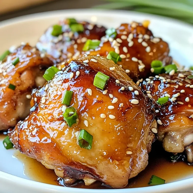 - 4 bone-in, skin-on chicken thighs - 1/4 cup honey - 4 cloves garlic, minced - 1/4 cup low-sodium soy sauce - 1 tablespoon apple cider vinegar - 1 teaspoon grated fresh ginger - Salt and pepper to taste - 2 tablespoons olive oil - 1 tablespoon sesame seeds (for garnish) - 2 green onions, sliced (for garnish) To make honey garlic chicken thighs, gather these simple ingredients. You need four bone-in, skin-on chicken thighs for a juicy bite. Honey adds sweetness and stickiness. Minced garlic gives a great aroma. Low-sodium soy sauce adds depth without too much salt. Apple cider vinegar cuts through the sweetness. Fresh ginger brings warmth and spice. Salt and pepper enhance all the flavors. Olive oil helps with searing the chicken. For garnish, sesame seeds and green onions add a nice touch. These ingredients come together to create a dish that is sweet, savory, and satisfying. I love how easy it is to find everything at the store. Each item plays a key role in making this meal a hit. Plus, you can tweak the recipe by adding your favorite spices or herbs! {{ingredient_image_1}} Preheating the Oven First, turn your oven to 400°F (200°C). This step warms the oven and helps the chicken cook evenly. Mixing the Honey Garlic Sauce In a bowl, whisk together the honey, minced garlic, low-sodium soy sauce, apple cider vinegar, and grated ginger. Mix until it’s smooth and well combined. This sauce adds a sweet and savory flavor to the chicken. Seasoning the Chicken Thighs Take your chicken thighs and sprinkle salt and pepper on both sides. This step adds flavor and enhances the dish. Cooking in an Oven-Safe Skillet Heat olive oil in a large oven-safe skillet over medium-high heat. Once hot, add the chicken thighs skin-side down. Sear them for 5-7 minutes until the skin turns golden brown and crispy. This creates a nice crust and locks in moisture. Pouring the Sauce Flip the chicken thighs over. Now, pour the honey garlic sauce over them, making sure they are well coated. This step ensures that every bite is full of flavor. Baking Time and Temperature Transfer the skillet to your preheated oven. Bake for 25-30 minutes until the internal temperature reaches 165°F (75°C). The sauce should be bubbly and thickened. Let the chicken rest for 5 minutes before serving, allowing the juices to settle. - Checking Internal Temperature To ensure safe chicken, check the internal temperature. Use a food thermometer. The chicken should reach 165°F (75°C). This means it is cooked and safe to eat. Insert the thermometer into the thickest part of the thigh. This ensures you avoid undercooked chicken. - Tips for Crispy Skin Crispy skin makes the dish more tasty. Start by drying the chicken thighs well. Pat them with paper towels before cooking. This removes excess moisture. Heat your skillet until it is hot. Cook the chicken skin-side down first. Searing for 5-7 minutes helps achieve a golden brown finish. - Recommended Seasoning Adjustments You can adjust the flavor of the sauce. If you like it spicier, add chili flakes. For a sweeter taste, add more honey. Taste the sauce before pouring it on the chicken. This way, you can make it perfect for your taste. - Using Fresh Ingredients Fresh ingredients always enhance the dish. Use fresh garlic and ginger for the best flavor. Fresh herbs, like parsley or cilantro, can brighten up the dish. They also add a nice touch when you serve it. Use fresh green onions as a garnish for a pop of color and taste. Pro Tips Use Fresh Garlic: Freshly minced garlic adds a vibrant flavor that enhances the sauce significantly compared to pre-minced options. Let It Rest: Allowing the chicken to rest for a few minutes after baking helps retain its juices, making it more tender and flavorful. Adjust Sweetness: Feel free to adjust the amount of honey based on your preference for sweetness; you can also add a pinch of red pepper flakes for a spicy kick. Garnish Wisely: Fresh toppings like sesame seeds and green onions not only enhance presentation but also add a nice crunch and flavor contrast to the dish. {{image_2}} Using Boneless Chicken Thighs You can swap bone-in chicken thighs for boneless ones. Boneless thighs cook faster. They stay juicy, which is great for quick meals. Just adjust cooking time to about 20-25 minutes. Always check for the right internal temperature. Gluten-Free Alternatives If you need a gluten-free dish, use tamari instead of soy sauce. Tamari offers a similar taste without gluten. You can also use coconut aminos for a lighter flavor. This makes the meal safe for those with gluten allergies. Experimenting with Spices You can spice things up by adding chili flakes. This gives the dish a nice kick. A little goes a long way, so start with a pinch. You can also try smoked paprika for a deeper flavor. It adds a nice warmth to the honey garlic mix. Adding Vegetables to the Skillet Try adding veggies to the skillet while cooking. Bell peppers, carrots, or snow peas work well. They add color and nutrients. Just toss them in during the last 15 minutes of baking. This way, they stay crisp and fresh. To keep your honey garlic chicken thighs fresh, follow these steps: - Optimal Storage Conditions: Place the chicken in an airtight container. Make sure the container seals well to keep out air. This will help maintain flavor and moisture. - Duration for Refrigeration: You can store leftovers in the fridge for up to three days. After that, the chicken may start to lose quality. To enjoy your chicken again, use these methods: - Best Methods to Retain Flavor and Texture: The oven works best for reheating. Preheat it to 350°F (175°C). Place the chicken on a baking sheet, cover it with foil, and heat for about 15-20 minutes. This keeps the meat juicy. - Tips for Quick Reheating: If you need a faster way, use the microwave. Place the chicken on a microwave-safe plate. Cover it with a damp paper towel to keep it moist. Heat for 1-2 minutes, checking often to avoid overcooking. Can I use chicken breasts instead of thighs? Yes, you can use chicken breasts. They will cook faster but may be less juicy. Chicken thighs have more fat, making them more tender. If you use breasts, reduce the cooking time by about 10 minutes. What can I serve with honey garlic chicken thighs? You can serve these chicken thighs with steamed rice or a fresh salad. Roasted vegetables also pair well. You want something that soaks up the tasty sauce! How long can I marinate the chicken? You can marinate the chicken for up to 2 hours. This will help the flavors soak in. If you have more time, you can marinate overnight in the fridge. Can I freeze honey garlic chicken thighs? Yes, you can freeze the cooked chicken thighs. Make sure to let them cool first. Place them in an airtight container or freezer bag. They will last for about 3 months. Just thaw in the fridge before reheating. You learned how to make delicious honey garlic chicken thighs. We covered the key ingredients, step-by-step cooking, and helpful tips. Remember to use fresh items and check the chicken's temperature for safety. Feel free to tweak the recipe with swaps or spice additions that you like. Store your leftovers properly to enjoy them later. Cooking can be fun and rewarding, so try this dish and share it with friends. Enjoy your tasty creation!