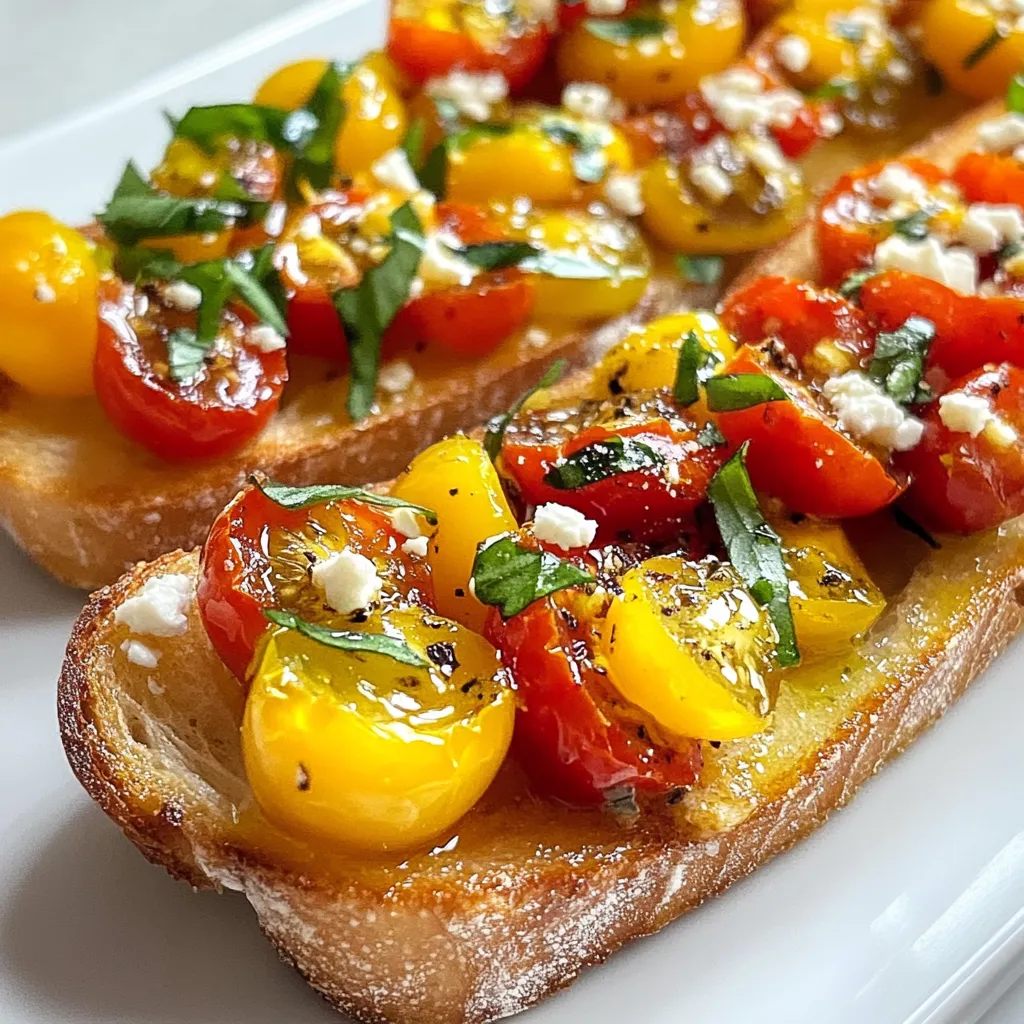 To make roasted garlic tomato bruschetta, you will need these key ingredients: - 1 baguette, sliced into 1/2 inch pieces - 1 pint cherry tomatoes, halved - 1 head of garlic - 3 tablespoons olive oil, divided - 1 tablespoon balsamic vinegar - 1 teaspoon fresh basil, chopped - Salt and pepper to taste These ingredients work together to create a tasty and flavorful dish. The garlic brings a rich taste, while the tomatoes add freshness. Adding toppings can enhance your bruschetta. Here are some options: - Crumbled feta cheese - Fresh mozzarella - A sprinkle of chili flakes for heat These toppings can add creaminess and extra flavor. Feel free to experiment with your favorites. You can easily swap out some ingredients if needed: - Use any crusty bread instead of a baguette. - Substitute grape tomatoes for cherry tomatoes. - Try white wine vinegar instead of balsamic vinegar. These substitutions can still give you a delicious bruschetta. It’s all about making it work for you! {{ingredient_image_1}} Roasting garlic is simple and brings out its sweet flavor. First, preheat your oven to 400°F (200°C). Take one head of garlic and cut off the top. This exposes the cloves. Drizzle one tablespoon of olive oil over it. Then wrap the garlic in aluminum foil. Place it in the oven for 30-35 minutes. You will know it's done when the cloves are soft and golden. While the garlic roasts, we can work on the baguette. Take one baguette and slice it into 1/2 inch pieces. Arrange these slices on a baking sheet. Brush each slice with one tablespoon of olive oil. Don’t forget to sprinkle a bit of salt on top. Now, toast them in the oven for about 10 minutes. You want them to be golden brown and crispy. Next, we make the tasty tomato topping. In a medium bowl, add a pint of halved cherry tomatoes. Pour in one tablespoon of olive oil and one tablespoon of balsamic vinegar. Add one teaspoon of fresh, chopped basil, and a pinch of salt and pepper. Now, take the roasted garlic and squeeze the soft cloves into the bowl. Mix everything together well. Now comes the fun part: assembling the bruschetta. Take your toasted baguette slices and place them on a serving platter. Spoon the tomato mixture generously over each slice. Make sure to get a good amount of that delicious topping on each piece. To make this dish even better, you can add crumbled feta cheese on top. This adds a nice creaminess and extra flavor. Serve your bruschetta right away while the baguette is warm and crispy. Enjoy this simple and tasty treat with friends or family! To make the best bruschetta, focus on the garlic and tomatoes. Roasting garlic gives it a sweet taste. When you squeeze the garlic into the tomatoes, mix well. This step adds depth. Use fresh cherry tomatoes for the best flavor. Choose ripe ones that are juicy and bright. Toast your bread until crispy but not burnt. This balance keeps the bruschetta from getting soggy. If you have leftover bruschetta, store it separately. Keep the tomato mix and toasted bread apart. This prevents the bread from getting soft. Use an airtight container for the tomato mix. It will stay fresh in the fridge for up to three days. The toasted bread can last a day but tastes best fresh. Reheat the bread in the oven to crisp it up again. One common mistake is using stale bread. Always start with fresh baguette slices. Another mistake is overcooking the garlic. Roasting too long can turn it bitter. Watch the garlic closely during cooking. Finally, don’t skip the salt and pepper. They enhance the flavors of your ingredients. Adding too little can make your bruschetta bland. Pro Tips Roasting Garlic: Ensure you wrap the garlic tightly in aluminum foil to trap the steam, which helps in achieving a perfectly soft and caramelized texture. Baguette Toasting: For extra flavor, consider adding herbs like oregano or thyme to the olive oil before brushing it on the baguette slices. Tomato Mixture: Let the tomato mixture sit for about 10 minutes after mixing. This allows the flavors to meld beautifully before serving. Serving Fresh: Serve the bruschetta immediately after assembling to keep the baguette crisp and prevent it from becoming soggy. {{image_2}} You can use many types of bread for bruschetta. The classic choice is a baguette. It gives the right crunch. Italian bread also works well. You can try ciabatta for a softer bite. Sourdough adds a nice tang. If you like whole grains, use whole wheat bread. Just remember to slice them thick enough. Each bread will add its own flavor and texture to your dish. You can change the taste with different herbs and spices. Fresh basil is a great choice and adds a nice touch. Try parsley for a fresh feel. Chives can give a mild onion flavor. Want some heat? Add a pinch of red pepper flakes. You can also use garlic powder for a stronger garlic taste. Lemon zest can add brightness too. Mix and match these flavors to find what you love. Adding toppings can make your bruschetta even better. Crumbled feta cheese adds creaminess. Fresh mozzarella gives a nice texture. You can also try goat cheese for a tangy kick. For a savory touch, add prosciutto or salami. If you like something sweet, drizzle honey on top. You can even add olives or capers for a salty burst. Be creative and add your favorite toppings! To keep your bruschetta fresh, store the toppings and bread separately. Place the tomato mixture in an airtight container. Store it in the fridge for up to two days. For the baguette, store it in a paper bag. Avoid plastic bags as they make the bread soggy. You can freeze the tomato mixture for later use. Just place it in a freezer-safe container. It can last for up to three months in the freezer. When ready to use, thaw it overnight in the fridge. Avoid freezing the bread, as it does not hold up well. To reheat the bread, preheat your oven to 350°F (175°C). Place the slices on a baking sheet. Toast them for about five minutes until warm and crispy. Do not reheat the tomato mixture. Instead, serve it cold or at room temperature for the best taste. Bruschetta and crostini are both great appetizers. Bruschetta is made with larger slices of bread, like a baguette. It often features fresh toppings, like tomatoes and garlic. Crostini uses smaller, thinner slices of bread. It can have many toppings, but they are usually more refined. So, bruschetta is heartier, while crostini is more delicate. Yes, you can prepare some parts ahead. You can roast the garlic and mix the tomato topping early. However, I suggest toasting the bread right before serving. Toasted bread stays crisp and delicious. If you add toppings too early, the bread can get soggy. For the best taste, assemble it just before serving. Toasting the bread is key to bruschetta. It adds a nice crunch and keeps the texture. If you skip toasting, the bread can be too soft. Toasting also enhances the flavor of the bread. Brush it with olive oil and a pinch of salt for extra taste. A warm, crispy base makes your toppings shine. For bruschetta, use ripe, juicy tomatoes. I like cherry tomatoes for their sweetness. They are small, bright, and full of flavor. If you prefer larger tomatoes, look for vine-ripened ones. They should feel heavy and smell sweet. Avoid tomatoes with blemishes or wrinkles. Fresh, tasty tomatoes make your bruschetta shine. Bruschetta is simple yet delicious, requiring great ingredients and clear steps. We covered the essentials, from roasting garlic to picking the right tomatoes. I shared tips to avoid mistakes and how to store extras. Different breads and toppings can add fun twists. Making bruschetta is rewarding and easy. Enjoy it with your favorite flavors and share it with others!