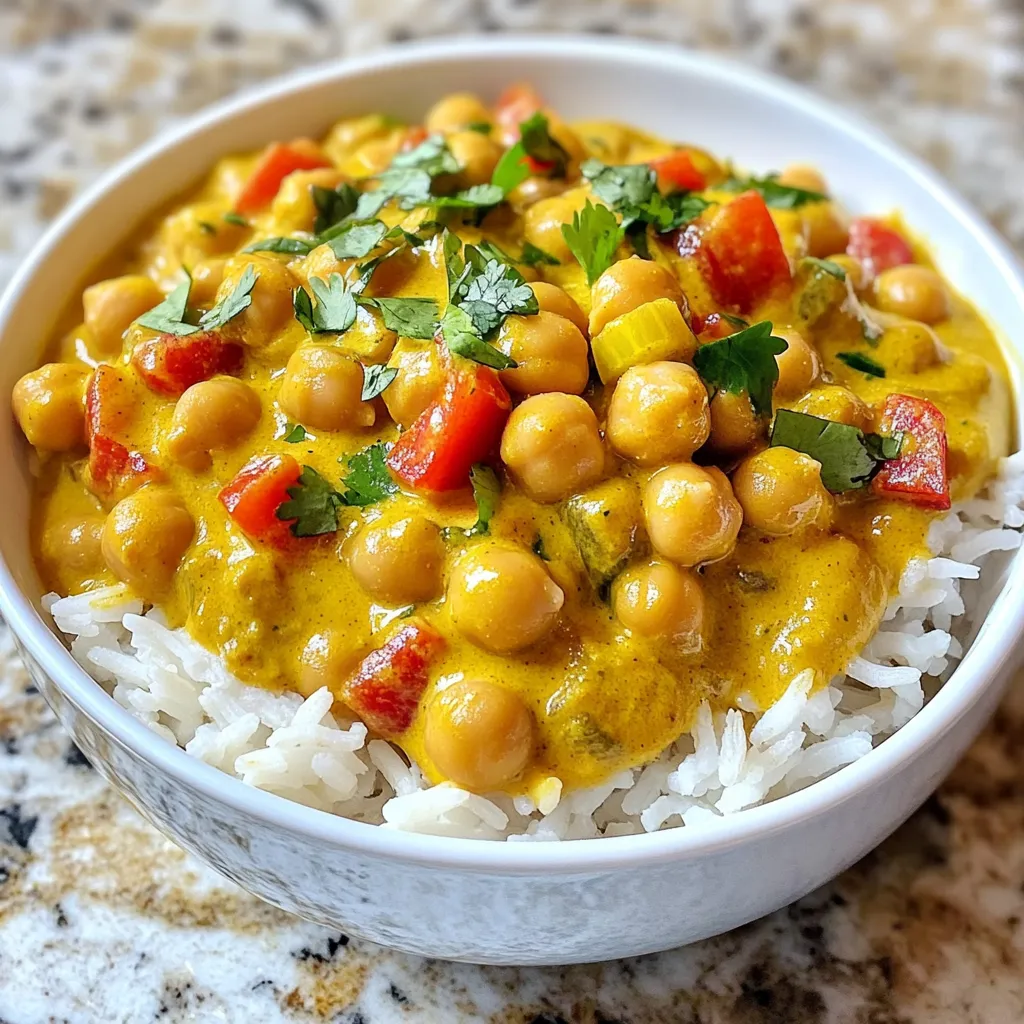 - 2 cans (15 oz each) chickpeas, drained and rinsed - 1 can (13.5 oz) coconut milk - 1 medium onion, finely chopped - 3 cloves garlic, minced - 1-inch piece of ginger, grated - 1 red bell pepper, diced - 1 can (14.5 oz) diced tomatoes (with juices) - 2 tablespoons curry powder - 1 teaspoon turmeric powder - 1 teaspoon cumin powder - 1/2 teaspoon cayenne pepper (adjust for spice preference) - 1 tablespoon olive oil - Salt, to taste Chickpeas are the star of this dish. They add protein and fiber. Coconut milk brings creaminess and a lovely flavor. The spices and aromatics, like garlic, onion, and ginger, create a fragrant base. - Fresh cilantro - Lime wedges These garnishes brighten the dish. Fresh cilantro adds a burst of flavor. Lime wedges give a zesty kick. You can choose to add them for a more vibrant meal. {{ingredient_image_1}} 1. Heat the olive oil in a large pot over medium heat. 2. Add the chopped onion. Sauté the onion until it turns translucent. This takes about 5 minutes. 3. Stir in the minced garlic and grated ginger. Cook for 1 to 2 minutes until you smell their wonderful scent. 4. Next, add the diced red bell pepper. Cook for another 3 to 4 minutes until it softens. 1. Now, sprinkle in the curry powder, turmeric, cumin, and cayenne pepper. Stir well to coat the veggies with the spices, cooking for 1 minute. 2. Pour in the diced tomatoes along with their juices. Stir to combine and let it simmer for 5 minutes. 1. Add the drained chickpeas and coconut milk to the pot. Stir everything together until well mixed. 2. Bring the mixture to a gentle boil. Then, reduce the heat to low and let it simmer for 15 to 20 minutes. Stir occasionally. 3. Season with salt to taste. Adjust any spices for more heat or flavor if needed. - Best Pots for Cooking Curry Use a large pot with a heavy bottom. This helps heat the curry evenly. A Dutch oven also works well for its heat retention. You want a pot that won’t burn the bottom. - Importance of Simmering Simmering is key to a great curry. It allows flavors to blend. After boiling, lower the heat and let it simmer. This step enhances the taste and texture of your dish. - Adjusting Spice Levels Spice is personal. Start with less cayenne if you prefer mild heat. You can always add more later. Taste as you go to find your perfect balance. - Using Fresh Ingredients Fresh ingredients make a big difference. Use fresh garlic, ginger, and bell pepper for the best flavor. They add a vibrant taste that dried spices cannot match. Fresh cilantro for garnish adds color and brightness, too. Pro Tips Flavor Boost: For an extra depth of flavor, try adding a splash of soy sauce or tamari along with the coconut milk. Add Some Greens: Toss in a handful of spinach or kale during the last few minutes of cooking for added nutrition and color. Make It Creamier: For an even creamier texture, consider blending half of the chickpeas with the coconut milk before adding them to the pot. Serve With Style: Present the curry in a bowl topped with the cilantro and a wedge of lime for a fresh and vibrant look. {{image_2}} You can easily change the protein in this curry. Adding tofu or tempeh gives it a nice twist. - Adding Tofu or Tempeh: Firm tofu works best here. Press it to remove water, then cut it into cubes. Sauté the cubes in olive oil before adding them to the curry. Tempeh is another great choice. Slice it thin and cook it until golden. Both options soak up the curry's flavors and add great texture. - Switching Beans: If you want to try something new, swap chickpeas for other beans. Black beans or kidney beans both add a rich taste. They also provide similar protein and fiber. Just drain and rinse them like chickpeas before adding. You can boost the nutrition and flavor with more veggies. Adding greens or root vegetables makes the dish hearty. - Spinach or Kale: Toss in fresh spinach or kale near the end of cooking. They wilt nicely and add color. Both greens are packed with vitamins and minerals. You can use about two cups, chopped, for a healthy boost. - Root Vegetables: Consider adding diced carrots or sweet potatoes. These add natural sweetness and texture. Chop them into small pieces and cook them with the onion. They will soften and blend well into the curry. Mix and match these options to create a dish that suits your taste. Enjoy your cooking adventure! After making your creamy coconut chickpea curry, you may have some leftovers. Store them in the fridge right away. Use an airtight container to keep it fresh. The curry stays good for about 3 to 4 days. - Storing Leftovers: Allow the curry to cool before sealing it in a container. This helps prevent moisture buildup, which can spoil the dish faster. - Best Containers for Storage: Glass containers work well. They can handle heat and keep flavors locked in. BPA-free plastic containers are also good options. Freezing your curry is a great way to save it for later. It keeps well in the freezer for about 2 to 3 months. This method is perfect for meal prep or quick dinners. - How to Freeze the Curry: Let the curry cool completely. Then, scoop it into freezer-safe containers or bags. Leave some space at the top for expansion as it freezes. - Thawing and Reheating Tips: Thaw the curry overnight in the fridge for best results. If you’re in a hurry, use the microwave on low power. Heat it slowly on the stove, adding a splash of water if it’s too thick. Enjoy your tasty meal! Can I use dried chickpeas instead of canned? Yes, you can use dried chickpeas, but you need to prepare them first. Soak the dried chickpeas overnight in water. Then, cook them until they are soft. This takes about 1 to 2 hours. After that, you can add them to the curry just like canned chickpeas. How do I make the curry spicier? To make the curry spicier, add more cayenne pepper. Start with an extra 1/4 teaspoon. You can also use fresh chili peppers or hot sauce. Just remember to taste as you go to find the right heat for you! Is this curry gluten-free? Yes, this curry is gluten-free. All the ingredients, like chickpeas and coconut milk, do not contain gluten. This makes it a great option for anyone with gluten sensitivities. What is the serving size? The recipe serves about four people. One serving is about 1 cup of curry. If you want more, just double the recipe and enjoy! This blog post covered how to make a delicious chickpea curry. You learned about the main ingredients like chickpeas and coconut milk, plus spices. I shared steps to cook the base and finish the dish. Tips on cooking techniques and flavor were included to help boost your dish. Remember, you can customize the curry with different proteins and veggies. Store your leftovers properly to enjoy later. Now, you have all the tools to create a tasty curry that suits your taste. Cook with joy and make it your own!
