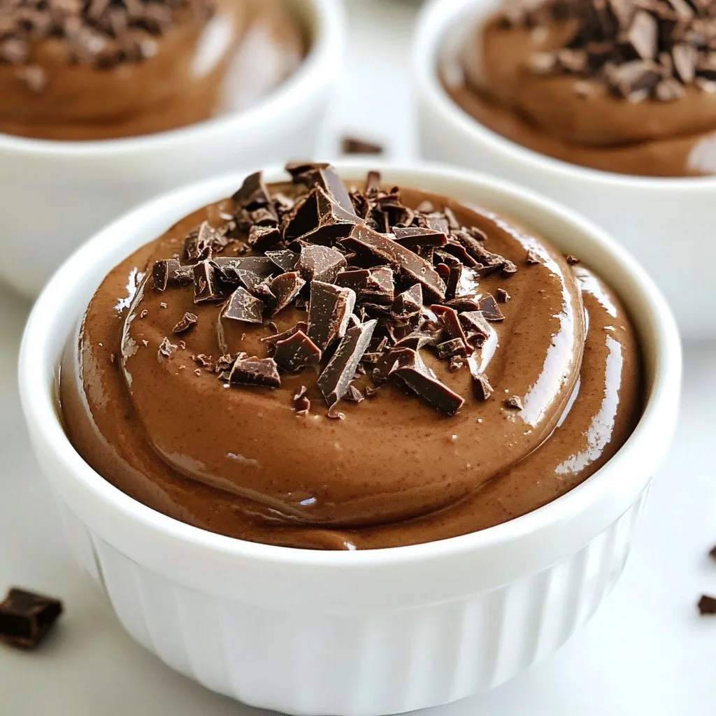 To make the Vegan Chocolate Avocado Mousse, you will need the following ingredients: - 2 ripe avocados - 1/2 cup unsweetened cocoa powder - 1/3 cup maple syrup - 1/4 cup almond milk - 1 teaspoon vanilla extract - A pinch of sea salt - Optional garnishes: Shaved dark chocolate or cacao nibs Each ingredient plays a key role in the mousse. The ripe avocados give it a creamy texture. They are also packed with healthy fats. The unsweetened cocoa powder adds rich chocolate flavor. Maple syrup serves as a natural sweetener, making this dessert vegan-friendly. Almond milk keeps the mousse dairy-free while adding a light, nutty taste. The vanilla extract enhances the overall flavor, while a pinch of sea salt balances the sweetness. You can top the mousse with shaved dark chocolate or cacao nibs for a fun texture and extra chocolatey taste. Remember, selecting ripe avocados is key. They should feel soft but not mushy. This will ensure your mousse turns out smooth and delicious. Enjoy the process of mixing these simple yet flavorful ingredients! {{ingredient_image_1}} - Step 1: Halve and scoop avocados Start by cutting the ripe avocados in half. Remove the pit. Scoop the green flesh into your blender. - Step 2: Combine ingredients in blender Add the cocoa powder, maple syrup, almond milk, vanilla extract, and a pinch of sea salt to the blender. - Step 3: Blend until smooth Blend on high speed until everything is velvety and creamy. Stop to scrape the sides if needed. - Step 4: Adjust sweetness if needed Taste your mousse. If you want it sweeter, add more maple syrup. Blend again to mix it in. - Step 5: Transfer to serving bowls Carefully pour the mousse into dessert bowls or glasses. Make sure each bowl has an even amount. - Step 6: Chill in the refrigerator Place the bowls in the fridge for at least 30 minutes. This helps the mousse set and get cold. - Step 7: Garnish before serving Right before serving, top with shaved dark chocolate or cacao nibs. This adds a nice touch to your mousse. - Choosing ripe avocados: Look for avocados that yield slightly to gentle pressure. This means they are ripe and ready. A dark green to black skin color is usually a good sign. Avoid any with large dents or bruises. - Achieving the perfect texture: To make the mousse creamy, blend well. Start on low speed, then increase to high. Scrape down the sides of the blender to combine all ingredients. Blend until you see no lumps. - Adjusting sweetness levels: Taste your mousse after blending. If you want it sweeter, add more maple syrup. Blend again to mix it in smoothly. - Alternative sweeteners: You can use agave syrup or coconut nectar instead of maple syrup. Both give a different flavor and work well. Adjust the amount based on your taste. Pro Tips Choose Ripe Avocados: Make sure the avocados are perfectly ripe; they should yield slightly to gentle pressure. This will ensure a creamy texture in your mousse. Adjust Sweetness: Taste the mixture before refrigerating. If you prefer a sweeter mousse, add more maple syrup to suit your taste and blend again. Chill for Best Texture: Allow the mousse to chill for at least 30 minutes. This helps it set and enhances the flavors, making it even more delicious. Garnish Creatively: Consider adding fresh berries, mint leaves, or a sprinkle of sea salt on top for a unique flavor contrast and visual appeal. {{image_2}} You can easily change the taste of your vegan chocolate avocado mousse. Adding nut butter gives it a rich creaminess. Almond butter or cashew butter works great. Just mix in about two tablespoons. This adds healthy fat and a nice flavor twist. You can also infuse the mousse with espresso or coffee. This will give it a deep, bold taste. Just add a shot of espresso or two teaspoons of instant coffee to your mix. Blend it well to combine. This makes the mousse even more special. If you want to switch things up, try different plant-based milks. Coconut milk adds a tropical flavor. Soy milk gives it a nice creaminess. You can use any milk you prefer, but almond milk is a great base. Substituting cocoa powder with carob is another option. Carob has a sweeter taste and is caffeine-free. It can make the mousse a bit different but still delicious. Just use the same amount of carob powder as cocoa powder. This keeps the texture smooth and creamy. To store leftover mousse, place it in an airtight container. Cover the top with plastic wrap. This helps prevent oxidation. It keeps your mousse fresh and tasty. You can refrigerate it for up to three days. After that, the taste and texture may change. If you want to save the mousse for later, freezing is a great option. Scoop the mousse into a freezer-safe container. Leave some space at the top. This allows for expansion as it freezes. You can keep it frozen for up to three months. When you are ready to eat it, thaw the mousse slowly in the fridge. This keeps the texture smooth. You can also use the microwave, but do so carefully. Heat it in short bursts to avoid cooking it. Enjoy your rich and creamy mousse anytime! Yes, avocado mousse is healthy. Avocados are rich in good fats, vitamins, and fiber. They support heart health and keep you full. The cocoa powder adds antioxidants. Maple syrup offers a natural sweetness without refined sugar. Yes, you can make this mousse ahead of time. It keeps well in the fridge. Just prepare it a day or two before your event. This gives the flavors time to blend perfectly. The mousse lasts about three days in the fridge. Store it in an airtight container. After a day or two, it may darken slightly. This is normal and does not affect the taste. You can use regular milk if you choose. However, it will no longer be vegan. Plant-based milk keeps the recipe creamy and dairy-free. Almond milk is a great option for a nutty flavor. This blog post covered how to make a tasty avocado mousse. We listed simple ingredients and easy steps to follow. I shared tips to boost flavor and texture. You can store or freeze leftover mousse for later. Enjoy this healthy treat anytime. Experiment with flavors and ingredients to make it your own. A little creativity can go a long way. Now, it's your turn to enjoy making and sharing this delicious dessert!