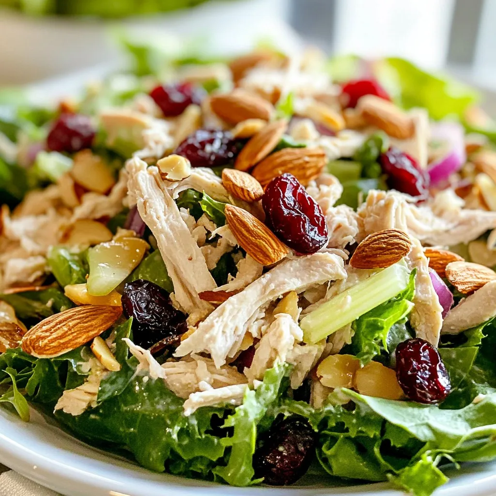 To make a tasty Cranberry Almond Chicken Salad, you need these simple ingredients: - 2 cups cooked chicken breast, shredded - 1/2 cup dried cranberries - 1/2 cup slivered almonds, toasted - 1/4 cup celery, finely chopped - 1/4 cup red onion, finely chopped - 1/2 cup Greek yogurt - 2 tablespoons honey - 1 tablespoon Dijon mustard - Salt and pepper to taste - Mixed greens for serving (optional) You can switch some ingredients to fit your needs. Here are some ideas: - Use rotisserie chicken instead of cooking your own chicken. - Swap dried cranberries for raisins or chopped apples for a twist. - Almonds can be replaced with walnuts or pecans. - If you don’t have Greek yogurt, regular yogurt works too. - Honey can be replaced with maple syrup for a vegan option. Choosing fresh ingredients makes your salad taste better. Here are some tips: - For chicken, look for breasts that are firm and pink. - Select cranberries that are plump and shiny, with no signs of mold. - Choose almonds that are crispy and have no rancid smell. - Pick celery with bright green leaves and a crisp texture. - Red onion should be firm and have a vibrant color. Using fresh ingredients helps create a bright and flavorful dish. Enjoy making your Cranberry Almond Chicken Salad! {{ingredient_image_1}} To start, gather your ingredients. You need 2 cups of cooked chicken breast, shredded. Use leftover chicken or bake some fresh. Next, grab 1/2 cup of dried cranberries. These add sweetness. You also want 1/2 cup of slivered almonds. Toast them lightly for extra flavor. Then, chop 1/4 cup of celery and 1/4 cup of red onion finely. These give crunch and taste. In a large mixing bowl, combine the shredded chicken, cranberries, toasted almonds, celery, and red onion. Mix them well with a big spoon. This salad is already looking colorful and tasty! Now, let’s make the dressing. In a separate bowl, take 1/2 cup of Greek yogurt. Add 2 tablespoons of honey and 1 tablespoon of Dijon mustard. Stir these together until they are smooth and creamy. This dressing brings everything together. Once your dressing is ready, pour it over the chicken mixture. Stir gently to coat all the ingredients. Make sure every bite gets that yummy flavor. After mixing, season your salad with salt and pepper. Taste it, and adjust if needed. Chill the salad in the fridge for at least 30 minutes. This waiting time helps the flavors blend. When you’re ready to serve, lay down a bed of mixed greens on each plate. Spoon the chicken salad on top. You can also serve it in a sandwich or wrap for a fun lunch. Enjoy this fresh and healthy dish! Shredding chicken can seem tricky, but I have some simple tips. First, use warm, cooked chicken. Warm chicken shreds easily. You can use two forks to pull the chicken apart. If you want it faster, try using a mixer. Just pulse on low until shredded. Remember, don’t overdo it! You want nice, chunky pieces. For a burst of flavor, add a squeeze of lemon juice. This brightens the dish. You can also mix in some herbs. Fresh dill or parsley works great. If you like spice, try adding a pinch of cayenne pepper. It adds warmth without too much heat. Don't forget to taste your salad as you go. Adjust salt and pepper to suit your taste. One common mistake is using dry chicken. Always use juicy, cooked chicken for the best flavor. Another mistake is not chilling the salad. Chilling helps the flavors mix well. I recommend letting it sit in the fridge for at least 30 minutes. Lastly, don’t skip the almonds! They add a nice crunch. Skipping them makes the salad less interesting. Pro Tips Use Leftover Chicken: This recipe is perfect for using up leftover rotisserie chicken or any cooked chicken you have on hand. Toast the Almonds: Toasting the almonds enhances their flavor and adds a delightful crunch to the salad. Chill for Flavor: Letting the salad chill for at least 30 minutes allows the flavors to meld beautifully, making each bite more delicious. Customize Ingredients: Feel free to add other ingredients like grapes, apples, or herbs for extra flavor and texture! {{image_2}} You can switch up the chicken in the salad. Try using turkey instead. It gives a nice twist. You can also use canned tuna or chickpeas. Both options add protein and flavor. If you want something lighter, use shrimp or crab. Just make sure to adjust the seasoning based on the protein you choose. This salad is great for adding more veggies. You can toss in some diced bell peppers. Their sweetness balances the tartness of the cranberries. Carrots also work well; they add crunch and color. You might even try adding spinach or kale for extra nutrients. Feel free to experiment and find your favorite mix! The dressing can change the whole taste of the salad. While I love the Greek yogurt mix, you could try a vinaigrette. A simple olive oil and vinegar blend is fresh and tangy. For a creamier option, use ranch or Caesar dressing. Each dressing will create a new flavor profile, making your salad unique every time! To keep your cranberry almond chicken salad fresh, store it in the fridge. Place the salad in a clean container. Make sure it is airtight. This helps keep the flavors strong and prevents spoilage. The salad can last for up to three days in the fridge. I recommend using glass or BPA-free plastic containers for storage. Glass containers are great because they do not stain or hold odors. Choose containers that have tight-fitting lids. This keeps air out and maintains freshness. You can also use resealable bags if you need extra space. If you want to reheat the salad, do it gently. I suggest using a microwave. Heat for short bursts, about 15 seconds at a time. Stir in between to ensure even warming. However, many enjoy this salad cold. You can also serve it on a bed of mixed greens for a refreshing meal. You can use plain yogurt as a substitute for Greek yogurt. It will give a similar taste. If you want a dairy-free option, try using cashew cream or plant-based yogurt. These options keep the salad creamy and tangy. Yes, you can make this salad ahead of time. It tastes better after chilling for a bit. Just store it in the fridge for up to two days. Mix in the greens right before serving to keep them fresh. Yes, this salad is gluten-free. All the ingredients used, like chicken and vegetables, are safe. Just make sure the mustard you use does not have gluten. This dish fits well for gluten-free diets. In this post, we explored key ingredients for your salad. You learned how to pick fresh items and swap ingredients easily. I shared step-by-step instructions to mix and serve your dish. We discussed tips for shredding chicken and avoiding common mistakes. Finally, we looked at variations, storage, and answered common questions. By following these tips, you'll make delicious salads that everyone will love. Enjoy creating your unique dish!