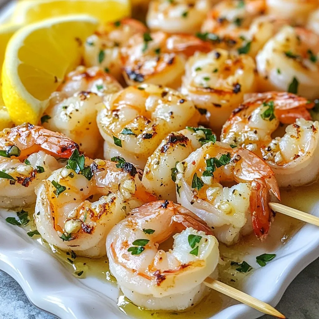 - 1 pound large shrimp, peeled and deveined - 3 tablespoons olive oil - 3 cloves garlic, minced - Zest of 1 lemon - 2 tablespoons fresh lemon juice - 1 teaspoon smoked paprika - 1 teaspoon dried oregano - Salt and pepper to taste - Fresh parsley, chopped (for garnish) - Skewers (for grilling) When you gather the ingredients, focus on quality. Fresh shrimp make a big difference. Look for shrimp that are firm and have a mild scent. The olive oil should be extra virgin for the best flavor. Fresh garlic adds a punch that dried garlic cannot match. Lemon zest gives a burst of citrus that brightens the dish. The juice adds acidity which balances the richness of the oil. Smoked paprika gives a hint of smokiness. Oregano adds earthiness and depth. For garnishes, fresh parsley not only looks good but also adds freshness. Use wooden skewers or metal ones. If you choose wooden skewers, soak them in water first. This helps prevent burning on the grill. Having all these ingredients ready makes your cooking smooth and fun. Enjoy the process! {{ingredient_image_1}} First, grab a medium bowl. You will whisk together the following ingredients: - 3 tablespoons olive oil - 3 cloves garlic, minced - Zest of 1 lemon - 2 tablespoons fresh lemon juice - 1 teaspoon smoked paprika - 1 teaspoon dried oregano - Salt and pepper to taste Whisk until smooth. This marinade will give your shrimp a bright flavor. It’s important to let the shrimp soak in the marinade. I recommend at least 30 minutes. If you have time, marinate for up to 2 hours for a stronger taste. Now, let's thread the shrimp onto skewers. Take each shrimp and slide it onto a skewer. Aim for about 4-5 shrimp per skewer. Leave a little gap between each shrimp. This space helps them cook evenly. It also makes it easier to flip them on the grill. Before grilling, preheat your grill to medium-high heat. If you use wooden skewers, soak them in water for about 30 minutes. This step prevents them from burning on the grill. Place the skewers on the grill. Cook them for about 2-3 minutes on each side. The shrimp should turn pink and opaque. Watch closely to avoid overcooking. When done, remove the skewers from the grill and let them rest for a minute. Finish by garnishing with fresh chopped parsley before serving. To take your Lemon Garlic Grilled Shrimp Skewers to the next level, consider adding a touch of heat. A pinch of red pepper flakes can bring a nice kick. You can also add fresh herbs like thyme or basil for extra zest. For marinating, I recommend letting the shrimp soak for at least 30 minutes. This gives the shrimp time to absorb all the flavors. If you want a stronger taste, marinate for up to 2 hours. Just don’t go too long, or the shrimp can get mushy. The key to great grilled shrimp is the temperature. Set your grill to medium-high heat, around 400°F to 450°F. This heat cooks the shrimp quickly and helps them get a nice char. Look for a few signs to know when they are perfect. The shrimp should turn bright pink and opaque. They also curl slightly as they cook. This usually takes about 2-3 minutes per side. For a stunning presentation, serve the skewers on a large platter. Add lemon wedges around the dish for color and flavor. You might also drizzle a bit of olive oil over the top for shine. Pair these skewers with sides like a fresh salad or roasted vegetables. Garlic aioli or a tangy dipping sauce also works well. These options enhance the meal and add to the flavor experience. Pro Tips Marinate Longer for Flavor: For an even more intense flavor, let the shrimp marinate for up to 2 hours in the refrigerator. Perfect Grill Temperature: Make sure your grill is preheated to medium-high heat to ensure the shrimp cook quickly and evenly without drying out. Watch for Color Change: Keep an eye on the shrimp as they cook; they are done when they turn pink and opaque, typically 2-3 minutes per side. Fresh Herbs for Garnish: Fresh parsley not only adds a pop of color but also enhances the dish's aroma and flavor profile when sprinkled on top before serving. {{image_2}} You can spice up your Lemon Garlic Grilled Shrimp Skewers by adding chili flakes. Just a pinch gives a nice kick. If you want to change the herbs, try fresh cilantro or basil instead of oregano. You can also swap lemon for lime for a zesty twist. Each change brings a new flavor to your dish. If you can't grill, oven-broiling works well. Preheat your broiler and place the skewers on a baking sheet. Broil for 2-3 minutes on each side, just like grilling. Another option is using a stovetop skillet. Heat the skillet on medium-high, add a bit of olive oil, and cook the shrimp for 2-3 minutes per side. Both methods give delicious results. You can turn these skewers into wraps. Just place shrimp in a tortilla with fresh veggies. Another fun idea is to toss them into salads or grain bowls. They add protein and flavor to any meal. These variations make your dish more versatile and exciting. To keep your Lemon Garlic Grilled Shrimp Skewers fresh, use an airtight container. Glass containers work well, but plastic ones are fine too. Make sure to cool the skewers before storing them. This helps prevent condensation, which can make them soggy. For the best taste, refrigerate leftovers within two hours. Place the container in the fridge. The shrimp will stay good for about two to three days. When it's time to enjoy leftovers, reheating is key. You can use a microwave or grill. The microwave is quick but may make the shrimp rubbery. To avoid this, heat them in short bursts. Check every 30 seconds until warm. Grilling is a better method for flavor. Preheat the grill to medium heat. Place the skewers on the grill for about one minute on each side. This will help keep the shrimp juicy and tasty. Enjoy your delicious Lemon Garlic Grilled Shrimp Skewers again! You should marinate shrimp for at least 30 minutes. This allows the shrimp to soak up the tasty flavors. If you have more time, marinate them for up to 2 hours. This gives you a stronger lemon and garlic taste. Lemon Garlic Grilled Shrimp Skewers go well with many sides. Here are some popular options: - Fresh salad with greens and veggies - Steamed rice or quinoa - Grilled vegetables like zucchini or bell peppers - Garlic bread for a tasty addition These sides enhance the meal and balance the dish. Yes, you can use frozen shrimp for this recipe. Just make sure to thaw them before cooking. To thaw shrimp, place them in a bowl of cold water for about 15-20 minutes. This helps keep their texture nice. After thawing, you can follow the recipe as usual. Lemon Garlic Grilled Shrimp Skewers are easy and delicious. We covered the key ingredients, like shrimp, olive oil, and spices. You learned how to prepare the marinade, skewer the shrimp, and grill them perfectly. Remember, experimenting with flavors can elevate your dish. Whether you choose to spice it up or try different cooking methods, make it your own. With proper storage and reheating tips, enjoy leftovers just as much. Savor each bite and impress your friends with this great recipe!