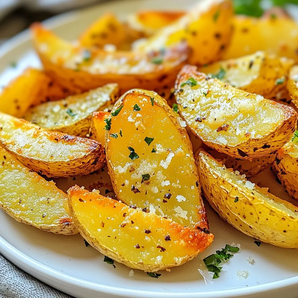 To make delicious Garlic Parmesan Air Fryer Potato Wedges, you need just a few simple ingredients. Here’s what you will need: - 4 medium russet potatoes - 3 tablespoons olive oil - 4 cloves garlic, minced - 1 teaspoon garlic powder - 1 teaspoon onion powder - 1 teaspoon smoked paprika - 1 teaspoon dried Italian herbs - ½ cup grated Parmesan cheese - Salt and black pepper - Fresh parsley for garnish Using russet potatoes gives a nice texture. These potatoes are fluffy inside and crisp outside. Olive oil helps the spices stick to the wedges and provides flavor. Minced garlic adds a fresh, bold taste, while garlic powder boosts the garlic flavor. Onion powder and smoked paprika add depth. Dried Italian herbs mix well with the garlic and cheese. Parmesan cheese gives a salty, nutty taste. Salt and black pepper enhance all the flavors. Fresh parsley adds a pop of color and freshness when serving. Gather these ingredients before you start cooking. This will make the process smooth and fun! {{ingredient_image_1}} Start by washing the russet potatoes well under cold water. This step removes dirt and grime. Pat the potatoes dry using a kitchen towel. Next, cut each potato in half lengthwise. Then, slice each half into wedges that are about 1-inch thick. Making sure the wedges are similar in size helps them cook evenly. In a large bowl, combine the potato wedges with 3 tablespoons of olive oil, 4 cloves of minced garlic, 1 teaspoon of garlic powder, 1 teaspoon of onion powder, 1 teaspoon of smoked paprika, and 1 teaspoon of dried Italian herbs. Add salt and black pepper to taste. Toss everything together well. This ensures that each wedge is coated with the tasty mixture. Now, add ½ cup of grated Parmesan cheese to the bowl. Toss again until the cheese sticks to the wedges. Preheat your air fryer to 400°F (200°C) for about 5 minutes. This step helps the wedges turn crispy quicker. Place the potato wedges in a single layer in the air fryer basket. You might need to cook them in batches if your air fryer is small. Cook the wedges for 15-18 minutes. Remember to shake the basket halfway through. This helps them cook evenly and become golden and crisp. Once they are done, remove the wedges and let them cool slightly before serving. To get crispy potato wedges, follow these tips: - Cook at high heat. Set your air fryer to 400°F (200°C). - Don’t overcrowd. Place wedges in a single layer. This helps air flow. - Shake halfway. Move the basket after about 8 minutes for even cooking. - Adjust cooking time. If your air fryer is small, cook in batches. You may need less time if the basket is crowded. Want to spice up your wedges? Here are some ideas: - Try different spices. Add chili flakes for heat or smoked paprika for depth. - Use fresh herbs. Rosemary or thyme can add a fresh taste. - Cheese options. If you want a twist, try cheddar or feta. Each brings its own flavor. Make your dish more appealing with these tips: - Garnish well. Sprinkle fresh parsley on top for color. - Serve with a dip. Try ranch or garlic aioli on the side. - Plate creatively. Use a wooden board or a colorful plate for a fun look. Pro Tips Soak the Potatoes: Soaking the potato wedges in cold water for 30 minutes before cooking can help achieve a crispier texture by removing excess starch. Experiment with Seasonings: Feel free to customize the seasoning mix by adding your favorite spices or herbs for a unique flavor twist. Don’t Overcrowd the Basket: For the best results, cook the wedges in a single layer and avoid overcrowding the air fryer basket to ensure even cooking. Use Fresh Parmesan: Grating fresh Parmesan cheese instead of using pre-grated will enhance the flavor and help it stick better to the wedges. {{image_2}} You can change the flavor of your potato wedges easily. For a spicy kick, add chili flakes or cayenne. Both of these spices will give your wedges heat. Just sprinkle some on before cooking. You will enjoy a nice balance of garlic and spice. If you want a fresh taste, try using herbs. Fresh herbs like rosemary or thyme add a bright flavor. Mix them in with the oil and spices. This will give your wedges a lovely herbaceous note. You can also try dried herbs if fresh ones are not available. While I love the air fryer, you can also bake these wedges in the oven. Preheat your oven to 425°F (220°C). Spread the seasoned wedges on a baking sheet. Bake them for 25-30 minutes. Flip them halfway for even cooking. Deep frying is another option. Heat oil in a pot to 350°F (175°C). Fry the wedges in small batches until golden brown. This method will give you very crispy wedges. Just be careful with the hot oil! To make your meal even better, think about dips. Ranch dressing or garlic aioli works well with these wedges. You can also try a spicy sriracha mayo for something different. As for side dishes, these wedges pair great with grilled chicken or burgers. They also go well with a fresh salad. The crunch from the wedges complements soft foods nicely. Enjoy mixing and matching! To store leftover potato wedges, let them cool first. Place them in an airtight container. Keep the container in the fridge. These wedges will stay fresh for up to four days. When you want to eat them, reheat in the air fryer. Heat them at 350°F for about 5-7 minutes. This will help restore crispiness. To freeze potato wedges, let them cool completely. Place them in a single layer on a baking sheet. Freeze for about an hour until firm. Once firm, transfer them to a freezer bag. Remove as much air as possible to avoid freezer burn. To keep the texture, do not freeze them for more than two months. Fresh potato wedges last for four days in the fridge. Look for signs of spoilage. If they smell bad or feel slimy, it’s time to toss them. Always trust your senses to keep your food safe. Yes, you can use other types of potatoes! I recommend trying Yukon Gold or sweet potatoes. They both have unique flavors and textures. Yukon Golds become creamy inside, while sweet potatoes add a hint of sweetness. You can also use red potatoes for a firmer bite. Just remember to adjust cooking time as needed. To make your potato wedges healthier, you can reduce the amount of olive oil. Use only 1-2 tablespoons instead of 3. You can also skip the cheese or use a lighter cheese option. Another tip is to bake them instead of air frying. This can help cut down on calories while still being tasty! Absolutely! You can prep the wedges a day ahead. Just wash and cut the potatoes, then soak them in water. This keeps them from browning. Store them in the fridge until you’re ready to cook. When you're ready, follow the same seasoning and cooking steps. Enjoy fresh, hot wedges without the wait! You now know how to make tasty potato wedges in an air fryer. We covered key ingredients, step-by-step guides, and useful tips for crispiness. I shared variations and serving ideas to keep meals fun. Feel free to experiment with flavors and cooking methods. Remember to store leftovers properly for the best taste. Enjoy your next snack!