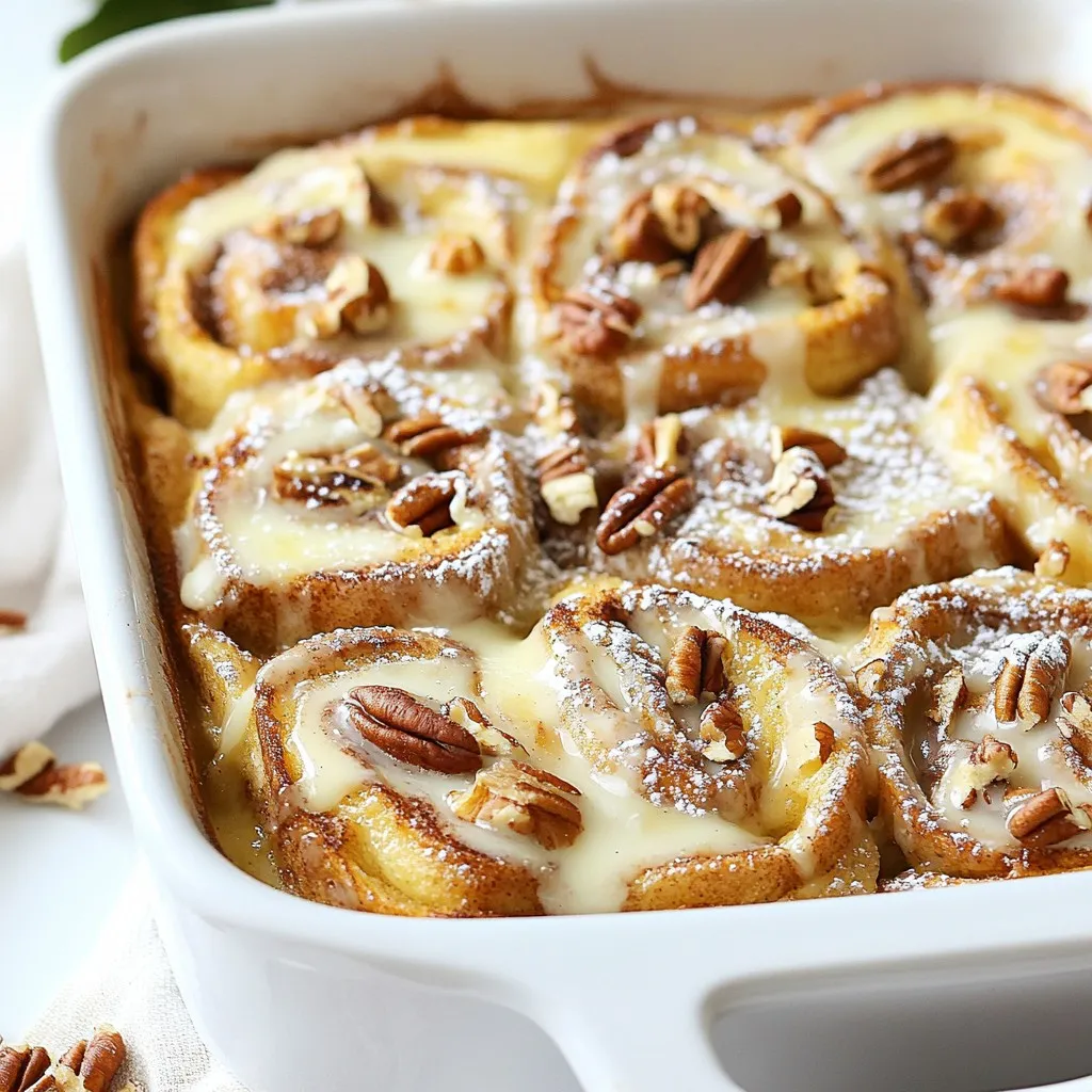 - 2 cans of refrigerated cinnamon roll dough (8 rolls each) - 6 large eggs - 1 cup whole milk - 1/2 cup heavy cream - 1/4 cup maple syrup - 1 teaspoon vanilla extract - 1 teaspoon ground cinnamon - 1/2 teaspoon nutmeg - 1/4 teaspoon salt To create this tasty dish, I use two cans of refrigerated cinnamon roll dough. Each can has eight rolls, which work perfectly for this recipe. Next, I whisk together six large eggs, one cup of whole milk, and half a cup of heavy cream. This mix makes the base creamy and rich. I also add one-fourth cup of maple syrup for sweetness and one teaspoon of vanilla extract for flavor. Ground cinnamon and nutmeg bring warmth and spice to the dish. Lastly, a pinch of salt balances all the flavors. - 1/2 cup pecans or walnuts, chopped (optional) - Powdered sugar for dusting - Extra maple syrup for drizzling For some crunch, I like to add half a cup of chopped pecans or walnuts. They give a nice texture and flavor. You can also dust the finished casserole with powdered sugar for a sweet touch. Don’t forget to drizzle extra maple syrup on top when serving. It adds a lovely sweetness. - Caloric content per serving: Approximately 300 calories - Breakdown of macronutrients: 15g fat, 36g carbs, 6g protein This dish has about 300 calories per serving. Each serving contains around 15 grams of fat, 36 grams of carbs, and 6 grams of protein. This makes it a hearty breakfast option that keeps you full and satisfied. {{ingredient_image_1}} 1. Preheat your oven to 375°F (190°C). This step is key for even baking. 2. Grease a 9x13 inch baking dish with butter or cooking spray. This helps prevent sticking. 3. Open the cinnamon roll dough and cut each roll into quarters. This makes it easy to soak. 4. Place the cinnamon roll pieces evenly in the bottom of the greased dish. Ensure they fit snugly. 1. In a large mixing bowl, whisk together the eggs, whole milk, heavy cream, maple syrup, vanilla extract, ground cinnamon, nutmeg, and salt. Mix until smooth. 2. Pour the egg mixture evenly over the cinnamon roll pieces in the baking dish. Make sure every piece gets soaked. This is what gives it that delicious custardy texture. 1. Let the casserole sit for about 10-15 minutes. This helps the bread soak up all the flavors. 2. Bake in the preheated oven for 25-30 minutes. Keep an eye on it until the top is golden brown and the eggs are set. 3. Once baked, remove from the oven and let sit for 5 minutes. 4. Drizzle with the icing that comes with the cinnamon roll dough. 5. Serve warm, dusted with powdered sugar and extra maple syrup on the side for a sweet touch. To make sure your cinnamon rolls soak up the egg mix, cut each roll into quarters. Spread the pieces evenly in the dish. Pour the egg mix slowly over the rolls. This helps every piece soak well. Baking times can vary by oven. If your oven runs hot, check the casserole a few minutes early. Look for a golden top and set eggs. Use an oven thermometer for best results. For a lovely look, dust your casserole with powdered sugar before serving. This adds a sweet touch. You can also drizzle with extra maple syrup for flavor and shine. Serve warm for the best taste. Want to switch it up? Try flavored syrups like blueberry or caramel. These add a fun twist to your dish. You can also change the spices. Add a dash of ginger or cardamom for a unique flavor. Get creative! Pro Tips Use Day-Old Bread: For a richer texture, consider using day-old cinnamon rolls if you have them. They absorb the egg mixture better and result in a fluffier casserole. Customize Your Nuts: Feel free to mix and match nuts based on your preference. Almonds, pecans, or walnuts can add different flavors and crunch to your casserole. Experiment with Spices: Don’t hesitate to add a pinch of cardamom or ginger to the egg mixture for an extra layer of flavor. It complements the cinnamon beautifully. Make Ahead: You can assemble the casserole the night before and refrigerate it. Just add a few extra minutes to the baking time when you're ready to cook. {{image_2}} You can change the taste of your Cinnamon Roll French Toast Casserole with fun flavors. - Pumpkin spice cinnamon roll casserole: Add 1 cup of pumpkin puree and 1 teaspoon of pumpkin pie spice to the egg mixture. This gives a warm, autumn vibe to your dish. - Chocolate chip cinnamon roll casserole: Toss in 1 cup of chocolate chips with the cinnamon roll pieces. This variation adds a sweet surprise that chocolate lovers will enjoy. You can adapt this casserole to fit different diets. - Gluten-free options: Use gluten-free cinnamon rolls. Make sure to check the labels for safe ingredients. This allows everyone to enjoy the dish. - Vegan adaptations: Replace eggs with 1 cup of unsweetened applesauce and use plant-based milk and cream. This way, you can make a vegan-friendly version that is still tasty. Adding seasonal elements can make your casserole even more interesting. - Adding fruits for seasonal flavors: Mix in fresh berries, sliced bananas, or diced apples. These fruits can brighten up the dish and add natural sweetness. - Holiday-themed versions: For winter holidays, try adding cranberries or peppermint extract. These flavors can bring festive cheer to your breakfast table. After baking your cinnamon roll French toast casserole, let it cool for about 10-15 minutes. This cooling time helps the casserole set. Once cooled, transfer it to an airtight container. Glass containers work well, but plastic containers are also fine. Make sure to seal it tightly to keep the moisture in. To reheat, the oven is your best bet. Set it to 350°F (175°C) and cover the casserole with foil. Heat for about 15-20 minutes. This keeps it moist and warm. If you're in a hurry, you can use the microwave. Heat individual portions for about 30-45 seconds. Just be careful, as microwaves can dry it out. To freeze leftovers, let the casserole cool completely. Cut it into portions and wrap each piece in plastic wrap. Place the wrapped pieces in a freezer bag, and remove as much air as you can before sealing. For thawing, move it from the freezer to the fridge overnight. Reheat in the oven as mentioned above or in the microwave. Enjoy your tasty breakfast even after it's frozen! Yes, you can prep this casserole the night before. Start by cutting the cinnamon rolls into quarters. Place them in your greased baking dish. Next, mix the eggs, milk, cream, syrup, vanilla, cinnamon, nutmeg, and salt in a bowl. Pour this mixture over the cinnamon roll pieces. Cover the dish tightly with plastic wrap or foil. Store it in the fridge overnight. In the morning, just bake it. This saves you time on busy mornings. The best way to serve this casserole is warm. Dust it with powdered sugar for a sweet touch. Offer extra maple syrup on the side for drizzling. You can also add fresh berries or sliced bananas. These fruits add color and flavor. Serve with whipped cream for a special treat. Everyone will love this tasty way to start the day. To make this dish dairy-free, swap the whole milk for almond or oat milk. Use coconut cream instead of heavy cream. For eggs, you can use a mixture of flaxseed meal and water. Mix one tablespoon of flaxseed meal with three tablespoons of water for each egg. This will help bind the casserole. These simple swaps keep the dish creamy and delicious without dairy. This blog post covered everything you need to know about making a delicious Cinnamon Roll French Toast Casserole. We explored the main ingredients, preparation steps, and even customization ideas to fit your taste. Remember, you can tweak flavors and swap ingredients for dietary needs. Whether you prefer a simple version or a festive twist, this casserole is sure to please. Now, gather your ingredients and enjoy a warm, tasty meal with friends or family. Happy cooking!
