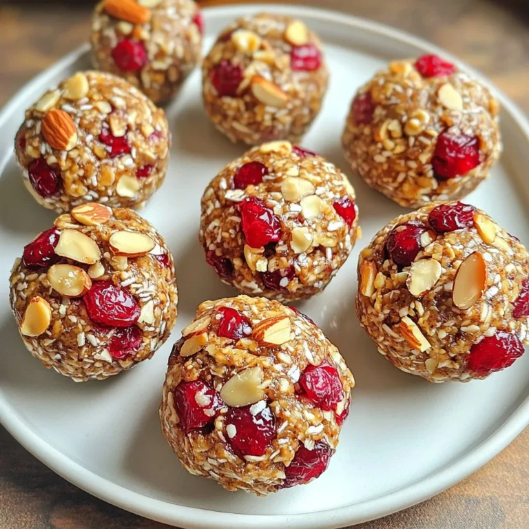 For these tasty cranberry almond energy bites, you will need: - 1 cup rolled oats - 1/2 cup almond butter - 1/3 cup honey or maple syrup - 1/2 cup dried cranberries, chopped - 1/4 cup almond slices or chopped almonds - 1 tablespoon chia seeds - 1 teaspoon vanilla extract - A pinch of salt These ingredients work together to create a healthy snack. The oats give fiber, while almond butter adds protein. You can easily swap some ingredients. If you don't have almond butter, try peanut butter. You can also use agave syrup instead of honey. For a nut-free option, use sunflower seed butter. If you want more flavor, add cinnamon or nutmeg. Each energy bite provides a good balance of nutrients. Here’s a quick look at what you get: - Calories: About 100 per bite - Protein: 3 grams - Fiber: 2 grams - Sugars: 5 grams These bites are great for a quick boost. They keep you full and give you energy. {{ingredient_image_1}} To start, gather your ingredients. You will need: - 1 cup rolled oats - 1/2 cup almond butter - 1/3 cup honey or maple syrup - 1/2 cup dried cranberries, chopped - 1/4 cup almond slices or chopped almonds - 1 tablespoon chia seeds - 1 teaspoon vanilla extract - A pinch of salt In a large bowl, mix the rolled oats, almond butter, and honey or maple syrup. Stir until the mixture is sticky and forms a dough. This is where the fun begins! Next, add the chopped cranberries, almond slices, chia seeds, vanilla extract, and salt. Mix everything well until blended. You want all the flavors to combine. Now, it’s time to chill the mixture. Place the bowl in the fridge for about 30 minutes. Chilling makes it easier to shape the bites later. After 30 minutes, take the mixture out. Scoop about 1 tablespoon of the mixture and roll it into a ball with your hands. You should get about 12 to 15 energy bites. Once shaped, place the bites on a parchment-lined baking sheet or plate. This will help keep them from sticking. For a little extra crunch, you can roll some of the bites in extra almond slices. This adds texture and looks great. Store your energy bites in an airtight container in the fridge for up to a week. You can also freeze them for longer storage. Enjoy your healthy snack! To get the right texture, mix your ingredients well. You want a sticky dough that holds together. If it feels too dry, add a bit more almond butter or honey. Letting the mixture chill for 30 minutes helps it firm up. This makes it much easier to shape into bites. If you prefer a chewier texture, add a few more dried cranberries. Store your energy bites in an airtight container. They stay fresh in the fridge for about a week. For longer storage, freeze the bites in a single layer. Once frozen, transfer them to a freezer bag. They can last up to three months in the freezer. Just thaw them in the fridge before you eat. One mistake is not measuring your ingredients. Too much almond butter can make the bites too greasy. Another mistake is skipping the chill time. If you skip that, the bites may not hold their shape. Lastly, avoid using too many add-ins. Stick to the recipe for the best results. Enjoy your snack! Pro Tips Use Creamy Almond Butter: A creamy almond butter will blend more easily with the oats, resulting in a smoother texture for your energy bites. Chill for Better Shape: Chilling the mixture for 30 minutes not only makes it easier to roll into balls but also helps the bites hold their shape better. Experiment with Mix-ins: Feel free to swap out dried cranberries for other dried fruits like apricots or raisins, and add seeds like pumpkin or sunflower for extra crunch. Storing Tips: Store the energy bites in an airtight container in the fridge for up to a week, or freeze them for longer-lasting snacks! {{image_2}} You can switch up the nuts in your energy bites. Instead of almonds, try walnuts or cashews. These nuts will give a different taste and texture. You can even use sunflower seeds or pumpkin seeds for a nut-free option. Both add a nice crunch and healthy fats. Want to spice things up? You can add cinnamon or nutmeg for warmth. A splash of almond or coconut extract can also enhance the flavor. For a fun twist, try mixing in some cocoa powder for a chocolatey taste. These flavor additions make your energy bites unique every time. If you follow a special diet, you can still enjoy these bites. To make them vegan, just use maple syrup instead of honey. For a gluten-free option, ensure your oats are certified gluten-free. These small changes let everyone enjoy this tasty snack. Cranberry almond energy bites are tasty on their own. You can pair them with yogurt for a protein boost. They also go well with fresh fruit like apple slices or bananas. For a crunchy snack, serve them with whole-grain crackers. A glass of almond milk or a smoothie makes a great drink choice too. These energy bites fit many occasions. They work well as a quick breakfast on busy mornings. Pack them for school lunches or after-school snacks. They are perfect for road trips or hikes. You can also serve them at parties as a healthy treat. Everyone will love this easy snack! Add energy bites to your meal plan for healthy snacking. You can enjoy one before a workout for extra energy. They also make a great mid-afternoon pick-me-up. If you want a sweet treat, grab one after dinner. Store them in your fridge, so they are ready when you need them. This snack fits into many diets and can help keep you on track! Cranberry Almond Energy Bites last up to one week in the fridge. Store them in an airtight container to keep them fresh. If you want them to last longer, freeze them. They can stay good for about three months in the freezer. Yes, you can use other dried fruits. Try raisins, apricots, or cherries. Just chop them into small pieces like you do with cranberries. Each fruit gives a different taste, so feel free to mix and match. To freeze, place the energy bites on a parchment-lined tray. Make sure they don’t touch. Freeze them for about two hours. Once firm, transfer them to a freezer-safe bag. This way, they won’t stick together. This blog covered how to make Cranberry Almond Energy Bites. We went through the ingredient list, options for substitutions, and their nutrition facts. Then, I explained easy preparation steps and how to chill and shape the bites. We shared tips for texture, storage, and common mistakes to avoid. I suggested variations with different nuts, flavors, and dietary needs. Lastly, we explored serving ideas and answered key FAQs. By following these steps, you can create a tasty and healthy snack that fits your needs. Enjoy your kitchen adventures!