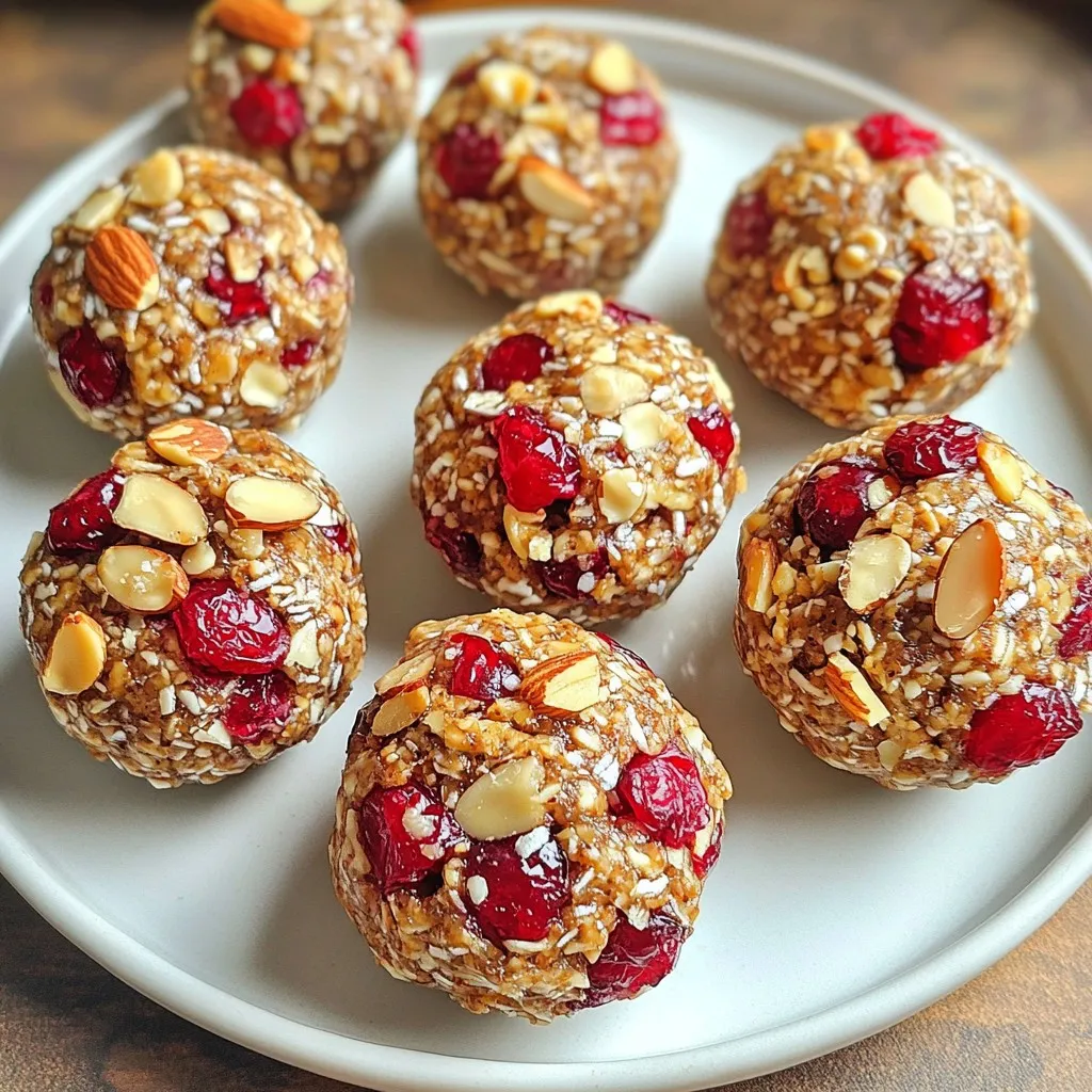 For these tasty cranberry almond energy bites, you will need: - 1 cup rolled oats - 1/2 cup almond butter - 1/3 cup honey or maple syrup - 1/2 cup dried cranberries, chopped - 1/4 cup almond slices or chopped almonds - 1 tablespoon chia seeds - 1 teaspoon vanilla extract - A pinch of salt These ingredients work together to create a healthy snack. The oats give fiber, while almond butter adds protein. You can easily swap some ingredients. If you don't have almond butter, try peanut butter. You can also use agave syrup instead of honey. For a nut-free option, use sunflower seed butter. If you want more flavor, add cinnamon or nutmeg. Each energy bite provides a good balance of nutrients. Here’s a quick look at what you get: - Calories: About 100 per bite - Protein: 3 grams - Fiber: 2 grams - Sugars: 5 grams These bites are great for a quick boost. They keep you full and give you energy. {{ingredient_image_1}} To start, gather your ingredients. You will need: - 1 cup rolled oats - 1/2 cup almond butter - 1/3 cup honey or maple syrup - 1/2 cup dried cranberries, chopped - 1/4 cup almond slices or chopped almonds - 1 tablespoon chia seeds - 1 teaspoon vanilla extract - A pinch of salt In a large bowl, mix the rolled oats, almond butter, and honey or maple syrup. Stir until the mixture is sticky and forms a dough. This is where the fun begins! Next, add the chopped cranberries, almond slices, chia seeds, vanilla extract, and salt. Mix everything well until blended. You want all the flavors to combine. Now, it’s time to chill the mixture. Place the bowl in the fridge for about 30 minutes. Chilling makes it easier to shape the bites later. After 30 minutes, take the mixture out. Scoop about 1 tablespoon of the mixture and roll it into a ball with your hands. You should get about 12 to 15 energy bites. Once shaped, place the bites on a parchment-lined baking sheet or plate. This will help keep them from sticking. For a little extra crunch, you can roll some of the bites in extra almond slices. This adds texture and looks great. Store your energy bites in an airtight container in the fridge for up to a week. You can also freeze them for longer storage. Enjoy your healthy snack! To get the right texture, mix your ingredients well. You want a sticky dough that holds together. If it feels too dry, add a bit more almond butter or honey. Letting the mixture chill for 30 minutes helps it firm up. This makes it much easier to shape into bites. If you prefer a chewier texture, add a few more dried cranberries. Store your energy bites in an airtight container. They stay fresh in the fridge for about a week. For longer storage, freeze the bites in a single layer. Once frozen, transfer them to a freezer bag. They can last up to three months in the freezer. Just thaw them in the fridge before you eat. One mistake is not measuring your ingredients. Too much almond butter can make the bites too greasy. Another mistake is skipping the chill time. If you skip that, the bites may not hold their shape. Lastly, avoid using too many add-ins. Stick to the recipe for the best results. Enjoy your snack! Pro Tips Use Creamy Almond Butter: A creamy almond butter will blend more easily with the oats, resulting in a smoother texture for your energy bites. Chill for Better Shape: Chilling the mixture for 30 minutes not only makes it easier to roll into balls but also helps the bites hold their shape better. Experiment with Mix-ins: Feel free to swap out dried cranberries for other dried fruits like apricots or raisins, and add seeds like pumpkin or sunflower for extra crunch. Storing Tips: Store the energy bites in an airtight container in the fridge for up to a week, or freeze them for longer-lasting snacks! {{image_2}} You can switch up the nuts in your energy bites. Instead of almonds, try walnuts or cashews. These nuts will give a different taste and texture. You can even use sunflower seeds or pumpkin seeds for a nut-free option. Both add a nice crunch and healthy fats. Want to spice things up? You can add cinnamon or nutmeg for warmth. A splash of almond or coconut extract can also enhance the flavor. For a fun twist, try mixing in some cocoa powder for a chocolatey taste. These flavor additions make your energy bites unique every time. If you follow a special diet, you can still enjoy these bites. To make them vegan, just use maple syrup instead of honey. For a gluten-free option, ensure your oats are certified gluten-free. These small changes let everyone enjoy this tasty snack. Cranberry almond energy bites are tasty on their own. You can pair them with yogurt for a protein boost. They also go well with fresh fruit like apple slices or bananas. For a crunchy snack, serve them with whole-grain crackers. A glass of almond milk or a smoothie makes a great drink choice too. These energy bites fit many occasions. They work well as a quick breakfast on busy mornings. Pack them for school lunches or after-school snacks. They are perfect for road trips or hikes. You can also serve them at parties as a healthy treat. Everyone will love this easy snack! Add energy bites to your meal plan for healthy snacking. You can enjoy one before a workout for extra energy. They also make a great mid-afternoon pick-me-up. If you want a sweet treat, grab one after dinner. Store them in your fridge, so they are ready when you need them. This snack fits into many diets and can help keep you on track! Cranberry Almond Energy Bites last up to one week in the fridge. Store them in an airtight container to keep them fresh. If you want them to last longer, freeze them. They can stay good for about three months in the freezer. Yes, you can use other dried fruits. Try raisins, apricots, or cherries. Just chop them into small pieces like you do with cranberries. Each fruit gives a different taste, so feel free to mix and match. To freeze, place the energy bites on a parchment-lined tray. Make sure they don’t touch. Freeze them for about two hours. Once firm, transfer them to a freezer-safe bag. This way, they won’t stick together. This blog covered how to make Cranberry Almond Energy Bites. We went through the ingredient list, options for substitutions, and their nutrition facts. Then, I explained easy preparation steps and how to chill and shape the bites. We shared tips for texture, storage, and common mistakes to avoid. I suggested variations with different nuts, flavors, and dietary needs. Lastly, we explored serving ideas and answered key FAQs. By following these steps, you can create a tasty and healthy snack that fits your needs. Enjoy your kitchen adventures!