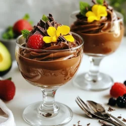 To make Vegan Chocolate Avocado Mousse, you need a few simple ingredients. Each one plays a key role in creating the rich and creamy texture. - 2 ripe avocados - 1/2 cup unsweetened cocoa powder - 1/2 cup maple syrup (or agave syrup) - 1/3 cup almond milk (or any plant-based milk) - 1 teaspoon vanilla extract - 1/4 teaspoon salt - A pinch of cinnamon (optional) - Vegan chocolate shavings or berries for garnish (optional) Ripe avocados give the mousse its smoothness. Cocoa powder adds that deep chocolate flavor. Maple syrup or agave syrup sweetens the mix. Almond milk keeps it creamy and light. Vanilla extract adds warmth, while salt enhances all the flavors. A pinch of cinnamon can add a nice touch, but it’s optional. For garnish, consider vegan chocolate shavings or fresh berries to make it look stunning. Make sure to use ripe avocados for the best texture. They should feel soft when you gently press them. This mousse is not only tasty but also packed with healthy fats from the avocados. It’s a great dessert that feels indulgent without the guilt! {{ingredient_image_1}} Start by cutting the ripe avocados in half. Use a sharp knife to slice down the middle. Twist the halves to separate them. Remove the pit by carefully tapping it with your knife and twisting it out. Now, scoop the soft avocado flesh into a food processor or blender. Use a spoon to get every bit out. The avocados give the mousse its creamy texture. Next, combine all your ingredients in the food processor. Add the unsweetened cocoa powder, maple syrup, almond milk, vanilla extract, salt, and cinnamon if you want. Blend everything together until it becomes smooth and creamy. This may take a few minutes. Stop to scrape the sides of the bowl when needed. You want a velvety consistency without any lumps. Once blended, taste the mousse. If it needs more sweetness, add a bit more maple syrup. Blend again to mix. Then, transfer the mousse into small serving dishes or glasses. Make sure to use something nice to show off the rich color. Chill the mousse in the refrigerator for at least 30 minutes. This helps the flavors mix and makes it even creamier. Before serving, you can garnish with vegan chocolate shavings or fresh berries for a colorful touch. Enjoy your delicious creation! Using a blender gives a creamier mousse than a food processor. The blades in a blender blend better, creating a smooth texture. If you want a fluffy feel, a high-speed blender works best. If you use a food processor, blend longer. You may need to scrape down the sides often. Chilling the mousse is key. It makes the mousse thicker and richer. After blending, let it sit in the fridge for at least 30 minutes. This helps the flavors mix and improves the texture. To get the perfect sweetness, taste as you go. After blending, take a small spoonful. If it’s not sweet enough, add more maple syrup. Blend again and taste. Adjust until it’s just right for you. If you want to switch the sweetener, try agave syrup or dates. Both work well and add unique flavors. Just remember, if you add dates, you may need to adjust other liquids in the recipe. Serving in beautiful glassware makes your mousse stand out. Use small cups or fancy glasses to show off the rich color. It’s not just about taste; it’s about looks too. For garnishing, add vegan chocolate shavings or fresh berries. A sprinkle of cocoa powder or mint leaves makes it pop. These little touches make your mousse look and taste even better. Pro Tips Choose Ripe Avocados: Make sure your avocados are perfectly ripe for the best creamy texture. They should yield slightly to pressure when squeezed. Blending Technique: To achieve a super smooth mousse, blend the ingredients longer if needed, stopping to scrape down the sides of your blender or food processor. Customization: Feel free to customize the flavor by adding a dash of sea salt or a splash of espresso powder for a mocha twist. Chilling Time: Allow the mousse to chill longer than 30 minutes if possible; this enhances the flavors and texture significantly. {{image_2}} You can make this mousse even richer. Adding nut butter is a great choice. Almond or cashew butter blends well. It brings a creamy texture and a nutty taste. You can also try spices for a twist. A tiny pinch of chili powder wakes up the flavor. It adds warmth and depth without being too spicy. If you want a new sweet taste, try using dates. They add natural sweetness and a hint of caramel. Simply blend pitted dates with the other ingredients. Coconut sugar is another option. It has a slight molasses flavor. Just remember to add more liquid if you use it. This keeps the mousse smooth and creamy. Plant-based milk can change the mousse's texture. Coconut milk makes it extra creamy. Its richness pairs well with chocolate. If you need a nut-free choice, use oat milk. It has a mild flavor and works great in this recipe. Just pick the one you love for the best results. To keep your vegan chocolate avocado mousse fresh, store it in airtight containers. This helps lock in moisture and flavor. If you don't have an airtight container, you can cover the bowls tightly with plastic wrap. To prevent browning, press a piece of plastic wrap directly onto the surface of the mousse. This reduces air exposure, which causes browning. You can also add a thin layer of cocoa powder on top before sealing; it acts as a barrier. Your mousse stays fresh in the fridge for up to three days. Make sure it stays covered to maintain its texture and taste. If you want to store it longer, consider freezing the mousse. Place it in a freezer-safe container, leaving some space at the top for expansion. It can last for about a month in the freezer. When you're ready to eat it, thaw it in the fridge overnight. Give it a gentle stir before serving to restore its creamy texture. Yes, this mousse is truly vegan! Each ingredient fits the vegan diet. Here’s a quick look at what makes it vegan: - Avocados: Creamy and rich, avocados are 100% plant-based. - Cocoa powder: Unsweetened cocoa is derived from cacao beans, making it vegan-friendly. - Maple syrup (or agave syrup): Both are natural sweeteners from plants. - Almond milk (or other plant-based milk): These milks come from plants, perfect for vegans. - Vanilla extract: Pure vanilla extract comes from vanilla beans, not animal products. - Salt: A mineral that is vegan, enhancing flavor without any animal origin. - Cinnamon: This spice comes from tree bark and is also vegan. Yes! This mousse is naturally gluten-free. None of the main ingredients contain gluten. Just ensure your cocoa powder and any garnishes are labeled gluten-free. You can store this mousse in the fridge for up to 3 days. Make sure to keep it in an airtight container to maintain its freshness. To prevent browning, cover the surface with plastic wrap. If you want to store it longer, you can freeze it for up to 2 months. Just thaw it in the fridge before serving. This blog post shared how to make a delicious vegan chocolate mousse. We covered key ingredients like ripe avocados and cocoa powder. Next, we walked through the steps to blend the mousse perfectly. I shared tips for texture, sweetness, and great presentation. Lastly, we explored storage methods and answered common questions about vegan options. Enjoy your creamy mousse and feel proud of your tasty, healthy treat!