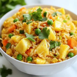 To make tasty pineapple fried rice, you need: - 2 cups cooked jasmine rice (preferably day-old) - 1 cup pineapple chunks (fresh or canned) - 1/2 cup peas and carrots mix (frozen is fine) - 1/2 onion, finely chopped - 2 cloves garlic, minced - 2 green onions, chopped - 2 tablespoons soy sauce - 1 tablespoon oyster sauce (or mushroom sauce for vegetarian) - 1 teaspoon sesame oil - 1/2 teaspoon curry powder (optional) - 2 tablespoons vegetable oil - Salt and pepper to taste - Fresh cilantro for garnish (optional) These ingredients create a bright, sweet, and savory dish. The jasmine rice gives it a lovely texture. The pineapple adds sweetness, while the soy and oyster sauce bring umami. You can boost the flavor with: - 1/2 teaspoon ginger, minced - 1 tablespoon chili sauce for heat - Cashews or peanuts for crunch These optional ingredients add depth. Ginger gives a warm spice. Chili sauce can kick up the heat, making your dish more exciting. Nuts add a nice crunch and richness. If you have dietary needs, try these swaps: - Use brown rice for a healthier option. - Replace oyster sauce with soy sauce for vegans. - Use coconut aminos for a gluten-free version. These substitutions keep the dish flavorful while meeting your needs. Each option ensures you still enjoy a delicious plate of pineapple fried rice. {{ingredient_image_1}} 1. Heat the oil: Start by heating 2 tablespoons of vegetable oil in a large skillet or wok over medium-high heat. 2. Sauté onion and garlic: Add 1/2 finely chopped onion and 2 minced cloves of garlic. Cook for about 2 minutes until the onion turns translucent. 3. Add peas and carrots: Stir in 1/2 cup of peas and carrots. Keep cooking for 2 to 3 minutes until they are warm. 4. Add rice: Push the veggies to one side of the skillet. On the other side, add 2 cups of cooked jasmine rice. 5. Season the rice: Pour in 2 tablespoons of soy sauce, 1 tablespoon of oyster sauce, 1 teaspoon of sesame oil, and 1/2 teaspoon of curry powder if you want extra flavor. Mix all the rice and sauces well. 6. Mix in pineapple: Add 1 cup of pineapple chunks and 2 chopped green onions. Gently fold them into the rice mixture. 7. Stir-fry the mix: Stir-fry everything together for another 3 to 4 minutes. The rice should heat through and get a bit crispy. 8. Season to taste: Add salt and pepper as needed and mix well. 9. Let it sit: Remove from heat and let the dish sit for a minute to let the flavors blend. 10. Garnish: If you like, top with fresh cilantro before serving. - Day-old rice works best: Using rice that is a day old helps it fry better. Fresh rice can be too sticky. - Don’t crowd the pan: If your skillet is too small, cook in batches. This helps everything fry evenly. - Adjust the heat: If things cook too fast or burn, lower the heat. You want a nice golden color, not a char. - Using too much liquid: Be careful not to add too much sauce. It can make the rice soggy. - Overcooking the vegetables: You want them bright and crisp, not mushy. Keep an eye on your timing. - Skipping the seasoning: Don’t forget to taste and adjust your salt and pepper. This step makes all the difference! Using leftover rice makes this dish easy and quick. Day-old jasmine rice works best. It is drier and less sticky, which helps the fried rice stay fluffy. If you don’t have leftover rice, you can cook fresh rice. Just spread it on a tray to cool. This helps it dry out a bit before frying. To boost the flavor of your pineapple fried rice, consider these tips: - Add spices like curry powder for warmth. - Include protein like shrimp or tofu for a hearty meal. - Mix in nuts like cashews for crunch. - Use fresh herbs like cilantro or basil for brightness. These twists give your dish a unique touch. To make your pineapple fried rice vegan, swap the oyster sauce for mushroom sauce. This keeps the umami flavor intact. You can also add more veggies like bell peppers or snap peas. Use plant-based oils to stir-fry. This way, you keep all the taste while being kind to all diets. Pro Tips Use Day-Old Rice: Day-old jasmine rice is drier and less sticky, making it perfect for frying. Freshly cooked rice can result in clumps when stir-fried. Customize Your Veggies: Feel free to add other vegetables like bell peppers, corn, or snap peas to enhance the dish's color and nutrition. Adjust the Sweetness: If using canned pineapple, opt for the unsweetened variety to control the sweetness of the dish. You can also add a dash of lime juice for a zesty kick. Garnish for Freshness: Fresh herbs like cilantro or basil not only add a pop of color but also enhance the flavor profile of the fried rice. Don't skip this step! {{image_2}} You can make pineapple fried rice even better by adding proteins. Chicken, shrimp, or tofu are great choices. - For chicken, chop it into small pieces and cook it first. - If you like shrimp, add it after the garlic and onion. Cook until they turn pink. - For tofu, use firm tofu. Cube it and fry until golden. Each protein adds its own flavor. Choose what you like best! You can swap or add veggies to suit your taste. Some great choices are bell peppers, snap peas, or corn. - Bell peppers give a nice color and crunch. - Snap peas add a sweet touch and a bit of snap. - Corn can add sweetness and texture. Feel free to mix and match what you have in your fridge! Pineapple fried rice is fun to serve in different ways. Here are some ideas: - Serve it in a hollowed-out pineapple for a tropical look. - Add a fried egg on top for extra protein. - Pair it with a fresh salad for a light meal. These fun serving ideas can make your meal more exciting! Store leftover pineapple fried rice in an airtight container. This helps keep it fresh. Make sure to cool the rice to room temperature before sealing it. Place the container in the fridge for up to three days. If you want to keep it longer, consider freezing it. To reheat leftover fried rice, use a skillet. Heat a bit of oil in the pan. Add the rice and stir until warm. This method helps keep the rice from getting mushy. You can also use the microwave. Place the rice in a bowl, add a splash of water, and cover it. Heat it in short bursts to avoid overcooking. You can freeze pineapple fried rice for up to three months. Portion it into single servings for easy meals later. Use freezer-safe bags or containers. Make sure to remove as much air as possible to prevent freezer burn. When ready to eat, thaw it in the fridge overnight before reheating. I recommend using jasmine rice. It has a soft texture and a lovely aroma. Day-old rice works best since it is drier. This dryness helps the rice fry well without getting mushy. Yes, you can use canned pineapple. Just drain it well before adding. The canned version saves time and still brings great flavor. However, fresh pineapple gives a brighter taste and a nice texture. To add spice, use sliced jalapeños or a dash of hot sauce. You can also include crushed red pepper flakes while cooking. Adjust the heat to your taste for a perfect kick. Pineapple Fried Rice can be gluten-free if you use gluten-free soy sauce. Regular soy sauce contains gluten, so check the label. The rest of the ingredients are naturally gluten-free. Pineapple Fried Rice lasts about 3 to 4 days in the fridge. Store it in an airtight container to keep it fresh. Reheat it well before eating for the best taste. Pineapple fried rice is a fun dish to prepare. We covered key ingredients and optional add-ins to boost flavor. I shared tips to avoid common mistakes and best practices for leftover rice. You can also modify the recipe to suit dietary needs or enhance the dish with proteins and veggies. In the end, pineapple fried rice is versatile and easy. With the right steps, you can make a tasty meal that everyone will love. Enjoy the cooking process and taste the results!
