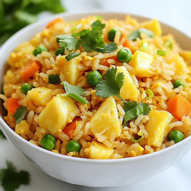 To make tasty pineapple fried rice, you need: - 2 cups cooked jasmine rice (preferably day-old) - 1 cup pineapple chunks (fresh or canned) - 1/2 cup peas and carrots mix (frozen is fine) - 1/2 onion, finely chopped - 2 cloves garlic, minced - 2 green onions, chopped - 2 tablespoons soy sauce - 1 tablespoon oyster sauce (or mushroom sauce for vegetarian) - 1 teaspoon sesame oil - 1/2 teaspoon curry powder (optional) - 2 tablespoons vegetable oil - Salt and pepper to taste - Fresh cilantro for garnish (optional) These ingredients create a bright, sweet, and savory dish. The jasmine rice gives it a lovely texture. The pineapple adds sweetness, while the soy and oyster sauce bring umami. You can boost the flavor with: - 1/2 teaspoon ginger, minced - 1 tablespoon chili sauce for heat - Cashews or peanuts for crunch These optional ingredients add depth. Ginger gives a warm spice. Chili sauce can kick up the heat, making your dish more exciting. Nuts add a nice crunch and richness. If you have dietary needs, try these swaps: - Use brown rice for a healthier option. - Replace oyster sauce with soy sauce for vegans. - Use coconut aminos for a gluten-free version. These substitutions keep the dish flavorful while meeting your needs. Each option ensures you still enjoy a delicious plate of pineapple fried rice. {{ingredient_image_1}} 1. Heat the oil: Start by heating 2 tablespoons of vegetable oil in a large skillet or wok over medium-high heat. 2. Sauté onion and garlic: Add 1/2 finely chopped onion and 2 minced cloves of garlic. Cook for about 2 minutes until the onion turns translucent. 3. Add peas and carrots: Stir in 1/2 cup of peas and carrots. Keep cooking for 2 to 3 minutes until they are warm. 4. Add rice: Push the veggies to one side of the skillet. On the other side, add 2 cups of cooked jasmine rice. 5. Season the rice: Pour in 2 tablespoons of soy sauce, 1 tablespoon of oyster sauce, 1 teaspoon of sesame oil, and 1/2 teaspoon of curry powder if you want extra flavor. Mix all the rice and sauces well. 6. Mix in pineapple: Add 1 cup of pineapple chunks and 2 chopped green onions. Gently fold them into the rice mixture. 7. Stir-fry the mix: Stir-fry everything together for another 3 to 4 minutes. The rice should heat through and get a bit crispy. 8. Season to taste: Add salt and pepper as needed and mix well. 9. Let it sit: Remove from heat and let the dish sit for a minute to let the flavors blend. 10. Garnish: If you like, top with fresh cilantro before serving. - Day-old rice works best: Using rice that is a day old helps it fry better. Fresh rice can be too sticky. - Don’t crowd the pan: If your skillet is too small, cook in batches. This helps everything fry evenly. - Adjust the heat: If things cook too fast or burn, lower the heat. You want a nice golden color, not a char. - Using too much liquid: Be careful not to add too much sauce. It can make the rice soggy. - Overcooking the vegetables: You want them bright and crisp, not mushy. Keep an eye on your timing. - Skipping the seasoning: Don’t forget to taste and adjust your salt and pepper. This step makes all the difference! Using leftover rice makes this dish easy and quick. Day-old jasmine rice works best. It is drier and less sticky, which helps the fried rice stay fluffy. If you don’t have leftover rice, you can cook fresh rice. Just spread it on a tray to cool. This helps it dry out a bit before frying. To boost the flavor of your pineapple fried rice, consider these tips: - Add spices like curry powder for warmth. - Include protein like shrimp or tofu for a hearty meal. - Mix in nuts like cashews for crunch. - Use fresh herbs like cilantro or basil for brightness. These twists give your dish a unique touch. To make your pineapple fried rice vegan, swap the oyster sauce for mushroom sauce. This keeps the umami flavor intact. You can also add more veggies like bell peppers or snap peas. Use plant-based oils to stir-fry. This way, you keep all the taste while being kind to all diets. Pro Tips Use Day-Old Rice: Day-old jasmine rice is drier and less sticky, making it perfect for frying. Freshly cooked rice can result in clumps when stir-fried. Customize Your Veggies: Feel free to add other vegetables like bell peppers, corn, or snap peas to enhance the dish's color and nutrition. Adjust the Sweetness: If using canned pineapple, opt for the unsweetened variety to control the sweetness of the dish. You can also add a dash of lime juice for a zesty kick. Garnish for Freshness: Fresh herbs like cilantro or basil not only add a pop of color but also enhance the flavor profile of the fried rice. Don't skip this step! {{image_2}} You can make pineapple fried rice even better by adding proteins. Chicken, shrimp, or tofu are great choices. - For chicken, chop it into small pieces and cook it first. - If you like shrimp, add it after the garlic and onion. Cook until they turn pink. - For tofu, use firm tofu. Cube it and fry until golden. Each protein adds its own flavor. Choose what you like best! You can swap or add veggies to suit your taste. Some great choices are bell peppers, snap peas, or corn. - Bell peppers give a nice color and crunch. - Snap peas add a sweet touch and a bit of snap. - Corn can add sweetness and texture. Feel free to mix and match what you have in your fridge! Pineapple fried rice is fun to serve in different ways. Here are some ideas: - Serve it in a hollowed-out pineapple for a tropical look. - Add a fried egg on top for extra protein. - Pair it with a fresh salad for a light meal. These fun serving ideas can make your meal more exciting! Store leftover pineapple fried rice in an airtight container. This helps keep it fresh. Make sure to cool the rice to room temperature before sealing it. Place the container in the fridge for up to three days. If you want to keep it longer, consider freezing it. To reheat leftover fried rice, use a skillet. Heat a bit of oil in the pan. Add the rice and stir until warm. This method helps keep the rice from getting mushy. You can also use the microwave. Place the rice in a bowl, add a splash of water, and cover it. Heat it in short bursts to avoid overcooking. You can freeze pineapple fried rice for up to three months. Portion it into single servings for easy meals later. Use freezer-safe bags or containers. Make sure to remove as much air as possible to prevent freezer burn. When ready to eat, thaw it in the fridge overnight before reheating. I recommend using jasmine rice. It has a soft texture and a lovely aroma. Day-old rice works best since it is drier. This dryness helps the rice fry well without getting mushy. Yes, you can use canned pineapple. Just drain it well before adding. The canned version saves time and still brings great flavor. However, fresh pineapple gives a brighter taste and a nice texture. To add spice, use sliced jalapeños or a dash of hot sauce. You can also include crushed red pepper flakes while cooking. Adjust the heat to your taste for a perfect kick. Pineapple Fried Rice can be gluten-free if you use gluten-free soy sauce. Regular soy sauce contains gluten, so check the label. The rest of the ingredients are naturally gluten-free. Pineapple Fried Rice lasts about 3 to 4 days in the fridge. Store it in an airtight container to keep it fresh. Reheat it well before eating for the best taste. Pineapple fried rice is a fun dish to prepare. We covered key ingredients and optional add-ins to boost flavor. I shared tips to avoid common mistakes and best practices for leftover rice. You can also modify the recipe to suit dietary needs or enhance the dish with proteins and veggies. In the end, pineapple fried rice is versatile and easy. With the right steps, you can make a tasty meal that everyone will love. Enjoy the cooking process and taste the results!