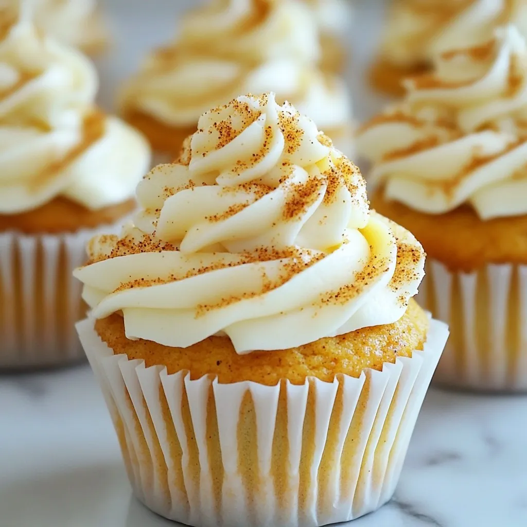 To make these delicious cupcakes, gather the following items: - 1 ½ cups all-purpose flour - 1 teaspoon baking powder - 1 teaspoon baking soda - ½ teaspoon salt - 1 tablespoon pumpkin pie spice - ½ cup unsalted butter, softened - 1 cup granulated sugar - 2 large eggs - 1 cup canned pumpkin puree - 1 teaspoon vanilla extract - ½ cup brewed espresso or strong coffee, cooled - ½ cup buttermilk If you want to add a creamy topping, consider these ingredients: - 8 oz cream cheese, softened - ½ cup unsalted butter, softened - 3 cups powdered sugar - 1 tablespoon vanilla extract You might need some swaps based on what you have: - Use coconut oil instead of unsalted butter for a dairy-free option. - Substitute almond milk for buttermilk if needed. - Try a gluten-free flour blend in place of all-purpose flour. - For sweetness, you can use brown sugar instead of granulated sugar. {{ingredient_image_1}} To start, preheat your oven to 350°F (175°C). This step is key for even baking. Next, line a 12-cup muffin pan with cupcake liners. This keeps the cupcakes from sticking. In a medium bowl, mix 1 ½ cups of all-purpose flour, 1 teaspoon baking powder, 1 teaspoon baking soda, ½ teaspoon salt, and 1 tablespoon pumpkin pie spice. Whisk these dry ingredients well and set them aside. In a large bowl, take ½ cup of softened unsalted butter and 1 cup of granulated sugar. Use an electric mixer to beat them together until light and fluffy. This should take about 3-4 minutes. Next, add 2 large eggs, one at a time. Make sure you mix well after each egg. Then, stir in 1 cup of canned pumpkin puree and 1 teaspoon of vanilla extract. Mix until the mixture is smooth. Now, it’s time to combine the dry and wet ingredients. Gradually add the dry mix, alternating with ½ cup of cooled brewed espresso or strong coffee and ½ cup of buttermilk. Start and end with the dry mix. Mix until just combined to avoid tough cupcakes. Now, fill each cupcake liner about ¾ full with the batter. This gives them room to rise without overflowing. Place the muffin pan in the preheated oven. Bake for 18-20 minutes. To check for doneness, insert a toothpick into the center of a cupcake. If it comes out clean, your cupcakes are ready. Let them cool in the pan for 5 minutes. After that, transfer them to a wire rack to cool completely before frosting. Enjoy your cozy fall treat! To make moist cupcakes, focus on your ingredients. Use room temperature butter and eggs. This helps them mix well. Also, don’t overmix your batter. Mix just until combined. Overmixing can make your cupcakes tough. Finally, check your oven’s temperature. An oven that is too hot can dry out the cupcakes. Pumpkin pie spice gives these cupcakes great flavor. You can change it up if you like. Try adding cinnamon or nutmeg for a warm kick. Cloves can add depth, too. You can even add a bit of cardamom for a unique touch. Don’t be afraid to play with the spices. Just remember to keep the balance right. Too much can overpower the pumpkin flavor. For the cream cheese frosting, make sure both the cream cheese and butter are soft. This creates a smooth texture. Gradually mix in the powdered sugar. This helps avoid lumps. Use a piping bag for a pretty look. You can add a dash of pumpkin pie spice to the frosting. This adds flavor and ties it all together. For a fun touch, sprinkle some cinnamon on top before serving. Pro Tips Use Fresh Spices: For the best flavor, use freshly ground spices in your pumpkin pie spice mix. Check for Doneness: Always test your cupcakes with a toothpick; they are done when it comes out clean. Cool Completely: Let your cupcakes cool completely before frosting to prevent melting. Customize Your Frosting: Get creative with your frosting by adding a pinch of cinnamon or nutmeg for extra flavor. {{image_2}} You can change the frosting to match your taste. For a vegan option, use coconut cream. Chill a can of coconut milk overnight. Scoop out the solid cream and whip it with powdered sugar and vanilla. This gives a light and creamy vegan frosting. For chocolate lovers, add cocoa powder to the cream cheese frosting. Use ½ cup of cocoa and mix it in after the butter and cream cheese. This rich chocolate frosting pairs well with the pumpkin flavor. To make these cupcakes gluten-free, swap all-purpose flour for gluten-free flour. Many blends work well, but look for one that contains xanthan gum. This helps the cupcakes rise and stay moist. Follow the same steps in the recipe. The taste and texture will still be delicious. Want smaller bites? Make mini cupcakes! Fill each mini liner about halfway with batter. Bake for 12-15 minutes. Check with a toothpick for doneness. These mini treats are great for sharing. You can also serve them as a dessert at parties. Top with a sprinkle of cinnamon or a drizzle of caramel for extra flair. To keep your pumpkin spice latte cupcakes fresh, store them in an airtight container. This will help keep them moist. Place a piece of wax paper between layers if you stack them. Store them at room temperature for up to three days. If you want them to last longer, consider the fridge. You can freeze these cupcakes for later. First, make sure they are completely cool. Wrap each cupcake tightly in plastic wrap. Then, place them in a freezer bag or container. They can stay in the freezer for up to three months. When ready to eat, let them thaw in the fridge overnight. Homemade cupcakes taste best within the first few days. After that, they may dry out. If you see any signs of mold or a change in smell, throw them away. To keep them fresh, avoid leaving them out in the open. Always store them in a cool, dry place. Yes, you can make these cupcakes ahead of time. Bake them and let them cool completely. Then, store them in an airtight container at room temperature. They stay fresh for up to three days. You can also freeze them for up to three months. Just wrap each cupcake well in plastic wrap before freezing. When ready to serve, thaw them overnight in the fridge. If you don't have buttermilk, there are easy swaps. You can mix one cup of milk with one tablespoon of vinegar or lemon juice. Let it sit for five minutes to sour. You can also use plain yogurt or sour cream. Just thin them with a little milk until smooth. These options will work well in the cupcakes. Absolutely! These cupcakes fit perfectly at any fall-themed party. They bring the cozy flavors of pumpkin spice and coffee. Their warm aroma fills the air, making your guests feel right at home. You can even decorate them with cream cheese frosting or fall-themed sprinkles. They are sure to impress everyone at your gathering. You now have all you need to make delicious Pumpkin Spice Latte Cupcakes. We covered the key ingredients, step-by-step instructions, and helpful tips for smooth mixing. I showed you variations like vegan frosting and mini cupcakes. Storing these treats correctly ensures they stay fresh. Keep experimenting to find your perfect flavor. Enjoy sharing these tasty cupcakes at your next fall party!