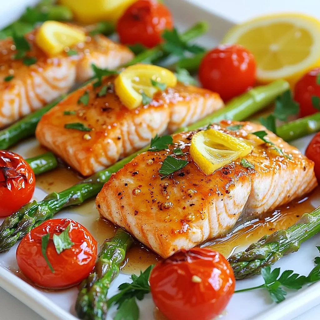 This dish is simple and tasty. You will need a few key ingredients. - 4 salmon fillets (6 oz each) - 2 tablespoons honey - 1 orange, juice and zested - 1 lemon, juice and zested - 2 tablespoons olive oil - 2 cloves garlic, minced - Salt and pepper to taste - 1 cup cherry tomatoes, halved - 1 cup asparagus, trimmed and cut into 2-inch pieces - Fresh parsley, chopped (for garnish) - Lemon slices (for garnish) With these fresh items, you can create a bright and flavorful meal. The salmon is rich in omega-3s. The honey adds sweetness, while the citrus gives a zesty note. The garlic enhances the taste, making every bite a delight. The veggies add color and crunch. Together, they create a well-rounded dish that's fun to eat. Make sure to pick ripe tomatoes and firm asparagus. Freshness really matters here. This helps you get the best flavor. You can switch out the veggies if you like. Just keep the salmon and citrus base. Enjoy cooking this yummy meal! {{ingredient_image_1}} 1. Preheat your grill or oven to 400°F (200°C). This step is key. It helps the salmon cook evenly and keeps it juicy. 2. In a small bowl, whisk together: - 2 tablespoons honey - Juice and zest of 1 orange - Juice and zest of 1 lemon - 2 tablespoons olive oil - 2 cloves garlic, minced - Salt and pepper to taste This citrus honey sauce brings a bright taste to your salmon. 3. Cut out four large pieces of aluminum foil, about 12x12 inches each. Lay them flat on a clean surface. This makes it easy to add the salmon and veggies. 1. Place a salmon fillet in the center of each foil piece. Drizzle each fillet with the citrus honey sauce you made earlier. 2. Surround the salmon with: - 1 cup cherry tomatoes, halved - 1 cup asparagus, trimmed and cut into 2-inch pieces Make sure to spread them evenly on the foil. 3. Fold the edges of the foil over the salmon and vegetables. Create a tight seal. This keeps the steam in while cooking, so everything stays moist. 4. Place the foil packs on the grill or in the oven. Cook for 15-20 minutes. The salmon should flake easily with a fork, and the veggies should be tender. 1. Carefully open the foil packs. Steam will escape, so watch out! 2. Garnish with fresh parsley and lemon slices. This adds color and extra flavor. 3. Pair with sides like rice or a fresh salad. A light drink, like white wine or sparkling water, would complement the meal well. How to ensure perfect salmon To get perfect salmon, choose fresh fillets. Look for bright color and firm texture. Season well with salt and pepper. Cook it until it flakes easily with a fork. Keep an eye on the time, around 15-20 minutes will do. Achieving tender vegetables For tender veggies, cut them into even pieces. This helps them cook all at once. Asparagus and cherry tomatoes work great in this recipe. Make sure they are not overcooked. They should remain bright and slightly crisp. Sealing techniques for optimal cooking When sealing your foil packs, fold the edges tightly. This keeps the steam in for even cooking. Make sure there are no gaps. You want a nice, tight seal to trap the flavors and moisture. Alternative cooking methods (grill vs. oven) You can cook these foil packs on a grill or in an oven. The grill gives a nice smoky flavor. The oven works well for even heat. Both methods cook the salmon and veggies perfectly. Just remember to check the cooking time. Suggested herbs and spices To boost flavor, add fresh herbs like dill or thyme. These herbs pair well with salmon. You can also sprinkle in some red pepper flakes for a kick. This adds a nice heat without overpowering the dish. Adding a spicy twist If you like spice, try adding a dash of hot sauce. You can mix it into the citrus honey sauce. This gives your salmon a fun twist. Adjust the amount based on your heat preference. Enjoy experimenting with flavors! Pro Tips Choose Fresh Salmon: Opt for wild-caught salmon if possible, as it tends to have a richer flavor and better texture compared to farmed salmon. Customize Your Veggies: Feel free to swap out asparagus and cherry tomatoes for your favorite seasonal vegetables, such as zucchini or bell peppers. Seal it Tight: Make sure to fold the edges of the foil packs tightly to trap steam, which helps cook the salmon evenly and keeps it moist. Serve with Sides: Pair the salmon foil packs with a light salad or some quinoa for a complete and satisfying meal. {{image_2}} You can easily switch up the proteins in this recipe. If you prefer chicken, use boneless, skinless chicken breasts instead of salmon. Chicken absorbs flavors well and cooks nicely in foil. If you want a plant-based option, try tofu. Firm tofu works best. Just press it to remove excess moisture and cut it into thick slices. You can also change the vegetables. Zucchini is a great choice. Slice it into rounds and add it to your foil pack. Bell peppers are another colorful option. They add sweetness and crunch. Mix and match your favorite veggies to keep things fresh. To change the taste, think about different citrus fruits. Lime juice can brighten the dish with its zesty flavor. You can even add grapefruit juice for a unique twist. It adds a slightly bitter note that balances the sweetness of the honey. Another way to enhance the flavor is to use different sweeteners. Maple syrup can add a rich, caramel-like sweetness. If you want something lighter, try agave syrup. It has a mild taste and works well with citrus. Experimenting with these options can lead to exciting new flavors in your meal. To store leftovers, let the foil packs cool down first. Place the salmon and veggies in an airtight container. You can keep them in the fridge for up to three days. It’s best to eat them fresh, but this method works well for quick meals. Use a glass or plastic container with a tight lid to avoid spills. For reheating, I recommend using the oven or a skillet. Preheat the oven to 350°F (175°C). Place the salmon in a baking dish and cover it with foil. Bake for about 10 to 15 minutes. If using a skillet, add a splash of water and cover it. Heat on medium until warm. This keeps the salmon moist and tasty. You can freeze both cooked and uncooked foil packs. For cooked packs, let them cool completely. Wrap them tightly in plastic wrap and then in foil. They can last up to three months in the freezer. For uncooked packs, freeze them before cooking. Thaw in the fridge overnight before cooking. This way, you’ll have a quick meal ready when you need it. What is the best cooking method for salmon foil packs? Grilling or baking works best for salmon foil packs. Both methods cook the fish evenly. They also keep the moisture locked in. This makes the salmon tender and juicy. I prefer using a grill for a nice smoky flavor. If you use the oven, set it to 400°F. How long does it take to cook salmon in foil? Cooking salmon in foil takes about 15 to 20 minutes. The exact time can depend on the thickness of the fillets. Always check the salmon with a fork. It should flake easily when it’s done. Can I make citrus honey salmon in advance? Yes, you can make citrus honey salmon in advance. Prepare the foil packs and store them in the fridge. You can keep them for up to a day before cooking. Just remember to cook them within a day for the best taste. Is this recipe healthy? Yes, this recipe is healthy. Salmon is rich in omega-3 fatty acids. These fats are good for your heart. The veggies add fiber and vitamins. The honey adds a touch of sweetness without too many calories. What are the calorie counts? Each serving has about 350 calories. This count may vary based on the exact amount of honey or oil used. It’s a balanced meal that provides protein and healthy fats. What to do if salmon is overcooked? If salmon is overcooked, it may be dry. You can add a splash of lemon juice to help moisten it. Serve it with a sauce or dip to add flavor. How to fix dry vegetables in foil packs? If your vegetables are dry, you can try adding a little more olive oil. You can also sprinkle some water in the pack before sealing. This will create steam and help cook the veggies better. This blog post covered a simple and delicious citrus honey salmon recipe. We explored the right ingredients, including salmon, honey, and fresh veggies. I shared step-by-step instructions for cooking, helpful tips for perfect results, and fun variations to try. You can also find ways to store and reheat leftovers. Cooking should be easy and enjoyable, and this recipe proves that. With just a few steps, you can make a tasty meal everyone will love. Now it's time for you to get cooking and enjoy!