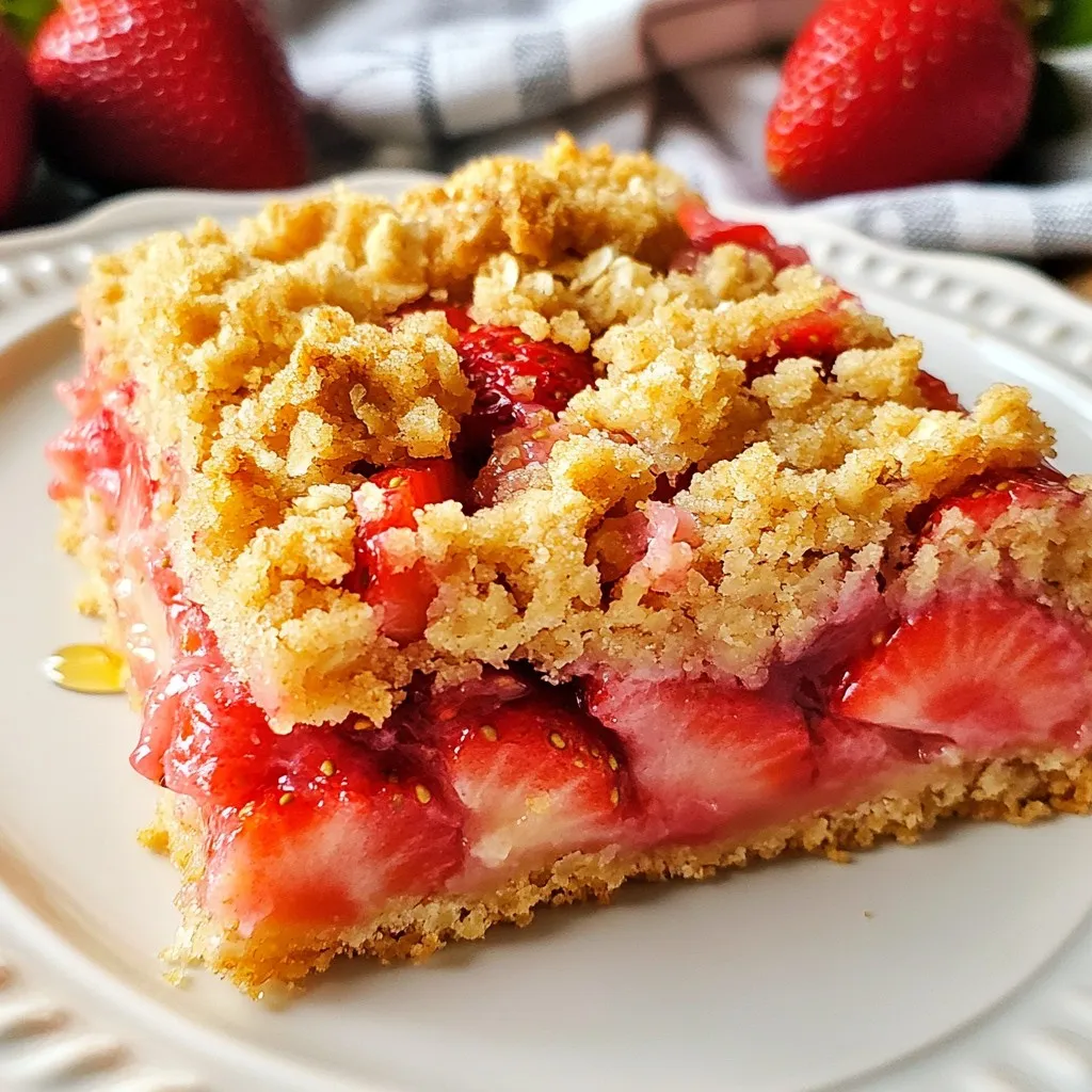 To make these delicious Strawberry Oatmeal Bars, you need simple, fresh ingredients. Here’s what you will need: - 2 cups rolled oats - 1 cup whole wheat flour - 1/2 cup brown sugar, packed - 1/2 cup unsalted butter, melted - 1/4 cup honey or maple syrup - 1/2 teaspoon vanilla extract - 1/2 teaspoon baking soda - 1/2 teaspoon salt - 2 cups fresh strawberries, hulled and sliced - 1 tablespoon lemon juice - 1 teaspoon cornstarch These ingredients come together to create a tasty snack. The rolled oats provide a chewy base, while the strawberries add a burst of flavor. You can easily find these items at your local store. Just remember to use fresh strawberries for the best taste. Each ingredient plays a role in making these bars flavorful and enjoyable. {{ingredient_image_1}} Preheat your oven to 350°F (175°C). This step is key for even baking. Next, take a 9x9 inch baking pan. Grease it with butter or line it with parchment paper. This makes it easy to lift out the bars later. In a large bowl, mix together the following ingredients: - 2 cups rolled oats - 1 cup whole wheat flour - 1/2 cup brown sugar, packed - 1/2 cup unsalted butter, melted - 1/4 cup honey or maple syrup - 1/2 teaspoon vanilla extract - 1/2 teaspoon baking soda - 1/2 teaspoon salt Stir well until the mixture is crumbly. Save about 1 cup of this oat mixture for topping later. Now, firmly press the remaining oat mixture into the bottom of the prepared pan. This creates a solid crust. In another bowl, toss together 2 cups of sliced strawberries with 1 tablespoon of lemon juice and 1 teaspoon of cornstarch. This combination thickens the strawberries and boosts their flavor. Spread this strawberry mixture evenly over the oat crust in the pan. Then, sprinkle the reserved oat mixture on top. This crumbly layer adds texture. Bake your bars in the preheated oven for 25-30 minutes. Look for a golden top and bubbly strawberries. Once done, let them cool for 10-15 minutes before slicing into bars. For the best texture, cool them completely before removing from the pan. Enjoy your delicious strawberry oatmeal bars! Allow the bars to cool completely before cutting. This step is key for a clean slice. If you cut them too soon, they might crumble. After cooling, the bars firm up nicely, making them easier to handle. You can add a few toppings to boost flavor. Try drizzling melted chocolate over the top. You can also sprinkle some chopped nuts for crunch. A dusting of powdered sugar adds sweetness and looks nice. For a fruity twist, mix in raspberries or blueberries with the strawberries. Ovens can vary, so keep an eye on your bars. If your oven runs hot, check them a bit early. If they seem soft in the middle, add a few extra minutes. You want a golden top and bubbly strawberries. This ensures the best texture and flavor. Pro Tips Use Fresh Strawberries: For the best flavor and texture, opt for fresh, ripe strawberries. Frozen strawberries can become mushy and affect the bar's consistency. Experiment with Sweeteners: Feel free to substitute honey with maple syrup or agave nectar for a different flavor profile. Adjust sweetness according to your preference. Let It Cool Completely: Allow the bars to cool completely before cutting. This will help them hold their shape and prevent them from crumbling. Store Properly: Keep leftovers in an airtight container in the refrigerator for up to a week, or freeze for longer storage. Just make sure to separate layers with parchment paper. {{image_2}} You can switch up the strawberries for other fruits. Blueberries, raspberries, or blackberries work great. You can even mix fruits for a fun twist. Try peaches or apples for a different flavor. Each fruit brings its own taste, making these bars unique. Want to make these bars gluten-free? Use gluten-free oats and flour. For a vegan option, swap the butter for coconut oil. Use maple syrup instead of honey. These easy changes keep the bars delicious while fitting your diet. Adding spices can boost the flavor. A dash of cinnamon gives warmth and depth. Nutmeg adds a lovely, earthy taste. You can also try a hint of ginger for a little zing. These spices make the bars even more inviting and tasty. To keep your strawberry oatmeal bars fresh, store them in an airtight container. This will prevent them from drying out. You can place a layer of parchment paper between the bars for easy removal. If you have extra bars, stack them with parchment in between to avoid sticking. To freeze the bars, first let them cool completely. Then, cut them into squares. Wrap each bar in plastic wrap. Place wrapped bars in a freezer-safe bag or container. This keeps them fresh for up to three months. When you want to eat one, just thaw it in the fridge overnight. At room temperature, the bars will stay fresh for about four days. If you store them in the fridge, they can last up to a week. Keeping them cold helps preserve their flavor and texture. Enjoy these bars as a quick snack or a tasty breakfast treat. Yes, you can use other grains. Quinoa flakes or barley flakes work well. They provide a similar texture but may change the flavor slightly. To reduce the sweetness, cut back on the brown sugar. You can also swap honey for unsweetened applesauce. This keeps the bars moist without adding extra sugar. These bars pair well with yogurt or a scoop of ice cream. You can also add fresh fruit on the side. Drizzling some honey or maple syrup enhances the flavor too. This blog post showed you how to make tasty Strawberry Oatmeal Bars. You learned about the key ingredients like oats, strawberries, and honey. I shared step-by-step instructions for mixing and baking. Plus, you got helpful tips for texture and flavor. Remember, you can make this recipe your own with different fruits or dietary tweaks. Storage options keep them fresh for later. I hope you feel ready to try this easy recipe and enjoy every bite!