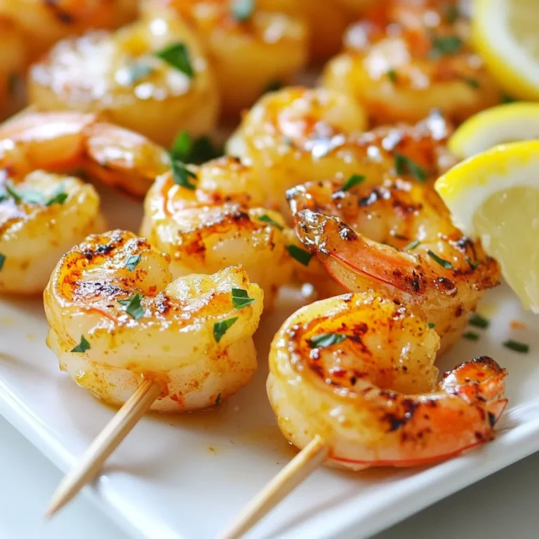 - 1 lb large shrimp, peeled and deveined - 3 tablespoons olive oil - 4 cloves garlic, minced - Zest and juice of 2 lemons - 1 teaspoon smoked paprika - 1 teaspoon salt - ½ teaspoon black pepper - Fresh parsley, chopped (for garnish) - Wooden or metal skewers For these Lemon Garlic Shrimp Skewers, the main ingredients are shrimp, olive oil, and garlic. I like using large shrimp because they grill well. Make sure to peel and devein them. The olive oil adds richness, while minced garlic gives a nice punch of flavor. Next, we have flavor enhancers. The zest and juice of lemons brighten the shrimp. Lemon adds freshness and a tangy taste. Smoked paprika brings a subtle smokiness that pairs perfectly with the shrimp. Finally, we add seasoning. Salt and black pepper enhance all the flavors in the dish. Fresh parsley not only adds color but also a fresh taste. You can use wooden or metal skewers. If you use wooden skewers, remember to soak them in water first. This prevents them from burning on the grill. These ingredients make the skewers a tasty treat for any occasion! {{ingredient_image_1}} To start, gather your marinade ingredients. In a bowl, mix together: - 3 tablespoons olive oil - 4 cloves garlic, minced - Zest and juice of 2 lemons - 1 teaspoon smoked paprika - 1 teaspoon salt - ½ teaspoon black pepper Add the shrimp to this mixture. Toss gently to coat every shrimp well. Cover the bowl and let the shrimp marinate in the refrigerator for at least 30 minutes. This step boosts the flavor. If you use wooden skewers, soak them in water for 30 minutes. This step helps prevent burning. Meanwhile, preheat your grill or grill pan to medium-high heat. You want it hot enough to give the shrimp a nice char. Now it’s time to skewer the shrimp. Take the marinated shrimp and thread them onto the skewers. Aim for about 4-5 shrimp per skewer. Leave a little space between each shrimp. This allows for even cooking and makes flipping easier. Place the skewers on your preheated grill. Cook each side for 2-3 minutes. Look for the shrimp to turn pink and opaque. You want a slight char for extra flavor. Once they reach this point, they are done! Remove the skewers from the grill. For a nice touch, sprinkle freshly chopped parsley on top. You can serve the skewers with extra lemon wedges on the side. This adds some zest for those who love a citrus kick. Enjoy your beautifully grilled lemon garlic shrimp skewers! For the best flavor, marinate the shrimp for at least 30 minutes. This time lets the shrimp soak up the garlic and lemon taste. If you want a stronger lemon flavor, you can add more lemon juice or zest. Feel free to adjust the garlic too. You can add a clove or two for a bolder taste. Set your grill to medium-high heat. This temperature cooks the shrimp evenly. If the grill is too hot, the shrimp may burn on the outside and stay raw inside. Cook the shrimp for 2-3 minutes on each side. Look for them to turn pink and opaque. This means they are done. These skewers pair well with sides like rice or a fresh salad. You can also serve them with grilled vegetables for a colorful plate. For drinks, a chilled glass of white wine or lemonade complements the dish nicely. Enjoy your meal with a squeeze of fresh lemon on top! Pro Tips Marinate Longer: If time allows, marinate the shrimp for up to 2 hours to enhance the flavor even more. Use Fresh Ingredients: Fresh garlic and lemons will provide a more vibrant flavor than their dried or bottled counterparts. Don’t Overcook: Shrimp cook quickly; watch them closely to avoid a rubbery texture. They’re done when they turn pink and opaque. Alternate Vegetables: Consider adding vegetables like bell peppers or zucchini to the skewers for a colorful and nutritious addition. {{image_2}} You can easily switch the shrimp for chicken or tofu. Both options work well on skewers. - Chicken: Cut chicken breasts into bite-sized pieces. Marinate them like shrimp. Cook until they reach 165°F for safety. - Tofu: Use firm tofu for better texture. Cut it into cubes and press it to remove excess water. Adjust the marinade for chicken or tofu. Chicken loves a bit of extra lemon. Tofu will soak up flavors well, so let it marinate longer. Get creative with the flavors! You can add herbs or spices to the marinade. - Herbs: Fresh basil or cilantro can brighten the dish. Just chop them and mix into the marinade. - Spices: Try adding cayenne for heat or cumin for warmth. You can swap out lemon too. Use lime, orange, or even grapefruit juice. Each citrus brings a unique taste. If you want a veggie twist, make vegetable skewers. Use zucchini, bell peppers, and cherry tomatoes. These veggies grill well and taste great. - Marinades: Use the same marinade as the shrimp. Or try a mix of olive oil, balsamic vinegar, and herbs. This adds a different but tasty flavor. These variations give you many options for your skewers. Enjoy experimenting! To store leftover shrimp skewers, place them in an airtight container. Keep them in the refrigerator. They stay fresh for up to two days. If you can, eat them sooner for the best taste. You can freeze both cooked and uncooked shrimp skewers. For cooked skewers, let them cool first. Wrap them tightly in plastic wrap, then put them in a freezer bag. This helps keep them fresh for up to three months. For uncooked skewers, marinate them and then freeze. Thaw them overnight in the fridge before grilling. Reheat shrimp skewers using a pan or grill. This keeps the texture nice. Heat them on low to avoid rubbery shrimp. You can also use the microwave, but do it in short bursts. Check them often to avoid overcooking. You can tell shrimp is done when it turns pink and opaque. The flesh should be firm, and it should curl slightly. Cook shrimp for 2-3 minutes on each side. Watch for a slight char on the edges. If you see these signs, your shrimp is ready! Yes, frozen shrimp works great. Thaw them in the fridge overnight. If you're short on time, place them in a bowl of cold water for about 15-20 minutes. Once thawed, pat them dry before marinating. This step helps the marinade stick better. You can use avocado oil or melted butter as alternatives. Both add a nice flavor. Avocado oil has a high smoke point, so it’s great for grilling. Butter gives a rich taste but can burn easily. Choose based on your flavor preference and cooking method. Yes, soaking wooden skewers is important. It helps prevent them from burning on the grill. Soak them in water for at least 30 minutes. If you forget, you can use metal skewers. They don’t require soaking, and they’re reusable! You learned how to make tasty shrimp skewers with easy steps. We covered key ingredients, marinating, and grilling techniques. Remember to adjust flavors and enjoy with sides and drinks. Try different proteins or vegetarian options to mix things up. Don’t forget how to store leftovers or reheat properly. Enjoy cooking and impress your family with delicious meals. Experiment and have fun in your kitchen!