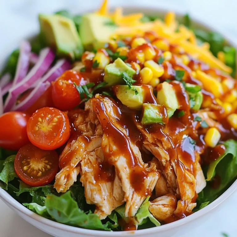 To make BBQ Ranch Chicken Salad, you will need: - 2 cups cooked chicken breast, shredded - 4 cups mixed greens (lettuce, spinach, arugula) - 1 cup cherry tomatoes, halved - 1 cup corn kernels (fresh, frozen, or roasted) - 1/2 cup shredded cheddar cheese - 1/2 cup ranch dressing - 1/4 cup BBQ sauce (plus extra for drizzling) - 1/2 red onion, thinly sliced - 1 avocado, diced - Salt and pepper to taste - Optional: tortilla chips for crunch You can swap some ingredients if needed. Here are some ideas: - Use rotisserie chicken instead of cooked chicken breast for quick prep. - Try different greens like kale or romaine. - If you don’t have cherry tomatoes, use diced regular tomatoes. - Swap BBQ sauce with honey mustard for a sweet twist. - Use Greek yogurt instead of ranch dressing for a lighter option. - Replace cheddar cheese with feta or goat cheese for a flavor change. - Leave out red onion if you prefer a milder taste. This salad packs a punch in terms of nutrition. Here’s a quick look: - Calories: About 400 per serving - Protein: Roughly 30 grams from chicken and cheese - Fat: Around 20 grams, mostly from the dressing and avocado - Carbs: Approximately 30 grams, coming from veggies and corn - Fiber: Around 5 grams from greens and veggies This salad is balanced, providing protein, healthy fats, and fiber, making it a great meal choice. {{ingredient_image_1}} To make BBQ Ranch Chicken Salad, you need to gather your ingredients. This dish takes only 15 minutes. It’s quick and easy to prepare. You will enjoy the fresh and bold flavors. 1. In a large bowl, add shredded chicken, BBQ sauce, salt, and pepper. Mix well to coat the chicken. 2. In another bowl, place mixed greens. This will be your salad base. 3. Top the greens with halved cherry tomatoes, corn, and sliced red onion. 4. Spread the BBQ chicken over the top of the salad. 5. Drizzle ranch dressing across the salad evenly. 6. Add diced avocado and sprinkle shredded cheddar cheese on top. 7. For some crunch, crush tortilla chips and add them if you like. 8. If you want more BBQ flavor, drizzle extra BBQ sauce on top. 9. Toss the salad gently to mix everything just before serving. You can also serve it with dressing on the side. This salad is perfect for lunch or dinner. You can serve it chilled or at room temperature. For a fun twist, pair it with cornbread or sweet potato fries. Enjoy it as a light meal or a tasty side dish. To shred chicken, start with cooked chicken breast. Use two forks to pull the meat apart. Hold one fork steady and use the other to shred. This method gives you nice, even pieces. For even easier shredding, you can use a stand mixer. Just place the chicken in the bowl and mix on low speed. Making ranch dressing is simple and fun. Here’s a quick recipe: Combine 1/2 cup of mayo, 1/2 cup of sour cream, and a splash of buttermilk. Add garlic powder, onion powder, and dill. Mix until smooth. Taste and add salt and pepper as needed. You can adjust the flavors to make it your own. Want some heat? Add chopped jalapeños or a dash of hot sauce to the salad. To make it sweet, try adding diced mango or a drizzle of honey. You can balance flavors by mixing in some lime juice or vinegar. Always taste as you go. This way, you can find the perfect flavor for your BBQ Ranch Chicken Salad. Pro Tips Use Rotisserie Chicken: For a quick option, use store-bought rotisserie chicken to save time without sacrificing flavor. Customize Your Greens: Mix different greens like kale or romaine for varied textures and flavors in your salad. Add Protein Variations: Incorporate other proteins like black beans or chickpeas for a heartier salad. Perfect Avocado: To ensure your avocado is ripe, choose one that has a slightly soft feel when gently squeezed. {{image_2}} You can easily make a vegetarian BBQ Ranch Salad. Start by swapping the chicken for grilled or roasted veggies. I love using zucchini, bell peppers, and mushrooms. These add great flavor and texture. You can also use chickpeas or black beans for protein. They make the salad filling and tasty. Toss in your favorite dressings, like a vegan ranch or a tangy vinaigrette. The fresh veggies still shine through, and you get a delicious meal. If you need a gluten-free BBQ Ranch Salad, check your sauces. Many BBQ sauces and ranch dressings have gluten. Look for gluten-free versions at the store. You can also make your own ranch dressing with yogurt and herbs. Use corn tortillas instead of regular chips for a crunchy topping. This keeps the meal fun and gluten-free. Enjoy your salad without worry! Get creative with add-ons in your BBQ Ranch Chicken Salad. Black beans or kidney beans bring protein and fiber. They also add a nice color. Try adding roasted corn for a sweet burst. You can mix in sliced cucumbers, radishes, or shredded carrots for extra crunch. Fresh herbs like cilantro or parsley can brighten the dish. Don't be afraid to experiment! Each add-on can change the flavor and make it unique. You can store leftover BBQ Ranch Chicken Salad in an airtight container. This keeps it fresh. Place it in the fridge for up to three days. If you want to keep the greens crisp, store them separately. This way, they won’t wilt. This salad is best served cold. However, if you want to warm it up, heat just the chicken. Place the chicken in the microwave for about 30 seconds. Stir it halfway to ensure even heating. Avoid reheating the greens, cheese, or dressing. To make meal prep easy, cook your chicken ahead of time. Shred and store it in the fridge. You can also chop the veggies and keep them in separate containers. Keep the dressing and BBQ sauce on the side until you are ready to eat. This keeps everything fresh and tasty. No, you cannot use raw chicken in this salad. The recipe calls for cooked chicken. Cooking the chicken makes it safe to eat. You can grill, boil, or bake the chicken first. Once cooked, shred it and mix with BBQ sauce. This adds flavor and keeps the salad safe. To make this salad healthier, consider these tips: - Use grilled chicken instead of fried. - Swap ranch dressing for a yogurt-based one. - Add more veggies like bell peppers or cucumbers. - Use less cheese to lower calories. - Skip the tortilla chips for a lighter option. These changes keep the salad fresh and delicious while cutting calories. Serve BBQ Ranch Chicken Salad in a large bowl or individual plates. For a fun twist, use tortilla chips as bowls. This adds crunch and makes it easy to eat. Drizzle extra BBQ sauce on top for flavor. Toss the salad just before serving to keep everything fresh. Enjoy it as a main dish or a side. This post covered key ingredients, cooking steps, and useful tips. You learned how to adjust flavors and explore variations, like vegetarian options. Proper storage and meal prep advice helps keep your meals fresh. Remember, cooking is fun and creative. Don’t hesitate to experiment with your own twists. Enjoy making your BBQ Ranch Chicken Salad, and share what you create!