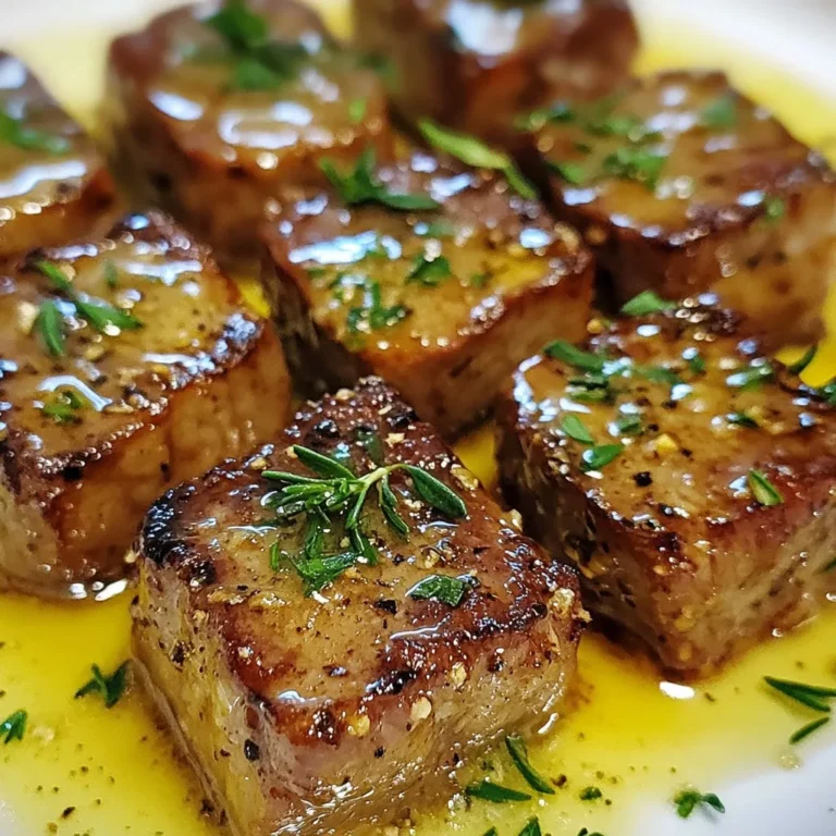 - 1 lb beef sirloin, cut into 1-inch cubes - 4 tablespoons unsalted butter - 4 cloves garlic, minced - 2 teaspoons fresh rosemary, chopped - 2 teaspoons fresh thyme, chopped - 1 teaspoon smoked paprika - Salt and pepper - 1 tablespoon olive oil - Fresh parsley, chopped for garnish To make garlic butter steak bites, you need fresh, quality ingredients. The main star is the beef sirloin. Choose a nice cut with some marbling. This adds flavor and helps keep the meat tender. Butter brings richness to the dish. I use unsalted butter to control the salt level. Fresh garlic gives a strong flavor. It’s best minced, so it mixes well with the butter. Herbs add depth. I love using rosemary and thyme. They bring a fragrant note that pairs perfectly with beef. Smoked paprika adds a warm, smoky flavor that enhances the meat. For seasoning, salt and pepper are key. They help bring out the natural taste of the beef. Olive oil is crucial when searing the steak. It ensures a nice crust forms. Finally, fresh parsley makes a great garnish. It adds color and a fresh taste to balance the richness of the dish. {{ingredient_image_1}} To start, pat the beef sirloin dry with paper towels. This step helps get a nice sear on the meat. Next, season the steak cubes with salt, pepper, and smoked paprika. Make sure to coat them well. Set the seasoned steak aside while you prepare to cook. In a large skillet, heat 1 tablespoon of olive oil over medium-high heat. Once the oil is hot, add the steak bites in a single layer. Let them sear undisturbed for about 2-3 minutes until they turn brown. After that, flip the steak bites to sear all sides. Cook for an additional 2 minutes for a medium-rare finish. Adjust the time based on how well you like your steak. Lower the heat to medium. Add 4 tablespoons of unsalted butter, 4 minced garlic cloves, 2 teaspoons of chopped rosemary, and 2 teaspoons of chopped thyme to the skillet. Let the butter melt and stir everything together. Make sure the garlic does not burn. Cook for another minute until the sauce becomes fragrant. Toss the steak bites in the garlic butter sauce, ensuring they are fully coated and glistening. Cook for one more minute to let the flavors meld. Finally, remove from heat and transfer the steak bites to a serving platter. Garnish with chopped fresh parsley before serving. To get a nice crust on your steak, always dry the meat first. Use paper towels to pat the beef sirloin cubes. This step is key for a good sear. If the steak is wet, it will steam instead of sear. Cook the steak bites in batches. This helps keep the pan hot. If you crowd the pan, the meat won't brown well. Sear each batch for about 2-3 minutes. This ensures you get that rich, golden color. You can add more herbs to boost flavor. Try adding fresh oregano or basil to the garlic butter. These herbs pair well with steak. Adjust the seasoning to fit your taste. If you like heat, add some chili flakes. You can also use more or less garlic. Make it your own by playing with the spices! Pro Tips Pat the Meat Dry: Ensuring the beef sirloin cubes are dry before seasoning helps achieve a beautiful sear, enhancing both flavor and texture. Don’t Overcrowd the Pan: Cook the steak bites in batches if necessary. Overcrowding can lower the pan's temperature, resulting in steaming rather than searing. Use a Meat Thermometer: To achieve your desired doneness, use a meat thermometer. Aim for 130°F (54°C) for medium-rare and 140°F (60°C) for medium. Fresh Herbs Matter: Using fresh rosemary and thyme instead of dried will elevate the flavor profile of the garlic butter sauce significantly. {{image_2}} You can add chili flakes to give your steak bites some heat. A little goes a long way. Just sprinkle a pinch over your beef before cooking. This makes a huge difference in flavor. You can also use different seasoning blends. Try a taco or Cajun spice mix for a fun twist. These blends add unique tastes and aromas. If you want to switch things up, replace the beef with chicken or shrimp. Both options cook well in garlic butter. Chicken breast works best cut into small pieces. For shrimp, use large, peeled shrimp for a meaty bite. You can also use tofu if you prefer a plant-based choice. When swapping proteins, remember to adjust cooking times. Chicken should cook until it's 165°F inside. Shrimp only needs a few minutes until it turns pink. For the garlic butter, use olive oil or vegan butter as a substitute for a lighter option. To keep your garlic butter steak bites fresh, store them in the fridge. Place the bites in an airtight container. This helps prevent moisture loss and keeps them tasty. They can stay good for up to three days. If you want to keep them longer, consider freezing. When freezing, let the steak bites cool completely. Then, transfer them to a freezer-safe bag. Remove as much air as you can before sealing. They will last in the freezer for about three months. When ready to enjoy, thaw them in the fridge overnight before reheating. For the best flavor and texture, reheat in the oven. Preheat your oven to 350°F (175°C). Place the steak bites on a baking sheet lined with parchment paper. Heat for about 10-15 minutes, or until warmed through. This method keeps them juicy and delicious. If you're short on time, you can use the microwave. Place the steak bites on a microwave-safe plate. Cover them with a damp paper towel to retain moisture. Heat in short bursts of 30 seconds, checking often. Be careful not to overcook them, as they can become tough. Yes, you can use other cuts of beef. Here are some great options: - Ribeye: This cut is juicy and flavorful. - Tenderloin: Known for its tenderness, it cooks fast. - Flank steak: A lean cut that works well when sliced thin. - Sirloin tip: A budget-friendly choice that is still tasty. Each cut will give your dish a different taste and texture. Just adjust cooking times as needed. Cooking times depend on how you like your steak. Here’s a quick guide: - Rare: Cook for about 2 minutes per side. - Medium-rare: Aim for 3-4 minutes per side. - Medium: Cook for about 4-5 minutes per side. - Well-done: Cook for 6 minutes or more per side. Use a meat thermometer for best results. Aim for 120°F for rare and 160°F for well-done. Many sides go well with garlic butter steak bites. Here are a few favorites: - Mashed potatoes: Creamy and comforting. - Roasted veggies: Adds color and nutrition. - Rice: A simple base to soak up the sauce. - Salad: Fresh greens provide a nice crunch. These sides will enhance your meal and make it more complete. Enjoy exploring different combinations! In this post, we covered how to make garlic butter steak bites, starting from key ingredients to cooking tips. You learned how to prepare, sear, and finish the steak bites for the best flavor. Remember, perfecting the sear and adjusting the seasoning can really enhance your dish. Feel free to explore variations and try different proteins. With these steps and tips, you'll impress anyone at your next meal. Enjoy cooking!