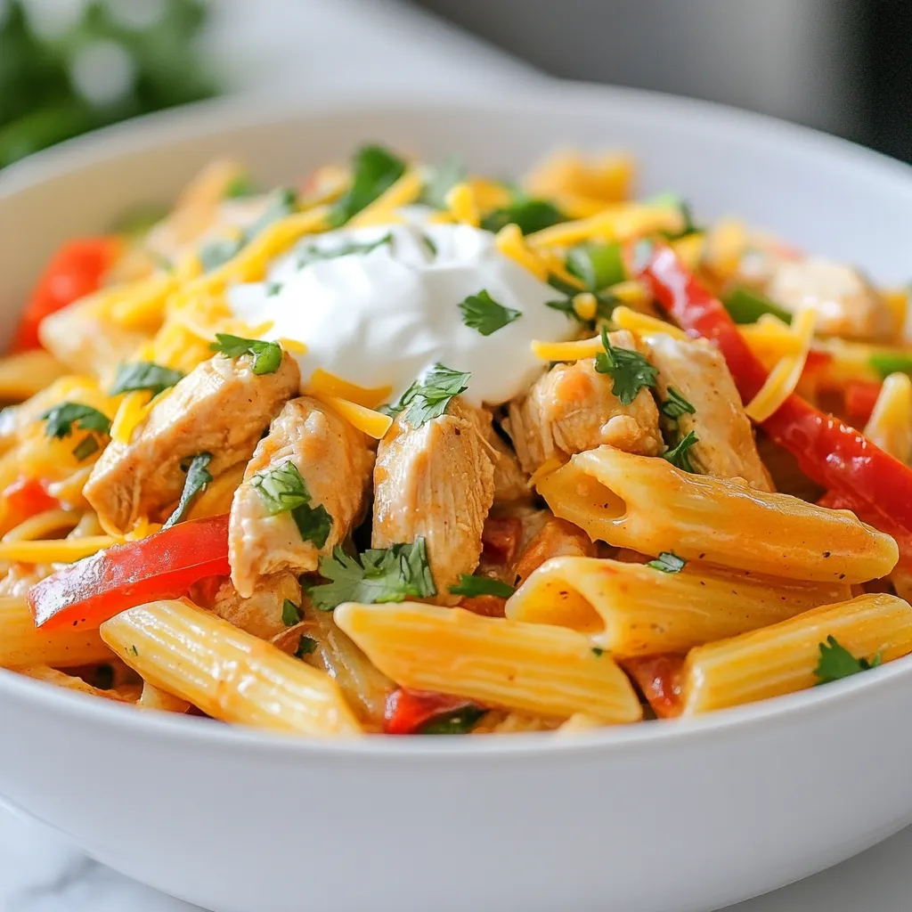 To make One Pot Chicken Fajita Pasta, you will need: - 2 tablespoons olive oil - 1 pound chicken breast, diced - 1 bell pepper (red or green), sliced - 1 onion, sliced - 2 cloves garlic, minced - 1 teaspoon chili powder - 1 teaspoon cumin - 1 teaspoon paprika - Salt and pepper to taste - 3 cups chicken broth - 8 ounces penne pasta - 1 cup corn (fresh or frozen) - 1 cup black beans, drained and rinsed - 1 cup shredded cheese (cheddar or Mexican blend) - Fresh cilantro, chopped (for garnish) - Sour cream (for serving) You can switch up the ingredients for fun twists. Try these options: - Use turkey instead of chicken for a leaner choice. - Swap in zucchini or mushrooms for extra veggies. - Choose whole wheat or gluten-free pasta if needed. - Experiment with different cheeses like pepper jack for heat. - Add avocado for creaminess and flavor. Fresh ingredients make a big difference in taste. Here are some tips: - Look for bright, crisp bell peppers. They should feel firm. - Choose chicken that is pink and has no odor. - Pick onions that are smooth and feel heavy for their size. - Use fresh garlic with no soft spots or sprouting. - For corn, fresh is best, but frozen works well too. By following these tips, you will create a dish bursting with flavor! {{ingredient_image_1}} 1. Start by heating 2 tablespoons of olive oil in a large pot over medium heat. 2. Dice 1 pound of chicken breast. Add it to the pot and season with salt, pepper, chili powder, cumin, and paprika. Cook for 5-7 minutes until the chicken is browned. 3. Slice 1 bell pepper and 1 onion. Mince 2 cloves of garlic. Add these to the pot. Cook for 3-4 minutes until the veggies soften. 4. Pour in 3 cups of chicken broth. Stir in 8 ounces of penne pasta. Bring it to a boil, then cover and reduce heat to simmer for 10-12 minutes. Stir occasionally to prevent sticking. 5. After cooking, add 1 cup of corn and 1 cup of black beans. Mix well and heat for another 2-3 minutes. 6. Remove the pot from heat. Sprinkle 1 cup of shredded cheese on top. Cover for a few minutes to melt the cheese. 7. Serve hot, garnished with fresh cilantro and a dollop of sour cream. - Use a large pot to allow space for the pasta to cook evenly. - Stir the pasta every few minutes to avoid sticking. - Taste and adjust the seasoning before serving. This ensures the dish is full of flavor. - Use fresh ingredients for the best taste. Fresh veggies add crunch and color. - Overcooking the chicken can make it tough. Cook just until browned. - Not stirring often can lead to clumping of the pasta. Stir regularly. - Adding too much broth can make the dish soupy. Measure carefully! - Forgetting to let the cheese melt can leave it clumpy. Cover it for the best result. To make the best One Pot Chicken Fajita Pasta, start with fresh ingredients. Use juicy chicken breast and vibrant bell peppers. This gives your dish great flavor and color. Season your chicken well with salt, pepper, and spices. This adds depth to the taste. Stir often to prevent sticking. Make sure to cook the pasta just right; it should be al dente. Overcooking can make it mushy. Store your leftovers in an airtight container. Let the pasta cool down first. This prevents moisture buildup. You can keep it in the fridge for up to three days. For longer storage, consider freezing it. Divide the pasta into smaller portions for easy use later. This way, you can enjoy a quick meal anytime. When reheating, add a splash of chicken broth. This keeps the pasta moist. Warm it on low heat to avoid burning. Stir gently to heat it evenly. You can also microwave it, but cover it with a lid. This helps trap steam and keeps the pasta nice. Top with fresh cheese or herbs before serving to boost flavor. Pro Tips Perfectly Cooked Pasta: To ensure your penne pasta is al dente, check for doneness a minute or two before the package instructions suggest. This will prevent overcooking. Custom Spice Levels: Adjust the amount of chili powder and cumin based on your spice preference. You can also add jalapeños for an extra kick! Cheese Variations: Experiment with different types of cheese like Monterey Jack or Pepper Jack for a unique flavor twist. Add Freshness: For a burst of flavor, add a squeeze of lime juice just before serving. It enhances the dish and brightens the overall taste. {{image_2}} You can easily make a vegetarian version of this dish. Simply swap out the chicken for your favorite veggies. I love using zucchini, mushrooms, and extra bell peppers. These add great flavor and texture. You can also add more beans for protein. Try black beans or pinto beans. They make the dish hearty and filling. If you want to mix it up, add shrimp or sausage. For shrimp, cook them until they turn pink. This takes just a few minutes. If you prefer sausage, slice it and cook it with the veggies. The spices will blend well with the meat. Both options bring a nice twist to the classic recipe. For a gluten-free meal, choose gluten-free penne pasta. Many brands make great options that taste just as good. Look for pasta made from brown rice or quinoa. This way, you can enjoy the dish without worrying about gluten. The flavors stay rich and delicious, no matter the pasta choice. To store your One Pot Chicken Fajita Pasta, use airtight containers. Glass or BPA-free plastic works well. Make sure to let the dish cool down before sealing. This keeps flavors fresh and prevents spills. You can freeze this pasta dish for later meals. First, let it cool completely. Then, portion it into freezer-safe bags or containers. Remove as much air as you can to avoid freezer burn. Label each bag with the date for easy tracking. For the best taste, eat the pasta within three to four days when stored in the fridge. If frozen, aim to eat it within three months. The flavor and texture will be best if you follow these timeframes. Enjoy your meal whenever you want! It takes about 30 minutes to make One Pot Chicken Fajita Pasta. This includes 15 minutes to prep and 15 minutes to cook. You can enjoy a tasty meal in no time! Yes, you can make this dish ahead of time. Cook it fully, then cool it down. Store it in the fridge for up to three days. Just reheat it when you’re ready to eat. One Pot Chicken Fajita Pasta pairs well with a fresh salad. You can also serve it with warm tortillas or rice. For a creamy touch, add sour cream or guacamole on the side. Enjoy your meal! In this guide, we covered the tasty One Pot Chicken Fajita Pasta. We looked at ingredients, cooking steps, and tips to avoid mistakes. You learned how to store and reheat leftovers well. Variations, like vegetarian options or different proteins, offer fun twists. Overall, this dish is simple and flavorful. Enjoy making it your own, and share with friends. Good food brings joy, and this recipe makes it easy.