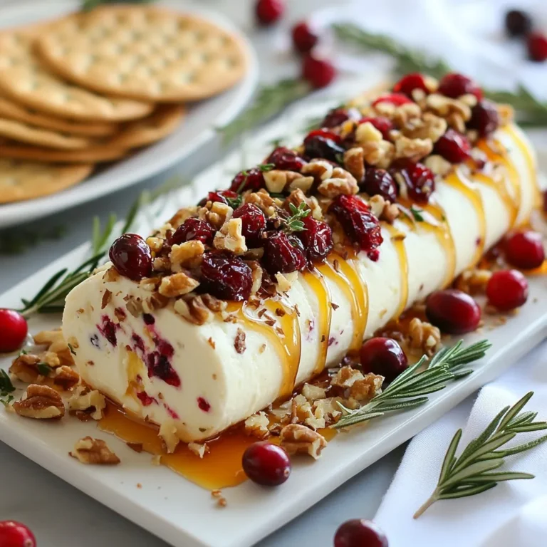 - 8 oz goat cheese, softened - 1/2 cup dried cranberries, chopped - 1/2 cup walnuts, finely chopped - 2 tablespoons honey - 1 tablespoon fresh rosemary, finely chopped - 1/4 teaspoon salt - 1/4 teaspoon black pepper - Assorted crackers or sliced baguette for serving When making a tasty Cranberry Walnut Goat Cheese Log, freshness matters. Choose high-quality goat cheese. Look for a creamy texture and a fresh smell. Softened cheese blends easily with other ingredients. For cranberries, select dried ones with vibrant color. They should not be hard or too chewy. Fresh walnuts should smell nutty and look bright. Avoid any that seem stale or oily. When picking rosemary, look for deep green leaves. They should feel firm and fragrant. Fresh herbs add great flavor to your dish. Finally, for your crackers or baguette, choose items that are crisp and not stale. This will enhance your cheese log experience. The right ingredients make all the difference, so take your time picking them! {{ingredient_image_1}} To start, you need to mix the ingredients. In a bowl, combine 8 oz of softened goat cheese, 2 tablespoons of honey, 1 tablespoon of finely chopped rosemary, 1/4 teaspoon of salt, and 1/4 teaspoon of black pepper. Use a fork or a spatula to blend everything well. The goal is to achieve a smooth consistency. Make sure there are no lumps. This smooth mix will be the base of your cheese log. Next, it's time to shape the cheese log. Lay out a large piece of plastic wrap on your clean counter. Spoon the goat cheese mixture into the center of the wrap. To shape the log, fold the plastic wrap over the cheese and roll it tightly. Twist the ends of the wrap to seal it. This helps keep the shape. For a perfect log, make sure to roll it with even pressure. Chilling is key for a great texture. Place the log in the fridge for at least 30 minutes. This will help it firm up. While it chills, prepare the cranberry walnut coating. In a shallow dish, mix 1/2 cup of chopped dried cranberries and 1/2 cup of finely chopped walnuts. After chilling, take the log out of the wrap. Roll it in the cranberry walnut mixture. Press gently so the coating sticks well. This adds great flavor and texture. To make your Cranberry Walnut Goat Cheese Log even better, play with the sweetness. Adding honey gives it a nice touch. Start with two tablespoons. Taste it. If you want more sweet, add a little more. Honey adds a warm flavor that pairs well with the tart cranberries. Next, let’s talk herbs. Fresh rosemary is a game changer. It brightens the cheese. Use one tablespoon, finely chopped. You can also try thyme or chives. These herbs add layers of taste. They make your cheese log stand out. Choosing the right crackers is key. I love using buttery crackers for a rich contrast. Try whole grain for a nutty flavor. You can also use sliced baguette. It adds a nice crunch. Experiment with different types for fun pairings. Drinks are just as important. A crisp white wine goes great with the cheese. Try a light red like Pinot Noir too. For non-alcoholic options, sparkling water or apple cider works well. They cleanse the palate and enhance the flavors. How you plate the cheese log can impress your guests. Place it on a wooden board for a rustic feel. You can also use a colorful plate. Surround the log with crackers and some fresh fruits. Grapes or apple slices add a pop of color. Garnishes make a big difference. Sprinkle some extra chopped nuts on top. A few whole cranberries can add a festive touch. Fresh herbs can also dress up the log. These little details make your dish look and taste amazing. Pro Tips Use Fresh Herbs: Fresh rosemary adds a vibrant flavor to the cheese log. If you can, use fresh instead of dried for an enhanced taste. Experiment with Nuts: While walnuts are traditional, try using pecans or almonds for a different texture and flavor profile. Chill for Optimal Texture: Allow the log to chill longer than 30 minutes if possible. This will help it firm up, making it easier to slice. Presentation Matters: For a beautiful presentation, serve the cheese log on a wooden board with a variety of colorful crackers and fruits. {{image_2}} You can change the nuts in your cheese log. Instead of walnuts, try pecans or almonds. Pecans add a sweet flavor. They also give a nice crunch. Almonds bring a different texture and taste. Simply chop them finely and use them the same way as walnuts. If you want, you can switch out the cranberries. Raisins make a great option. They will add a chewy texture. Apricots are another good choice. Dried apricots offer a sweet and tangy flavor. Just chop them up and mix them into the cheese log coating. You can take your cheese log up a notch with some spices. A pinch of cinnamon adds warmth. You can also try a bit of nutmeg for a unique taste. Citrus zest gives a bright kick. Lemon or orange zest works well. Just mix these extras into your goat cheese for a fun twist. To keep your Cranberry Walnut Goat Cheese Log fresh, wrap it tightly in plastic wrap. This seals in moisture and flavor. Store it in an airtight container in the fridge. Leftovers can stay good for about five days. Make sure to check it daily for any changes in smell or texture. You can freeze the cheese log for longer storage. Wrap the log tightly in plastic wrap, then place it in a freezer bag. Remove as much air as possible to prevent freezer burn. It will stay fresh for about two months. When you want to enjoy it, thaw it overnight in the fridge. Avoid refreezing after thawing. Check your cheese log before using it. Look for any signs of mold or an off smell. If it feels dry or crumbly, it may not taste good anymore. Fresh cheese should have a smooth texture and a pleasant aroma. Always trust your senses; if something seems off, it’s best to discard it. You have many tasty options! Serve this cheese log with: - Assorted crackers - Sliced baguette - Fresh vegetables like cucumber or bell pepper - Apple or pear slices for a sweet touch - A drizzle of honey for extra flavor These pairings bring out the creamy goat cheese and the sweet-tart cranberries. Each bite will surprise your taste buds! Yes, you can! Here are some tips: - Prepare the cheese log a day ahead. - Wrap it tightly in plastic wrap and store in the fridge. - Roll it in the cranberry walnut coating just before serving. This way, you save time and still enjoy a fresh snack. The flavors also blend well if you let it sit. You can find pre-made cheese logs at: - Local grocery stores in the cheese section - Specialty cheese shops - Farmers' markets for fresh options - Online grocery delivery services Check their menus for cranberry walnut goat cheese logs. This way, you can save time and still enjoy a delicious snack! This blog post covered how to make a tasty Cranberry Walnut Goat Cheese Log. We explored the ingredients, step-by-step instructions, and tips for great flavor. You learned about variations to make it your own and how to store leftovers. In the end, this cheese log is simple to make and fun to share. You can impress guests or enjoy it yourself. Try it out and elevate your next gathering!