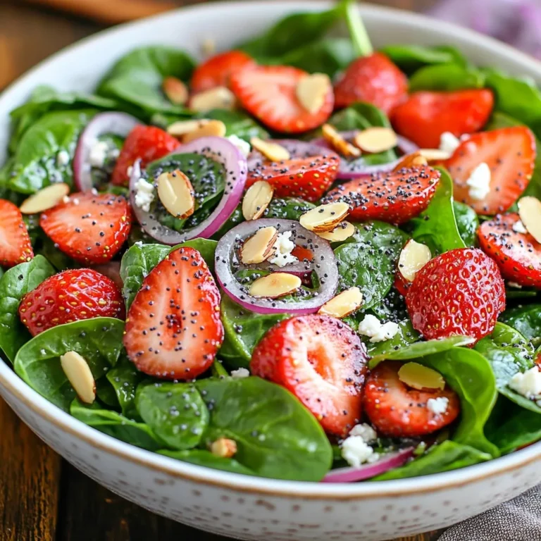 - 4 cups fresh baby spinach leaves - 2 cups strawberries, hulled and sliced - 1/2 cup red onion, thinly sliced I love using fresh baby spinach leaves for this salad. They are crisp and full of nutrients. Strawberries add a sweet burst, while red onion gives a nice crunch. Together, they create a colorful base that looks beautiful on any plate. - 1/4 cup olive oil - 2 tablespoons apple cider vinegar - 1 tablespoon honey - 1 teaspoon Dijon mustard - 1 tablespoon poppy seeds The dressing is simple yet flavorful. Olive oil brings richness. Apple cider vinegar adds brightness. Honey sweetens the mix, while Dijon mustard gives it a little kick. Poppy seeds add a fun texture and a lovely look. - 1/2 cup slivered almonds, toasted - 1/4 cup feta cheese, crumbled (optional) - Salt and pepper to taste Toasted slivered almonds add a crunchy finish. Feta cheese can give a creamy touch, but it's optional. A pinch of salt and pepper can enhance all these flavors. You can mix and match these toppings based on your taste. {{ingredient_image_1}} Start by adding 4 cups of fresh baby spinach leaves to a large bowl. Next, top the spinach with 2 cups of hulled and sliced strawberries. Then, add 1/2 cup of thinly sliced red onion. This mix gives you a bright and colorful base. Now, let’s toast the slivered almonds. Heat a small skillet over medium heat. Add 1/2 cup of slivered almonds. Stir them often for about 3-4 minutes until they turn golden brown. Once they are toasted, take them off the heat and let them cool. In a separate bowl, whisk together the dressing ingredients. You’ll need 1/4 cup of olive oil, 2 tablespoons of apple cider vinegar, 1 tablespoon of honey, and 1 teaspoon of Dijon mustard. Add 1 tablespoon of poppy seeds, and season with salt and pepper to taste. Whisk until everything is well mixed and smooth. Adjust the flavors if needed. If you want more sweetness, add a bit more honey. For a tangier kick, add more vinegar. Taste as you go to find what you enjoy best. Once your salad base and dressing are ready, it’s time to combine everything. Sprinkle the cooled toasted almonds over the salad. If you like, add 1/4 cup of crumbled feta cheese for extra flavor. Now, drizzle the poppyseed dressing over the salad. Toss gently to coat all the ingredients. You want everything to be well mixed without damaging the spinach or strawberries. Serve your salad right away for the best taste and freshness. Enjoy the delightful flavors! Serve your Strawberry Spinach Salad right after making it for the best taste. If you want to chill it, give it about 10-15 minutes in the fridge. This helps the flavors mix, but it can lose its crunch if it sits too long. For storage, keep leftovers in an airtight container. They stay fresh for about one day. After that, the spinach wilts, and the strawberries can get mushy. To hull and slice strawberries, first, remove the green tops. I use a small knife or a huller for this. Next, slice them into thin pieces. This way, they mix well in the salad and look nice. For the almonds, toasting them makes a big difference. Heat a skillet on medium. Add the slivered almonds and stir them for about 3-4 minutes. Watch closely; they can burn fast. When they turn golden brown, take them off the heat and let them cool. For a pretty presentation, serve the salad in a large, shallow bowl. Add extra strawberry halves on top. A sprinkle of poppy seeds adds a nice touch. Pair this salad with a light drink. A crisp white wine or sparkling water works well. They add a refreshing note that matches the salad's flavors. Pro Tips Use Fresh Ingredients: Always opt for fresh spinach and ripe strawberries to ensure the best flavor and texture in your salad. Toast Almonds for Extra Flavor: Toasting the slivered almonds enhances their nutty flavor, making your salad even more delicious. Chill Before Serving: Letting the salad chill for 10-15 minutes allows the flavors to meld beautifully, resulting in a tastier dish. Customize with Cheese: Feel free to swap feta for goat cheese or omit it entirely for a dairy-free option that still tastes great. {{image_2}} You can easily change up the flavors of your strawberry spinach salad. Adding seasonal fruits makes it exciting. Try mixing in fresh blueberries or crisp apple slices. These fruits add more color and taste. You can also swap spinach for other greens. Arugula offers a peppery kick. Kale gives a hearty crunch. Each green brings its own twist, making your salad unique. For a hearty meal, add protein to your salad. Grilled chicken or shrimp is a great choice. They add flavor and make the salad filling. If you prefer a vegan option, try chickpeas or tofu. Both options are rich in protein and easy to prepare. They soak up the dressing well, adding taste to every bite. While poppyseed dressing is a star, you can explore other flavors. A yogurt-based dressing adds creaminess and tang. It's a lighter option that pairs well with the salad. You can also experiment with different vinegars. Balsamic vinegar adds depth and sweetness. Rice vinegar gives a milder taste. Each dressing brings new life to your salad. To keep your salad fresh, store leftovers in an airtight container. This helps maintain the crispness of the spinach and strawberries. Aim to eat the salad within two days for the best taste. Do not mix the dressing with the salad until you are ready to serve. If you need to reheat any part of the salad, avoid heating the spinach or strawberries, as they will lose their texture. Instead, enjoy the salad cold or at room temperature. Different ingredients have different shelf lives: - Baby spinach: Lasts about 3-5 days in the fridge. - Strawberries: Keep for 3-7 days. Look for mold and discard any that are bad. - Red onion: Stays fresh for 1-2 weeks when stored properly. - Slivered almonds: Can last several months if kept in a cool, dry place. - Feta cheese: Generally lasts 5-7 days when stored correctly. To prolong freshness, keep spinach dry. Store strawberries unwashed until you're ready to eat them. Keep onions in a cool spot away from direct sunlight. I do not recommend freezing the salad itself. The spinach and strawberries will become mushy once thawed. However, you can freeze the dressing. To do this, pour the dressing into an ice cube tray. Once frozen, transfer cubes into a freezer bag. This way, you can use small amounts as needed without wasting any dressing. When ready to use, let the dressing cubes thaw in the fridge overnight. Strawberry Spinach Salad stays fresh for about 2-3 days in the fridge. To store it, place the salad in an airtight container. Keep the dressing separate to maintain crispness. If you see any slimy spinach or mushy strawberries, it's time to toss the salad. Always check for off smells or discoloration before eating. Yes! You can make the poppyseed dressing a week in advance. Store it in a sealed container in the fridge. To keep it fresh, give it a good shake before use. If it separates, just whisk it again. If you notice any strange smells or colors, it’s best to discard it. Yes, this salad is gluten-free. All the ingredients used are safe for those avoiding gluten. If you're sensitive, double-check labels on the honey and Dijon mustard. For a gluten-free dressing, choose a brand without gluten or make your own. Enjoy this salad worry-free! This blog gave you a clear guide to making a fresh strawberry spinach salad. You learned about the best ingredients, how to prepare them, and tips for storing leftovers. By following these steps, you can enjoy a tasty meal and impress your friends and family. Whether you add proteins or try new dressings, you can make this salad your own. Use the ideas shared here to explore your creativity in the kitchen. Enjoy your salad-making adventure!