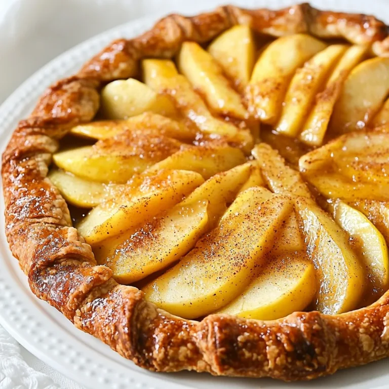 To make a Rustic Apple Galette, you'll need simple ingredients. Here’s what to gather: - 2 cups all-purpose flour - 1/2 teaspoon salt - 1 tablespoon sugar - 1/2 cup unsalted butter, chilled and cubed - 6-8 tablespoons ice water - 4 medium apples, peeled, cored, and thinly sliced - 1 tablespoon lemon juice - 1 teaspoon ground cinnamon - 1/4 teaspoon nutmeg - 1/4 cup brown sugar - 1 egg (for egg wash) - Extra sugar for sprinkling Choosing the right apples makes a big difference. I recommend these tasty types: - Granny Smith: Tart and crisp, they hold up well in baking. - Honeycrisp: Sweet and juicy, they add great flavor and texture. - Fuji: Sweet and firm, they give a nice balance to the galette. - Braeburn: Slightly spicy, they add a unique twist to your dish. If you can't find some ingredients, no worries! Here are some great swaps: - Flour: Use whole wheat flour for a nutty flavor. - Butter: Coconut oil or vegan butter works well for a dairy-free option. - Apples: Mix in pears or berries for a different fruit flavor. - Sweeteners: Maple syrup or honey can replace brown sugar. These options keep your Rustic Apple Galette delicious and fun! Enjoy the process of making it your own. {{ingredient_image_1}} To start, gather your ingredients. In a large bowl, mix together 2 cups of all-purpose flour, 1/2 teaspoon of salt, and 1 tablespoon of sugar. This blend gives the dough a nice flavor. Next, cut in 1/2 cup of chilled and cubed unsalted butter. You can use a pastry cutter or your fingers for this. Work until the mixture looks like coarse crumbs. Now, it's time to add water. Gradually mix in 6 to 8 tablespoons of ice water, one tablespoon at a time. Stop when the dough holds together but is a bit sticky. Form it into a ball and flatten it into a disk. Wrap it in plastic wrap, then chill it in the fridge for at least 30 minutes. This step makes the dough easier to roll out later. While the dough chills, prepare the apple filling. Peel, core, and thinly slice 4 medium apples. I recommend using Granny Smith or Honeycrisp apples for a nice balance of tartness and sweetness. Place the sliced apples in a large bowl. Add 1 tablespoon of lemon juice, 1 teaspoon of ground cinnamon, 1/4 teaspoon of nutmeg, and 1/4 cup of brown sugar. Toss everything together until the apples are well coated. Let this mixture sit for a bit. This helps the flavors meld together nicely. After your dough has chilled, preheat the oven to 400°F (200°C). Roll out the dough on a lightly floured surface into a circle about 12 inches wide. Next, transfer the dough to a baking sheet lined with parchment paper. Now for the fun part! Spoon the apple mixture into the center of the dough, leaving a 2-inch border around the edges. Fold the edges of the dough over the apples, creating a pleated and rustic look. To give it a nice shine, beat 1 egg in a small bowl and brush it over the crust. For a sweet touch, sprinkle extra sugar over the exposed crust. Bake your galette in the preheated oven for about 35 to 40 minutes. You’ll know it’s done when the crust turns a lovely golden brown and the apples are tender. Once baked, let the galette cool for a few minutes before slicing. It's delicious warm or at room temperature. Enjoy it with a scoop of vanilla ice cream or whipped cream for a treat! To get a great crust, keep your butter cold. Chilled butter makes the crust flaky. When mixing flour and butter, stop when it looks like coarse crumbs. This ensures you don’t overwork the dough. Use ice water slowly to bring it together. Too much water makes it tough. Always chill your dough before rolling it out. This helps it hold its shape. Spices make your galette shine. I like to use cinnamon and nutmeg to warm up the flavors. These spices work well with apples. You can add a pinch of ginger for extra warmth. Lemon juice adds brightness and balances sweetness. Try different spice blends to find your favorite. Just remember, less is more; you want the apples to be the star. If your crust is soggy, it may need more time in the oven. Bake until it is golden brown and crisp. If the apples are too soft, use firmer varieties, like Granny Smith. If the galette is too sweet, cut back on the sugar next time. For uneven edges, don’t worry—rustic is the goal! A little imperfection adds charm. Pro Tips Chill Your Ingredients: Ensure your butter and water are very cold to create a flakier crust. This helps to prevent the butter from melting into the flour before baking. Use a Variety of Apples: For a more complex flavor, mix different types of apples in your filling. Sweet and tart varieties balance each other well. Don’t Skip the Egg Wash: Brushing the crust with egg wash before baking gives it a beautiful golden color and a shiny finish. Let It Rest: Allow the galette to cool for a few minutes after baking. This helps the juices set, making it easier to slice and serve. {{image_2}} You can use many fruits in your galette. While apples are classic, pears work well too. They have a soft texture that bakes nicely. Berries like blueberries or raspberries add a sweet and tart flavor. Peaches also make a great choice, especially in summer. For each fruit, adjust the sugar based on how sweet they are. Feel free to mix fruits for a unique twist! Spices can truly elevate your galette. Besides cinnamon and nutmeg, consider adding ginger for warmth. Cardamom brings a lovely aroma that pairs well with apples. Try adding a pinch of cloves for a spiced kick. For a fun twist, mix in some vanilla extract or almond extract. These flavors add depth and charm to your galette. You can easily adapt your galette for gluten-free or vegan diets. For a gluten-free crust, use a blend of gluten-free flours like almond or oat flour. Just make sure to add a bit more cold water to help the dough stick. To make it vegan, swap the butter for coconut oil or vegan butter. Replace the egg wash with a mix of almond milk and maple syrup. These swaps keep the essence of the galette while catering to different diets. To keep your Rustic Apple Galette fresh, let it cool completely first. After cooling, wrap it in plastic wrap or foil. This prevents it from drying out. Store the wrapped galette in the fridge for up to three days. If you have leftover slices, place them in an airtight container. This keeps the crust crisp and the apples flavorful. When you’re ready to enjoy your leftover galette, preheat your oven to 350°F (175°C). Place the galette on a baking sheet lined with parchment paper. Heat it for about 10-15 minutes. This warms it through and helps the crust regain its crunch. You can also use a toaster oven for the same result. Freezing the galette is a great way to save some for later. Once it has cooled, wrap it tightly in plastic wrap, then in foil. This keeps out air and moisture. You can freeze it for up to three months. When you’re ready to eat, thaw it in the fridge overnight. Then reheat as directed above. Enjoy that fresh-baked taste! Yes, you can make the dough ahead of time. I often prepare it the night before. After mixing, form the dough into a disk and wrap it tightly in plastic wrap. Store it in the fridge for up to three days. This makes it easy to whip up the galette when you are ready. Rustic apple galette pairs well with many tasty options. Here are some ideas: - A scoop of vanilla ice cream - A dollop of whipped cream - A drizzle of caramel sauce - A sprinkle of toasted nuts - A side of fresh whipped cream These toppings add flavor and texture, making each bite even better. You can tell your galette is done when the crust is golden brown. The apples should be tender and bubbling slightly. Bake it for 35-40 minutes at 400°F (200°C). If you notice the edges browning too quickly, cover them with foil. This will help the center bake fully without burning the crust. In this blog post, we covered the key steps to make a Rustic Apple Galette. We learned about the ingredients, the right apple types, and helpful substitutions. Next, we walked through making the dough and filling. I shared tips for a perfect crust, adding flavors, and solving common problems. You can even explore fun variations and storage tips for leftovers. Remember, this galette is simple and delicious. Enjoy your creation and the joy it brings!