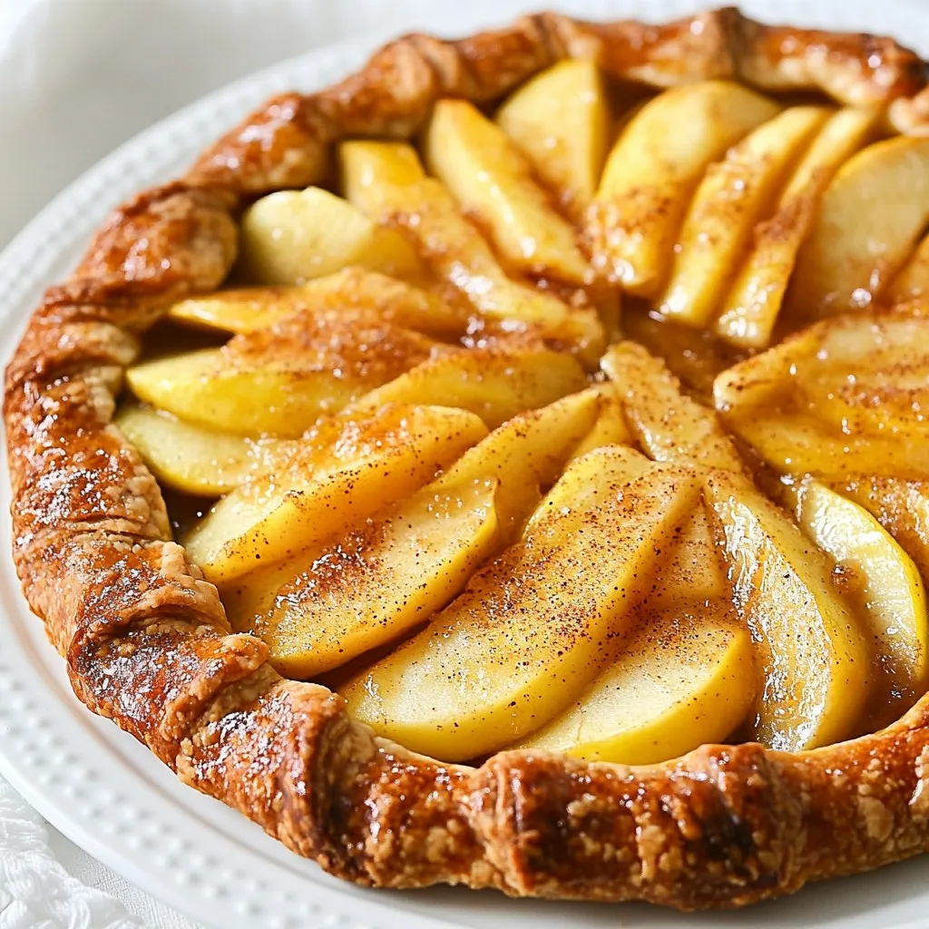 To make a Rustic Apple Galette, you'll need simple ingredients. Here’s what to gather: - 2 cups all-purpose flour - 1/2 teaspoon salt - 1 tablespoon sugar - 1/2 cup unsalted butter, chilled and cubed - 6-8 tablespoons ice water - 4 medium apples, peeled, cored, and thinly sliced - 1 tablespoon lemon juice - 1 teaspoon ground cinnamon - 1/4 teaspoon nutmeg - 1/4 cup brown sugar - 1 egg (for egg wash) - Extra sugar for sprinkling Choosing the right apples makes a big difference. I recommend these tasty types: - Granny Smith: Tart and crisp, they hold up well in baking. - Honeycrisp: Sweet and juicy, they add great flavor and texture. - Fuji: Sweet and firm, they give a nice balance to the galette. - Braeburn: Slightly spicy, they add a unique twist to your dish. If you can't find some ingredients, no worries! Here are some great swaps: - Flour: Use whole wheat flour for a nutty flavor. - Butter: Coconut oil or vegan butter works well for a dairy-free option. - Apples: Mix in pears or berries for a different fruit flavor. - Sweeteners: Maple syrup or honey can replace brown sugar. These options keep your Rustic Apple Galette delicious and fun! Enjoy the process of making it your own. {{ingredient_image_1}} To start, gather your ingredients. In a large bowl, mix together 2 cups of all-purpose flour, 1/2 teaspoon of salt, and 1 tablespoon of sugar. This blend gives the dough a nice flavor. Next, cut in 1/2 cup of chilled and cubed unsalted butter. You can use a pastry cutter or your fingers for this. Work until the mixture looks like coarse crumbs. Now, it's time to add water. Gradually mix in 6 to 8 tablespoons of ice water, one tablespoon at a time. Stop when the dough holds together but is a bit sticky. Form it into a ball and flatten it into a disk. Wrap it in plastic wrap, then chill it in the fridge for at least 30 minutes. This step makes the dough easier to roll out later. While the dough chills, prepare the apple filling. Peel, core, and thinly slice 4 medium apples. I recommend using Granny Smith or Honeycrisp apples for a nice balance of tartness and sweetness. Place the sliced apples in a large bowl. Add 1 tablespoon of lemon juice, 1 teaspoon of ground cinnamon, 1/4 teaspoon of nutmeg, and 1/4 cup of brown sugar. Toss everything together until the apples are well coated. Let this mixture sit for a bit. This helps the flavors meld together nicely. After your dough has chilled, preheat the oven to 400°F (200°C). Roll out the dough on a lightly floured surface into a circle about 12 inches wide. Next, transfer the dough to a baking sheet lined with parchment paper. Now for the fun part! Spoon the apple mixture into the center of the dough, leaving a 2-inch border around the edges. Fold the edges of the dough over the apples, creating a pleated and rustic look. To give it a nice shine, beat 1 egg in a small bowl and brush it over the crust. For a sweet touch, sprinkle extra sugar over the exposed crust. Bake your galette in the preheated oven for about 35 to 40 minutes. You’ll know it’s done when the crust turns a lovely golden brown and the apples are tender. Once baked, let the galette cool for a few minutes before slicing. It's delicious warm or at room temperature. Enjoy it with a scoop of vanilla ice cream or whipped cream for a treat! To get a great crust, keep your butter cold. Chilled butter makes the crust flaky. When mixing flour and butter, stop when it looks like coarse crumbs. This ensures you don’t overwork the dough. Use ice water slowly to bring it together. Too much water makes it tough. Always chill your dough before rolling it out. This helps it hold its shape. Spices make your galette shine. I like to use cinnamon and nutmeg to warm up the flavors. These spices work well with apples. You can add a pinch of ginger for extra warmth. Lemon juice adds brightness and balances sweetness. Try different spice blends to find your favorite. Just remember, less is more; you want the apples to be the star. If your crust is soggy, it may need more time in the oven. Bake until it is golden brown and crisp. If the apples are too soft, use firmer varieties, like Granny Smith. If the galette is too sweet, cut back on the sugar next time. For uneven edges, don’t worry—rustic is the goal! A little imperfection adds charm. Pro Tips Chill Your Ingredients: Ensure your butter and water are very cold to create a flakier crust. This helps to prevent the butter from melting into the flour before baking. Use a Variety of Apples: For a more complex flavor, mix different types of apples in your filling. Sweet and tart varieties balance each other well. Don’t Skip the Egg Wash: Brushing the crust with egg wash before baking gives it a beautiful golden color and a shiny finish. Let It Rest: Allow the galette to cool for a few minutes after baking. This helps the juices set, making it easier to slice and serve. {{image_2}} You can use many fruits in your galette. While apples are classic, pears work well too. They have a soft texture that bakes nicely. Berries like blueberries or raspberries add a sweet and tart flavor. Peaches also make a great choice, especially in summer. For each fruit, adjust the sugar based on how sweet they are. Feel free to mix fruits for a unique twist! Spices can truly elevate your galette. Besides cinnamon and nutmeg, consider adding ginger for warmth. Cardamom brings a lovely aroma that pairs well with apples. Try adding a pinch of cloves for a spiced kick. For a fun twist, mix in some vanilla extract or almond extract. These flavors add depth and charm to your galette. You can easily adapt your galette for gluten-free or vegan diets. For a gluten-free crust, use a blend of gluten-free flours like almond or oat flour. Just make sure to add a bit more cold water to help the dough stick. To make it vegan, swap the butter for coconut oil or vegan butter. Replace the egg wash with a mix of almond milk and maple syrup. These swaps keep the essence of the galette while catering to different diets. To keep your Rustic Apple Galette fresh, let it cool completely first. After cooling, wrap it in plastic wrap or foil. This prevents it from drying out. Store the wrapped galette in the fridge for up to three days. If you have leftover slices, place them in an airtight container. This keeps the crust crisp and the apples flavorful. When you’re ready to enjoy your leftover galette, preheat your oven to 350°F (175°C). Place the galette on a baking sheet lined with parchment paper. Heat it for about 10-15 minutes. This warms it through and helps the crust regain its crunch. You can also use a toaster oven for the same result. Freezing the galette is a great way to save some for later. Once it has cooled, wrap it tightly in plastic wrap, then in foil. This keeps out air and moisture. You can freeze it for up to three months. When you’re ready to eat, thaw it in the fridge overnight. Then reheat as directed above. Enjoy that fresh-baked taste! Yes, you can make the dough ahead of time. I often prepare it the night before. After mixing, form the dough into a disk and wrap it tightly in plastic wrap. Store it in the fridge for up to three days. This makes it easy to whip up the galette when you are ready. Rustic apple galette pairs well with many tasty options. Here are some ideas: - A scoop of vanilla ice cream - A dollop of whipped cream - A drizzle of caramel sauce - A sprinkle of toasted nuts - A side of fresh whipped cream These toppings add flavor and texture, making each bite even better. You can tell your galette is done when the crust is golden brown. The apples should be tender and bubbling slightly. Bake it for 35-40 minutes at 400°F (200°C). If you notice the edges browning too quickly, cover them with foil. This will help the center bake fully without burning the crust. In this blog post, we covered the key steps to make a Rustic Apple Galette. We learned about the ingredients, the right apple types, and helpful substitutions. Next, we walked through making the dough and filling. I shared tips for a perfect crust, adding flavors, and solving common problems. You can even explore fun variations and storage tips for leftovers. Remember, this galette is simple and delicious. Enjoy your creation and the joy it brings!