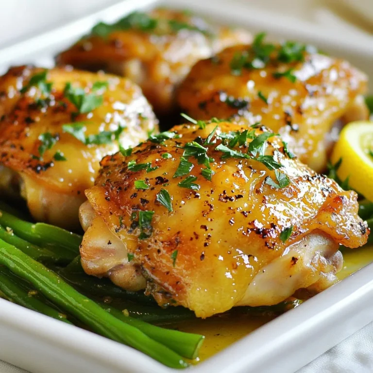- Chicken Thighs: Use 4 bone-in, skin-on chicken thighs. The bone adds flavor and moisture. - Marinade Ingredients: - 2 tablespoons olive oil - 4 cloves garlic, minced - Zest of 1 lemon - Juice of 2 lemons - 1 teaspoon dried oregano - 1 teaspoon paprika - Salt and pepper to taste - Green Beans: Get 1 pound of fresh green beans. Trim the ends for a neat look. The chicken thighs bring rich flavors, while the marinade enhances each bite. Olive oil and lemon juice help tenderize the meat. Garlic adds an aromatic touch, making your dish pop. The fresh green beans provide a crisp contrast. They balance the meal with color and nutrients, giving you that fresh vibe. {{ingredient_image_1}} To start, grab a large bowl. Combine 4 minced garlic cloves, lemon zest from 1 lemon, juice from 2 lemons, 2 tablespoons of olive oil, 1 teaspoon of dried oregano, and 1 teaspoon of paprika. Add salt and pepper to taste. Mix well. Now, take your 4 chicken thighs and rub that marinade all over them. Make sure every part is covered. Let the chicken marinate for at least 30 minutes. For the best flavor, marinate overnight in the fridge. Next, preheat your oven to 425°F (220°C). While it heats, prepare a baking sheet. Place a wire rack on top of the sheet. This rack helps heat circulate around the chicken, making it crispier. Once your chicken has marinated, arrange the thighs skin-side up on the rack. This position allows the skin to get nice and crispy as they roast. Roast the chicken in your preheated oven for about 30-35 minutes. Use a meat thermometer to check for doneness; the internal temperature should reach 165°F (75°C). While the chicken cooks, bring a pot of salted water to a boil. Add 1 pound of trimmed green beans and cook them for 3-4 minutes until they are bright green and tender-crisp. Drain the beans and immediately transfer them to a bowl of ice water. This step stops the cooking and keeps them vibrant. After they cool, drain again and set aside. In a skillet, melt 1 tablespoon of unsalted butter over medium heat. Add the green beans and sauté for about 3-4 minutes, stirring occasionally. Season with salt and pepper before serving. To get crispy skin on your chicken thighs, start with a dry surface. Pat the skin with paper towels before marinating. This helps the skin crisp up nicely in the oven. Use a wire rack on your baking sheet. This allows hot air to circulate around the chicken. It helps cook the chicken evenly and keeps it crispy. Always check the internal temperature. You want it to reach 165°F (75°C). This ensures the chicken is fully cooked and safe to eat. For tender-crisp green beans, boil them for just 3-4 minutes. You want them bright green and still a little firm. After boiling, place them in ice water. This stops the cooking and helps them stay crisp. When sautéing, use unsalted butter for flavor. Add salt and pepper to taste while cooking. You can also toss in garlic or lemon zest for extra flavor. This makes the green beans shine on the plate. Pro Tips Marinate for Maximum Flavor: For best results, let the chicken marinate overnight. This allows the flavors to penetrate deeply, making the chicken more flavorful and tender. Ensure Crispy Skin: Placing the chicken on a wire rack helps the skin to get crispy all around. Avoid overcrowding the pan to let hot air circulate freely. Bright Green Beans: To maintain the vibrant green color and crisp texture of green beans, plunge them into an ice bath immediately after boiling. Resting Time: Allow the chicken to rest for a few minutes after roasting. This helps the juices redistribute, resulting in juicier and more succulent meat. {{image_2}} You can switch chicken thighs for chicken breasts if you prefer. Chicken breasts cook faster and are leaner. Just remember they may not be as juicy as thighs. For green beans, try using broccoli or asparagus. Both add a crunch and a fresh taste. To change the flavor, you can add herbs like thyme or rosemary to the marinade. These herbs give a nice twist to the lemon and garlic. You can also try spices like cumin or chili powder for a kick. For vegetables, consider bell peppers or zucchini. Both will add color and taste to your meal. To keep your lemon garlic chicken thighs and green beans fresh, follow these steps: - Cool Down: Let the chicken and green beans cool to room temperature. - Use Airtight Containers: Store them in airtight containers to avoid moisture loss. - Separate Storage: It’s best to store chicken and green beans in separate containers. This keeps flavors distinct. - Refrigerate: Place the containers in the fridge within two hours of cooking. Leftovers can last for up to three days in the fridge. If you want to keep them longer, consider freezing. Reheating chicken and green beans can be tricky, but here are methods to keep them juicy: - Oven Method: Preheat your oven to 350°F (175°C). Place chicken and green beans on a baking sheet. Cover with foil to keep moisture in. Heat for about 15-20 minutes. - Stovetop Method: In a skillet, add a splash of water or broth. Heat on medium, then add chicken and green beans. Cover and stir occasionally until warmed through. - Microwave Method: Place chicken and green beans on a microwave-safe plate. Add a damp paper towel on top to keep moisture. Heat in short bursts of 30 seconds until hot. These methods help prevent drying out, so your meal stays tasty! Yes, you can use boneless chicken thighs. They cook faster, about 20-25 minutes. Bone-in thighs have more flavor and stay juicier. If you use boneless, adjust cooking time. Check for an internal temperature of 165°F (75°C) to ensure they are safe to eat. Lemon garlic chicken thighs pair well with many sides. Here are a few ideas: - Mashed potatoes for creaminess - Rice or quinoa for a hearty option - A fresh salad for crunch - Roasted carrots for a sweet touch - Garlic bread to soak up juices You can store leftover chicken in the fridge for 3-4 days. Make sure to place it in an airtight container. If you freeze it, it can last 2-6 months. Always check for signs of spoilage before eating. If in doubt, throw it out. This blog post covered how to make Lemon Garlic Chicken Thighs with green beans. We discussed the key ingredients needed and how to marinate the chicken for great flavor. I shared step-by-step cooking instructions and tips for perfecting both the chicken and green beans. Always remember, cooking is fun and a chance to try new things. Experiment with flavors and enjoy your meals. Making this dish can lead to a tasty dinner that everyone will love. Happy cooking!