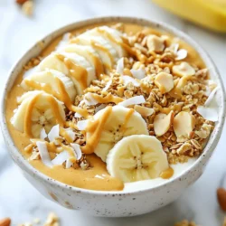 To make the Peanut Butter Banana Smoothie Bowl, gather these simple ingredients: - 2 ripe bananas (frozen if possible) - 1/2 cup Greek yogurt (or a dairy-free alternative) - 1/2 cup almond milk (or any preferred milk) - 3 tablespoons natural peanut butter - 1 tablespoon honey or maple syrup (optional) - 1/2 teaspoon vanilla extract - 1 tablespoon chia seeds - Suggested toppings: sliced banana, granola, chopped nuts, coconut flakes, drizzle of peanut butter Using ripe bananas gives your smoothie bowl a sweet taste. Frozen bananas make it thick and creamy. Greek yogurt adds protein and creaminess. You can swap it with a dairy-free option if you prefer. Almond milk is light and adds a nice flavor, but you can use any milk you love. Natural peanut butter is the star here, giving rich flavor and healthy fats. Honey or maple syrup adds sweetness, but you can skip it for a less sweet bowl. Vanilla extract brings warmth and depth to the mix. Chia seeds boost nutrition and add texture. When it comes to toppings, the options are endless. Sliced bananas add freshness. Granola brings crunch, while chopped nuts give a satisfying bite. Coconut flakes add a hint of tropical flair. A drizzle of peanut butter on top makes it even more delicious. Now that you know what you need, you're ready to make something truly tasty! {{ingredient_image_1}} 1. First, gather your ingredients. You need two ripe bananas, Greek yogurt, almond milk, and natural peanut butter. Add honey or maple syrup if you want extra sweetness. Don't forget vanilla extract and chia seeds! 2. Next, place the bananas, yogurt, almond milk, peanut butter, honey, vanilla, and chia seeds in a blender. Blend on high speed. Keep blending until the mix is smooth and creamy. If it feels too thick, add more almond milk. Blend again until it reaches your desired consistency. 1. Now, take the smoothie mix and pour it into a bowl. 2. It's time to top it! Arrange your favorite toppings. You can add sliced bananas, granola, chopped nuts, and coconut flakes. For an extra treat, drizzle more peanut butter on top! 1. For the best texture, use frozen bananas. They make the smoothie thick and creamy. 2. To boost flavor, try adding a pinch of salt or cinnamon. These small touches make a big difference! Enjoy this delicious bowl with a spoon and savor every bite. Choosing the right bananas Use ripe bananas for the best flavor. They should be yellow with some brown spots. If you freeze them, your smoothie bowl will be creamier. Frozen bananas add a thick, cold texture that feels indulgent. Selecting yogurt alternatives Greek yogurt adds creaminess and protein. You can easily swap it for a dairy-free option. Try coconut yogurt or almond yogurt for a lighter touch. Both options keep the bowl flavorful and rich. How to achieve a creamy consistency Blend on high speed until smooth. If the mix is too thick, add more almond milk. Start with a little, then blend again. It helps to stop and scrape down the sides. This ensures everything mixes well. Common mistakes to avoid Don’t overload the blender. Too many ingredients can make blending tough. Also, skip ice cubes; they dilute the flavor. Use frozen bananas instead. This will keep your smoothie bowl thick and creamy. Ideas for healthy and delicious toppings Top your bowl with sliced bananas, granola, and nuts. Chopped almonds or walnuts add great crunch. Coconut flakes give a tropical twist. A drizzle of peanut butter adds richness and flavor. Combining flavors for a gourmet experience Mix different textures and flavors. Pair crunchy toppings with creamy peanut butter. Add a sprinkle of chia seeds for an extra boost. The key is to balance the sweet and nutty flavors for a delightful bite. Pro Tips Use Frozen Bananas: Using frozen bananas gives your smoothie bowl a creamier texture and keeps it cold, making it more refreshing. Experiment with Toppings: Don't be afraid to mix and match your toppings! Try adding berries, seeds, or even a sprinkle of cinnamon for added flavor. Adjust Sweetness: Taste your smoothie before serving. If you prefer it sweeter, add more honey or maple syrup to suit your taste. Blend in Nutrients: Add a handful of spinach or kale to your smoothie for an extra boost of vitamins and minerals without altering the flavor too much. {{image_2}} To make your smoothie bowl dairy-free, swap Greek yogurt for coconut yogurt. This keeps it creamy and rich. You can also use almond milk or oat milk. Both add a nice touch. If you want a high-protein option, consider adding protein powder. A scoop of your favorite flavor works well. You can also use silken tofu instead of yogurt. It blends smoothly and boosts protein. For a chocolatey twist, add cocoa powder or chocolate protein. Just one tablespoon can change the game. It pairs perfectly with peanut butter and banana. Want to sneak in some greens? Add a handful of spinach or kale. You won’t taste it, but you’ll get extra vitamins. This makes your bowl even healthier. Use seasonal fruits for a fresh touch. In summer, top with fresh berries. In fall, pumpkin seeds or apple slices are great. You can also adapt your toppings for holidays. For Halloween, use orange slices or black seeds. For Christmas, sprinkle pomegranate seeds or add mint leaves. This keeps your smoothie bowl exciting all year long! To keep your smoothie bowl fresh, store it in an airtight container. Make sure to cover it well to prevent air from getting in. This keeps the flavors rich and tasty. If you have leftover bananas, slice them and sprinkle some lemon juice to stop browning. This method helps keep them looking fresh and appealing. You can freeze smoothie bowls for quick snacks later. Just pour the smoothie into a freezer-safe container. Leave some space at the top so it can expand. When you're ready to enjoy it, take it out and let it thaw in the fridge overnight. If you're in a hurry, you can also thaw it on the counter for about 30 minutes. Your smoothie bowl is best eaten fresh. It lasts in the fridge for about one day. If it starts to smell off or changes color, it’s time to toss it. Always trust your nose and eyes. If it looks or smells bad, don’t risk eating it. Enjoy your delicious creation while it’s at its best! Yes, you can use fresh bananas. However, frozen bananas make the smoothie cold and creamy. If you use fresh, add some ice to get the same texture. You can substitute Greek yogurt with any dairy-free yogurt, like almond or coconut yogurt. This keeps the bowl creamy without dairy. To make it more filling, add oats or protein powder. Chia seeds also help by expanding in your stomach, keeping you satisfied longer. Yes, this recipe can easily be vegan. Use a dairy-free yogurt and swap honey for maple syrup. This keeps it sweet and plant-based. You can prep the smoothie mixture in advance. Just store it in the fridge in an airtight container. Add toppings right before serving for the best taste. We explored how to create the perfect smoothie bowl. You learned about key ingredients like ripe bananas and Greek yogurt. I shared step-by-step instructions for prepping and blending. Tips for achieving the right texture and flavor made it easier. We also discussed toppings, variations, and storage methods. Smoothie bowls are fun, nutritious, and easy to customize. Try your favorites and enjoy every bite. With these tips, you can make delicious bowls every time. Happy blending!