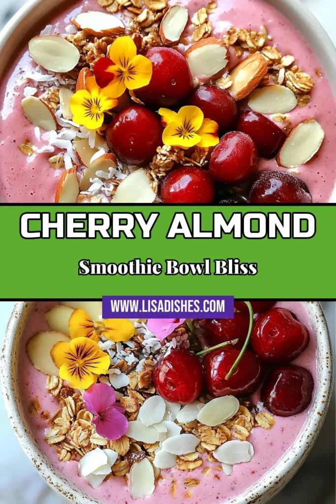 Start your day right with this delightful Cherry Almond Smoothie Bowl! This healthy smoothie bowl recipe combines frozen cherries, banana, almond milk, and chia seeds for a nutritious breakfast bowl that’s both delicious and vegan. Top it with sliced almonds and fresh cherries for the perfect finishing touch. Enjoy all the benefits of this chia seed smoothie bowl. Save this recipe for a quick, energizing meal! #SmoothieBowl #HealthyEating #VeganRecipes #BreakfastBowl