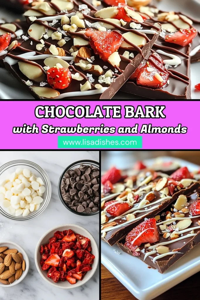 Indulge in this delicious chocolate covered strawberry bark, featuring a homemade chocolate bark recipe that’s easy to make! With dark and white chocolate layers topped with freeze-dried strawberries and crunchy almonds, it’s the perfect freeze-dried strawberries dessert. Whip up this easy chocolate treat in just 45 minutes. Save this chocolate almond bark recipe for your next sweet craving! #ChocolateCoveredStrawberryBark #HomemadeChocolateBark #EasyChocolateTreats #ChocolateAlmondBark