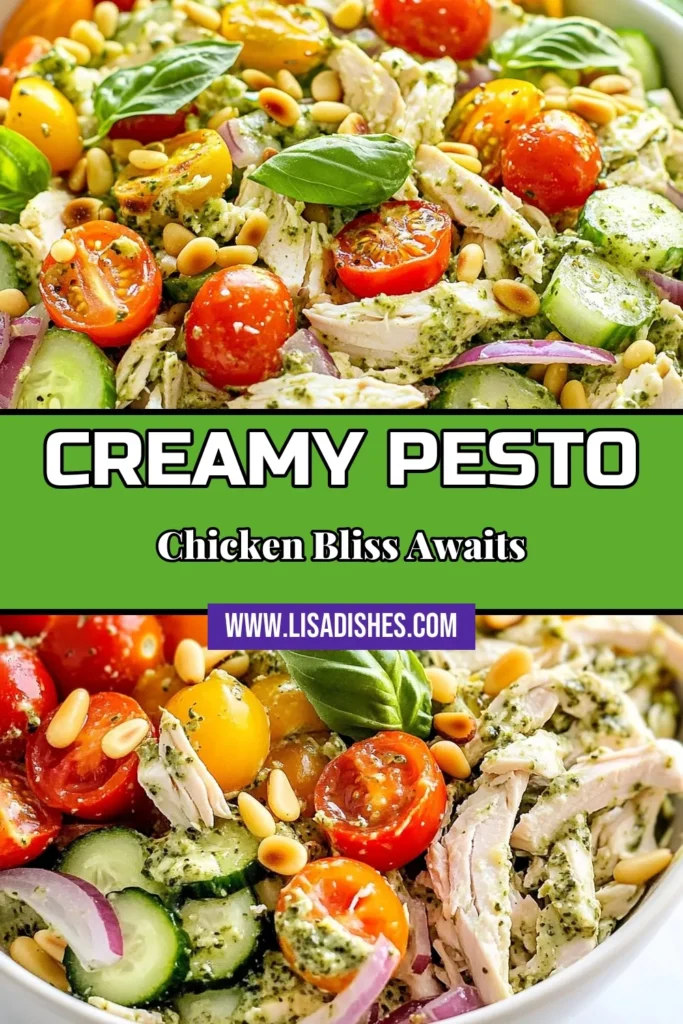 Looking for a refreshing and delicious meal? Try this creamy pesto chicken salad! This easy chicken salad recipe combines shredded chicken, fresh veggies, and a velvety basil pesto dressing, making it perfect for summer. Enjoy a healthy chicken salad with pesto that’s packed with flavor and nutrients. Serve it as a light main dish or a side. Save this recipe now for a delightful, flavorful lunch or dinner! #CreamyPestoChickenSalad #SummerChickenSalad #HealthyChickenSaladWithPesto #EasyChickenSaladRecipe