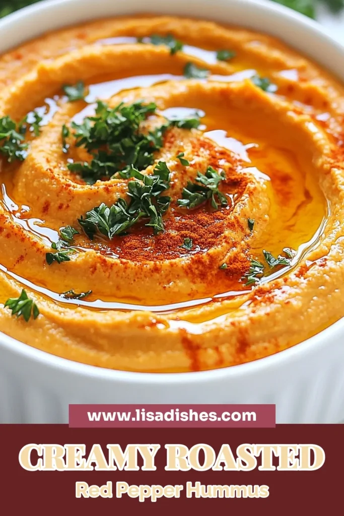 Discover the ultimate roasted red pepper hummus recipe that's a healthy hummus dip you'll love! This easy homemade hummus features roasted red peppers and tahini, perfect as a vegan roasted red pepper appetizer or a creamy chickpea dip with tahini. Whip this up in just 45 minutes, and impress your friends with a delicious, plant-based snack. Save this recipe for your next gathering! #Hummus #VeganRecipes #HealthySnacks #Appetizers