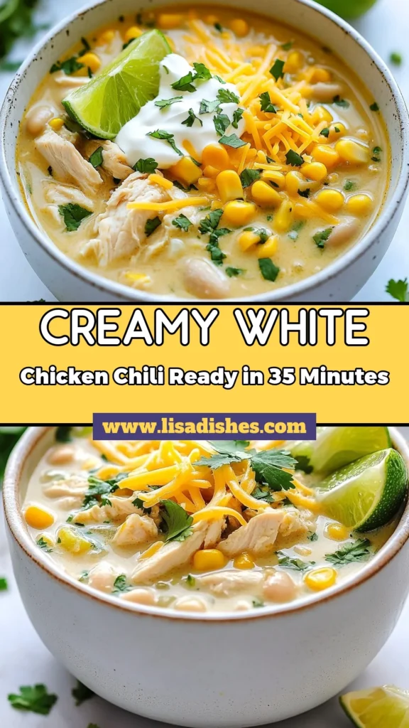 Looking for a comforting meal? Try this Creamy White Chicken Chili that's a breeze to make! This stovetop chili recipe combines tender chicken, white beans, and spices for a deliciously easy chicken chili. Finished with sour cream for that creamy texture, it's perfect for cozy dinners. Discover how to whip up this flavorful white bean chili in just 35 minutes! Save this recipe today! #WhiteChickenChili #StovetopChiliRecipe #EasyChickenChili #ChiliWithSourCream