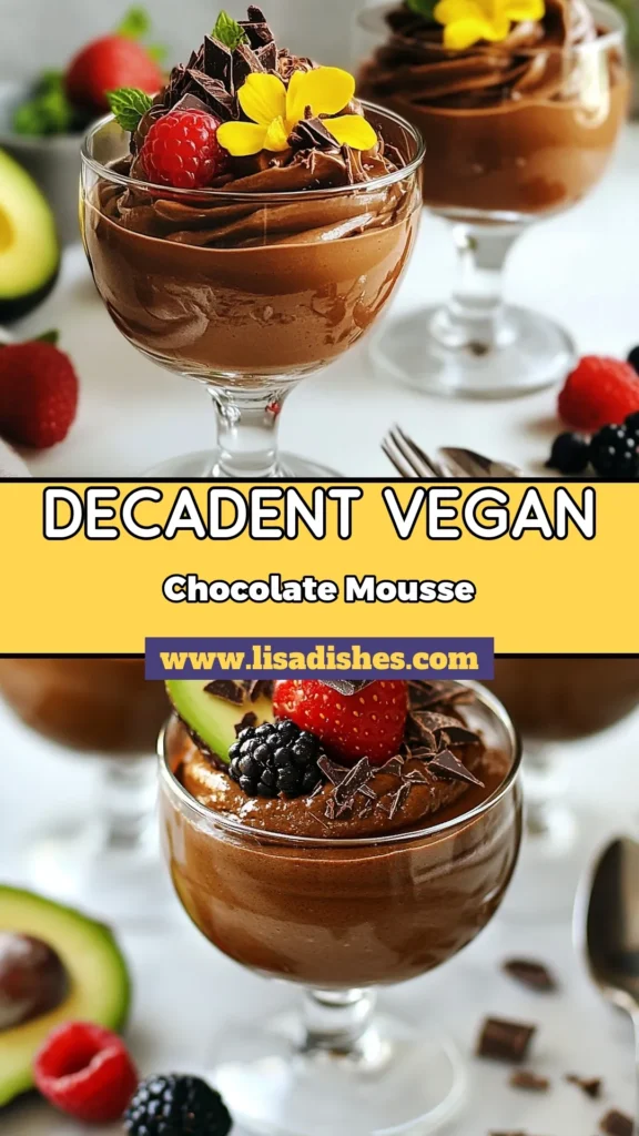 Indulge in the rich flavors of this Vegan Chocolate Avocado Mousse, a creamy dairy-free mousse that's perfect for any occasion. This healthy chocolate dessert recipe is quick to make and serves as a delightful plant-based chocolate treat. With simple ingredients like ripe avocados and cocoa powder, you'll enjoy a guilt-free dessert in just 40 minutes. Try this quick vegan dessert today! Save it for later! #VeganDessert #ChocolateMousse #HealthyTreat #PlantBasedDelight