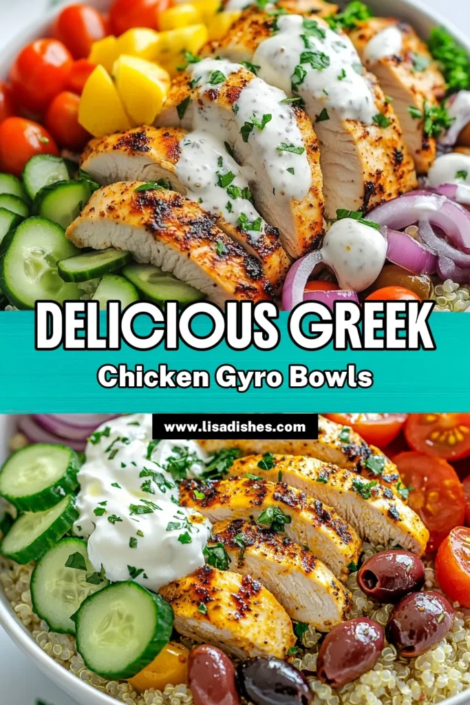 Dive into the flavors of Greece with these Greek chicken gyro bowls! This easy gyro bowl recipe features tender chicken paired with quinoa, fresh veggies, and a homemade tzatziki sauce recipe that will elevate your meals. Perfect for a healthy Greek chicken recipe, these chicken gyro bowls are quick to prepare and bursting with flavor. Save this recipe now for a delightful weeknight dinner! #GreekChickenGyroBowls #HealthyEating #EasyRecipe #MealPrep