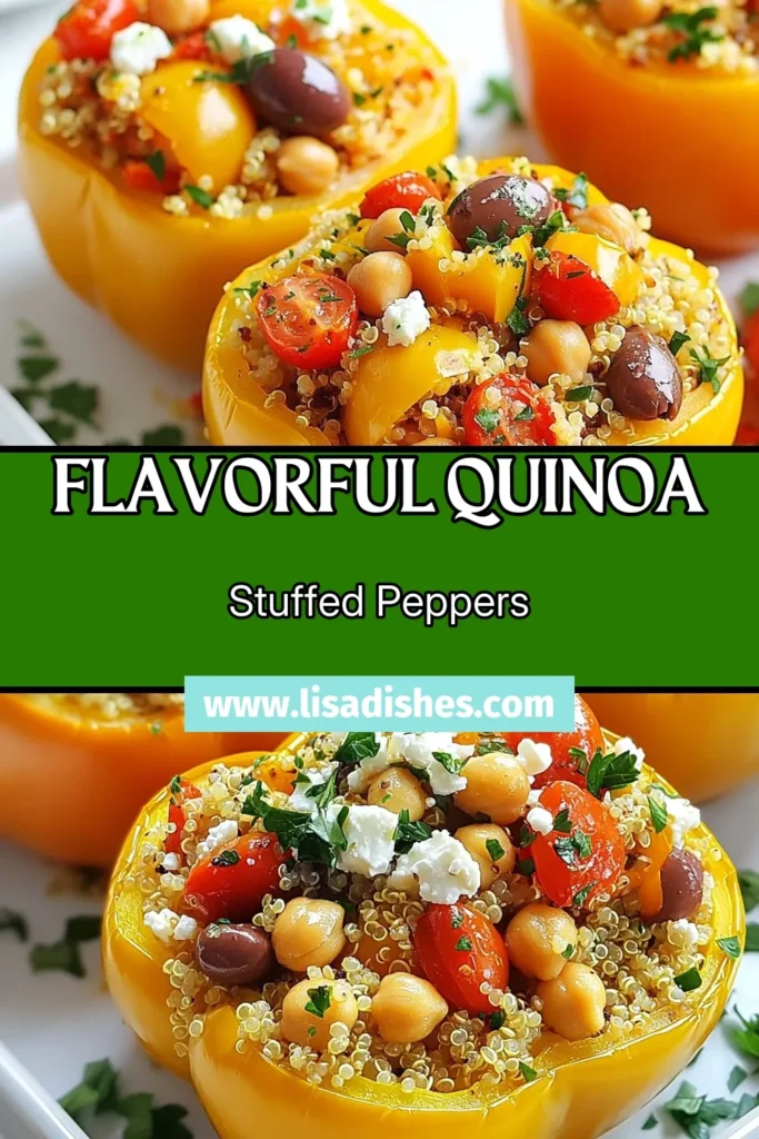 Discover a delightful twist on healthy bell pepper recipes with these Mediterranean Quinoa Stuffed Peppers! This quinoa stuffed peppers recipe is packed with chickpeas, vibrant veggies, and topped with feta for a burst of flavor. Perfect for meal prep or a quick weeknight dinner, these vegan quinoa recipes are sure to impress. Try this easy recipe today and enjoy a nutritious meal that everyone will love! Save for later! #MediterraneanStuffedPeppers #HealthyRecipes #VeganMeals #QuinoaRecipes