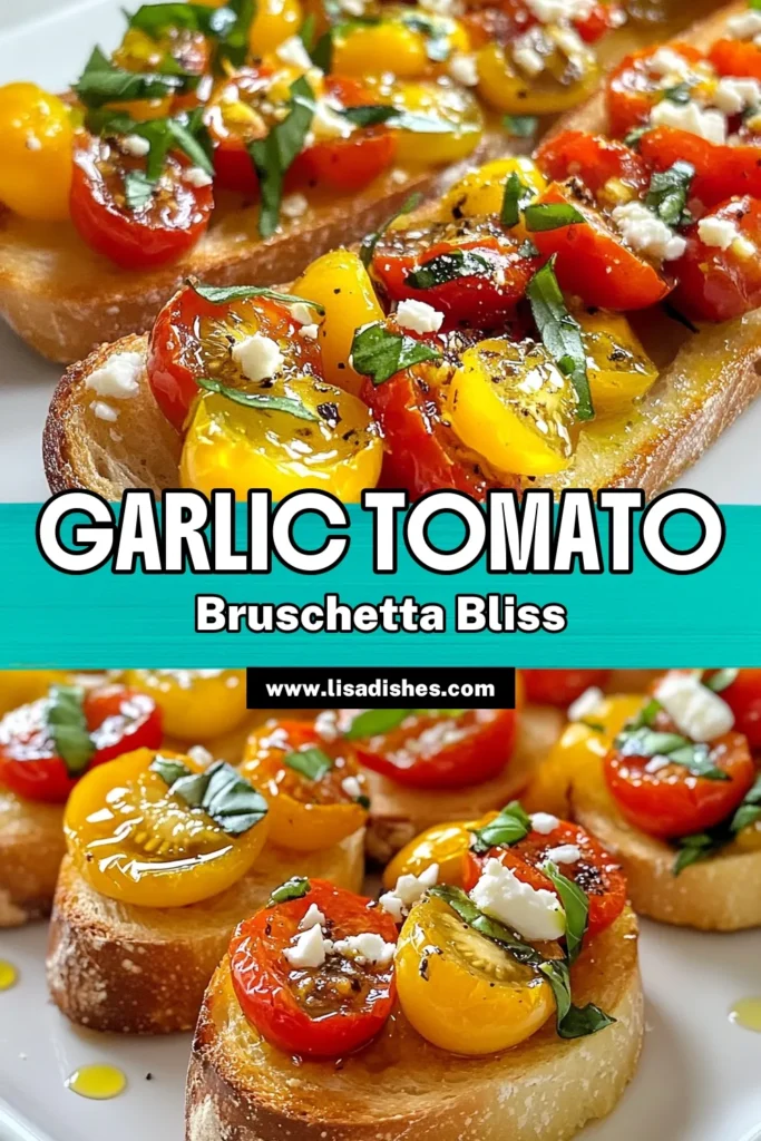 Create a delicious appetizer with this Roasted Garlic Tomato Bruschetta! This easy cherry tomato bruschetta recipe features a flavorful blend of roasted garlic and fresh basil over crispy baguette slices. Perfect for gatherings, this baguette appetizer recipe is a hit among Mediterranean garlic bread lovers. Impress your guests with this simple and tasty bruschetta topping. Try it today! #Bruschetta #Appetizers #MediterraneanFood #GarlicBread