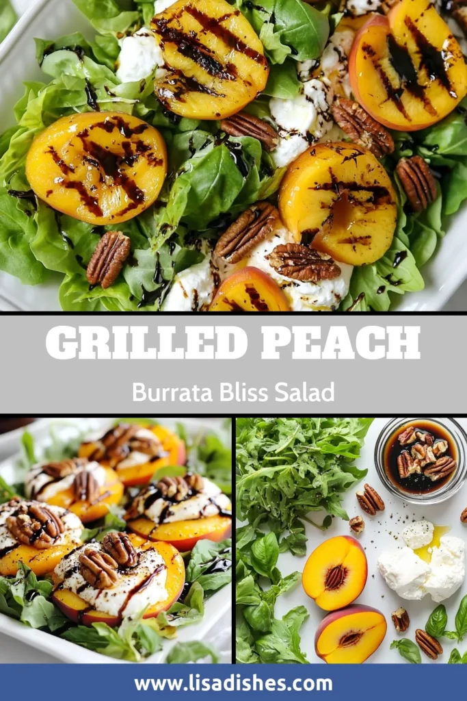 Discover the perfect summer salad recipe with this Grilled Peach Burrata Salad. Featuring juicy grilled peaches, creamy burrata cheese, and a drizzle of balsamic glaze, this healthy peach recipe is a delightful blend of flavors and textures. Ideal for warm days, this burrata cheese salad combines fresh greens and candied pecans for a unique twist. Try this grilled peach salad today and elevate your summer meals! #SummerSaladRecipes #GrilledPeachBurrataSalad #HealthyPeachRecipes #BurrataCheeseSalad
