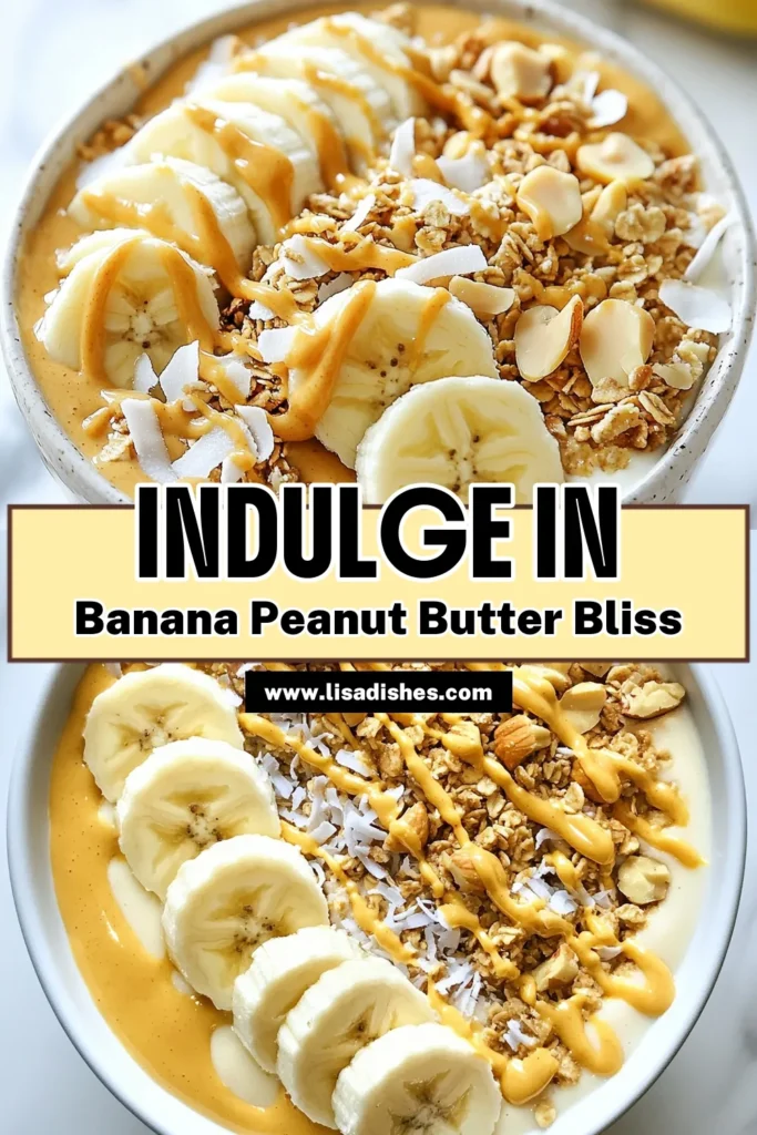 Discover the perfect start to your day with this Peanut Butter Banana Smoothie Bowl. Packed with flavor and nutrients, it’s an ideal option for anyone seeking healthy smoothie bowl recipes. This vegan smoothie bowl features ripe bananas, creamy Greek yogurt, and delicious peanut butter, topped with your favorite banana smoothie bowl toppings. Whip it up in just 10 minutes and enjoy a nutritious breakfast! Save this recipe for later! #SmoothieBowl #HealthyEating #VeganRecipes #BreakfastIdeas
