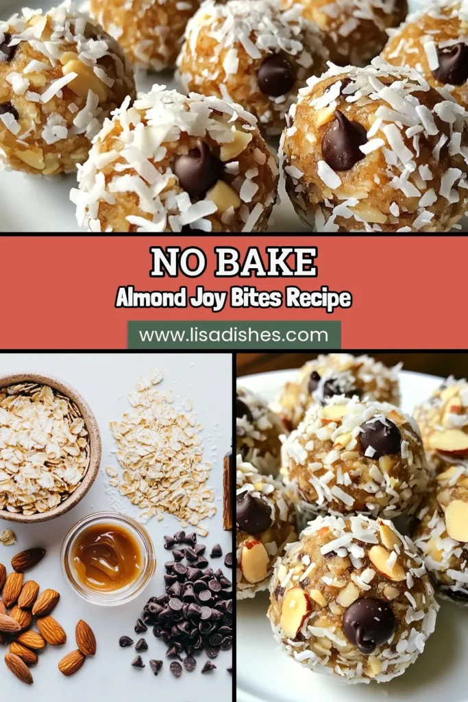Indulge in a deliciously satisfying treat with these Almond Joy energy bites! This healthy energy snack recipe combines almond butter, oats, shredded coconut, and dark chocolate chips for a no-bake protein snack you'll love. Perfect for an on-the-go boost, these coconut chocolate energy bites are nutritious and easy to make. Try this quick almond butter snacks recipe today! Save for later! #HealthySnacks #NoBakeRecipes #EnergyBites #AlmondJoyRecipes